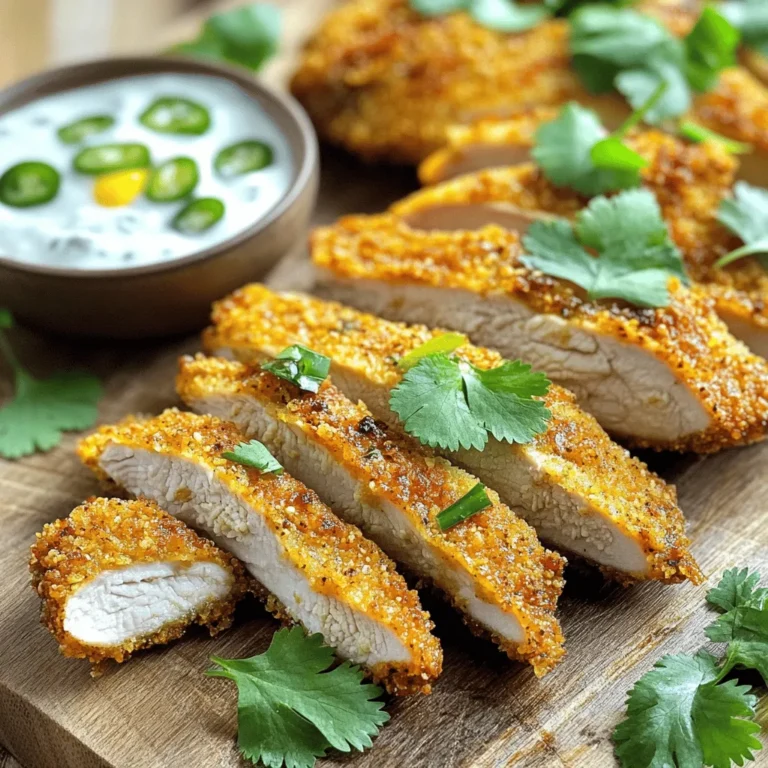 - 4 boneless, skinless chicken breasts - 1 cup jalapeno chips, finely crushed (can substitute with other spicy chips if desired) - 1/2 cup all-purpose flour - 2 large eggs - 1/4 cup buttermilk (or regular milk for a milder option) The chicken breasts are the star of this dish. They should be fresh and ready for a crunchy coat. I love using jalapeno chips for that spicy kick, but you can swap them out for any chips you like. Just make sure they are crunchy! - 1 teaspoon garlic powder - 1 teaspoon onion powder - 1/2 teaspoon smoked paprika - Salt and pepper to taste Seasoning is key. Garlic and onion powder add depth. Smoked paprika brings a warm flavor. Don’t forget the salt and pepper to enhance the taste! - Olive oil spray - Parchment paper Parchment paper is a game-changer. It keeps the chicken from sticking and makes clean-up easy. I also use olive oil spray on top of the chicken. It helps the crust get crispy and golden. For the full recipe, you can check out the complete instructions. Enjoy making this dish! First, you need to preheat your oven to 400°F (200°C). This step ensures your chicken bakes evenly and gets crispy. While the oven heats, set up your kitchen. You will need a clean workspace and three bowls for the dredging station. In the first bowl, mix the flour, garlic powder, onion powder, smoked paprika, salt, and pepper. Stir it well to combine all the flavors. In the second bowl, crack the eggs and whisk them with buttermilk until smooth. The third bowl will hold your finely crushed jalapeno chips, ready for coating. Now, it’s time to coat the chicken. Take one chicken breast and dip it into the flour mixture. Make sure to shake off any extra flour. This helps the coating stick better. Next, dip the floured chicken into the egg mixture. Let the excess egg drip off before moving to the last step. Finally, roll the chicken in the crushed jalapeno chips. Press the chips down gently. This helps them stick to the chicken. A good coating gives you that tasty crunch we all love. Place the coated chicken breasts on a baking sheet lined with parchment paper. This keeps the chicken from sticking and makes clean-up easy. For extra crispiness, lightly spray the tops with olive oil spray. Now, bake the chicken in your preheated oven for 20-25 minutes. You want the chicken to reach an internal temperature of 165°F. The coating should turn a lovely golden brown. After baking, let the chicken rest for about 5 minutes. This helps keep the juices inside. Once rested, you can slice and serve your delicious jalapeno chip crusted chicken. For the full recipe, check the earlier section. To make your jalapeno chip crust super crispy, use olive oil spray. This spray adds a light coat of oil, which helps the chips brown nicely. Make sure to spray the chicken tops after coating them with the crushed chips. Baking works great for this recipe. It gives you that crunch without frying. If you choose to fry, keep an eye on the heat. Frying can make the chips too dark before the chicken cooks through. Letting the chicken rest is key. After baking, let it sit for about five minutes. This step lets the juices settle back in the meat. It keeps the chicken moist and flavorful. Cook the chicken to an internal temperature of 165°F. Use a meat thermometer to check. This ensures the chicken is safe to eat and not dry. For dips, spicy ranch dressing pairs well with this dish. Guacamole is also a tasty choice. Both add extra flavor and make for a fun meal. When serving, slice the chicken into strips. Present it on a rustic wooden board for a nice touch. Garnish with fresh cilantro for color and a fresh taste. This makes your dish look as good as it tastes. For the full recipe and more details, check out the [Full Recipe]. {{image_4}} You can change the flavor of your jalapeno chip crusted chicken easily. Try using different flavored chips like BBQ or ranch for a fun twist. Each chip adds its own unique taste. You might also add spices or herbs to the flour mix. A pinch of cayenne or a dash of dried oregano can make it special. Experiment and find what you love! If you want a lower-calorie version, use whole wheat flour instead of all-purpose flour. You can also swap buttermilk with low-fat milk or yogurt. This keeps the dish tasty but lighter. For gluten-free options, choose gluten-free flour and chips. This way, everyone can enjoy the crispy flavor burst! Scaling the recipe is simple! If you need more servings, just double or triple the ingredients. Make sure to adjust the cooking time too. Larger batches may need a few extra minutes in the oven. Always check for the chicken’s internal temperature, which should be 165°F. You’ll have delicious chicken that’s perfect for any gathering! To store your leftover jalapeno chip crusted chicken, let it cool first. Place the chicken in an airtight container. This helps keep it fresh. Make sure to eat it within three to four days. If you want to keep it longer, freezing is a better option. To maintain freshness, avoid leaving the chicken out for more than two hours. That can let bacteria grow. Wrap each piece with plastic wrap for extra protection if needed. You can freeze baked chicken strips for later. First, let the chicken cool completely. Then, wrap each piece in plastic wrap or foil. Place the wrapped chicken in a freezer-safe bag. Make sure to remove as much air as possible. This helps keep the chicken fresh. When you are ready to eat, thaw the chicken in the fridge overnight. For best quality, reheat in the oven at 350°F (175°C) until hot. This ensures the breading stays crispy. Jalapeno chip crusted chicken can last in the fridge for three to four days. If you freeze it, it can last for about two to three months. After that, the quality may drop. Look for signs of spoilage. If the chicken has an off smell or unusual color, it is best to throw it away. Always trust your senses when it comes to food safety. For the full recipe, check the main article. You can use other spicy chips like chili cheese or nacho cheese chips. Both add a nice kick. If you want a milder taste, try plain potato chips or tortilla chips. They will still give your chicken a crunchy coating. For a different texture, consider crushed cornflakes or panko breadcrumbs. They provide a great crunch and can be seasoned to your liking. Yes, you can prepare the chicken ahead. Coat the chicken and place it on a baking sheet. Cover it with plastic wrap and keep it in the fridge for up to 24 hours. This saves time on busy days. For best results, do not bake the chicken until you're ready to eat. It helps keep the coating crispy and fresh. The safest way is to check the internal temperature. Use a meat thermometer. The chicken should reach 165°F (75°C) for safe eating. You can also look for visual cues. The chicken should be golden brown and juices should run clear. If you cut into it, there should be no pink inside. Enjoy your crispy jalapeno chip crusted chicken! Check out the Full Recipe for more details. This blog post covers how to make crispy chicken strips using jalapeno chips. We explored the key ingredients like chicken, chips, and seasonings. You learned the steps for preparing, coating, and baking your chicken to perfection. I shared tips for keeping your chicken juicy and crispy, along with flavorful variations and storage advice. Remember, small changes can lead to big flavor shifts. Enjoy experimenting in the kitchen! Your delicious, crispy chicken awaits!