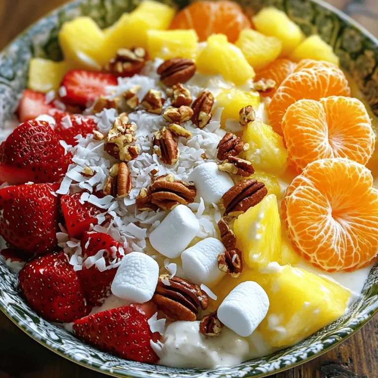 - 1 cup mini marshmallows - 1 cup shredded sweetened coconut - 1 cup diced pineapple (fresh or canned, well-drained) - 1 cup mandarin oranges (fresh or canned, well-drained) - 1 cup halved strawberries - 1/2 cup Greek yogurt (vanilla or plain) - 1/2 cup sour cream - 1 tablespoon honey (optional, for added sweetness) - 1/4 teaspoon vanilla extract - 1/4 cup chopped pecans or walnuts (optional, for added crunch) Gather these ingredients to create your delightful ambrosia salad. Each fruit adds a unique flavor and texture. The creamy dressing brings it all together. You can add nuts for extra crunch. This combination makes a fun and tasty dish. You can find the full recipe above for detailed steps to follow. Enjoy creating this delicious treat! Making Ambrosia Salad is easy and fun. Here’s a quick guide: 1. Gather all your ingredients. 2. Mix the fruits in a big bowl. 3. Whip up the creamy dressing in a small bowl. 4. Combine the dressing with fruits gently. 5. Chill in the fridge for an hour. 6. Serve and enjoy! To combine the fruits and dressing, follow these steps: - First, gently toss the mini marshmallows, shredded coconut, diced pineapple, mandarin oranges, and halved strawberries in a large bowl. - Be careful not to mash the fruits; you want to keep them whole. - In another bowl, whisk the Greek yogurt, sour cream, honey, and vanilla extract until smooth. - Slowly pour this creamy mixture over the fruits. - Use a spatula to fold it in softly. This keeps the fruit pieces intact. - If you like, add chopped pecans or walnuts for crunch at this point. Chilling is key for great flavor. Here’s why: - Cover the bowl with plastic wrap tightly. - Refrigerate the salad for at least 1 hour. - This time allows the flavors to blend and makes the salad cool and refreshing. - After chilling, it’s ready to serve. Enjoy your Tropical Ambrosia Delight! To make your ambrosia salad just right, you can adjust the sweetness and creaminess. If you want it sweeter, add more honey. Taste the mix and add little by little. For a creamier texture, use extra Greek yogurt or sour cream. This will make the salad rich and smooth. Serve your ambrosia salad cold for the best taste. You can scoop it into small bowls for individual servings. If you are hosting a party, use a large bowl to share. Top each serving with a sprinkle of shredded coconut or a few nuts for a lovely touch. This makes it look inviting and fun. To impress guests, style your ambrosia salad with flair. Use a clear glass bowl so they can see the colorful fruits. You can also layer the fruit and creamy mix to create a beautiful design. Add a mint leaf on top for a fresh look. This simple touch can elevate your dish for any special event. {{image_4}} You can swap fruits in ambrosia salad easily. Instead of pineapple, try fresh mango or kiwi. They add a sweet and juicy burst. If you want a tangy kick, use green apples or grapes. For a berry twist, blueberries or raspberries work great. Feel free to mix and match your favorites. Each fruit brings a new taste and color. This makes your salad fun and unique! Crispy nuts or coconut can take ambrosia salad to the next level. Chopped pecans or walnuts add a nice crunch. They balance the soft fruits and creamy dressing. If you love coconut, add more shredded coconut for a tropical vibe. Toasted nuts also enhance the flavor. Just sprinkle them in before serving. This little touch makes a big difference! You can adapt ambrosia salad for holidays or seasons. For spring, add pastel-colored fruits like peaches or cherries. In fall, use apples and cranberries for a cozy touch. During summer, mix in juicy watermelon or peaches. For winter, try pomegranate seeds for a festive look. Each theme makes the salad special and fun. Your guests will love the creativity! To keep your ambrosia salad fresh, place it in an airtight container. Make sure to cover it well. This helps keep the fruits from getting mushy. Store it in the fridge right after making it. The cool temperature helps the flavors blend. Always use a clean spoon to serve. This keeps it safe from germs. You can safely store ambrosia salad in the fridge for up to 3 days. After that, the fruits may start to lose their freshness. If you notice any strange smells or changes in texture, it’s best to toss it. Eating it fresh is always the tastiest option. I do not recommend freezing ambrosia salad. Freezing changes the texture of the fruits and cream. When thawed, the fruits can become watery and mushy. If you want to prepare it ahead of time, store it in the fridge instead. Enjoy it cold and fresh for a delightful treat! Ambrosia salad is a sweet fruit dish with a creamy base. It has roots in the Southern United States. The dish often combines fruits, nuts, and a sweet dressing. This salad is a fun mix of flavors and textures. It stands out at potlucks and holiday meals. Many families have their own versions of this classic dish. Yes, you can make ambrosia salad ahead. Mix the fruits and the creamy dressing separately. Combine them just before serving. This keeps the fruits firm and fresh. You can store the salad in the fridge for up to a day. Just make sure to cover it well. You can use many fruits in ambrosia salad. Try adding grapes, apples, or bananas. Kiwi and mango can add a tropical twist. Diced peaches or cherries also work well. Feel free to mix and match your favorites. The key is to keep the flavors bright and fresh. For the full recipe, check the Tropical Ambrosia Delight section. Ambrosia Salad is a fun and tasty dish made with fresh fruits and a creamy dressing. Using Greek yogurt and honey adds a great flavor boost. You can change the recipe by adding nuts or different fruits to make it your own. Remember to chill the salad well for the best taste. Watching how you present it will impress your guests at any party. Enjoy making or sharing this classic dish anytime!