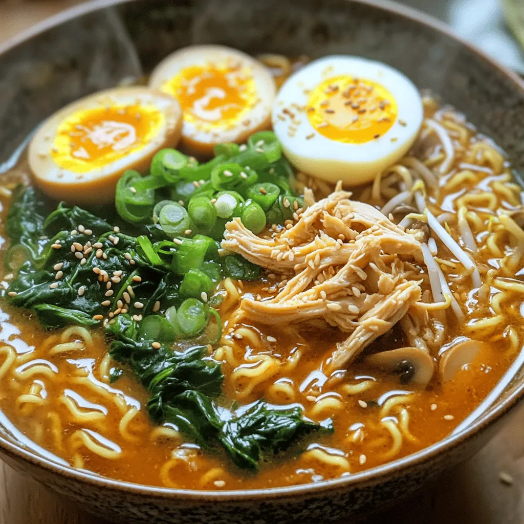 - 2 boneless, skinless chicken thighs - 4 cups chicken broth - 2 packs of instant ramen noodles - 1 tablespoon sesame oil - 1 tablespoon chili paste - 2 soft-boiled eggs - Sesame seeds for garnish - 2 cloves garlic, minced - 1 teaspoon fresh ginger, grated - 2 green onions, finely chopped - 1 cup baby spinach - 1 cup sliced mushrooms To create this fiery chicken ramen, you need some key ingredients. First, the chicken thighs are the star of the dish. They give a nice, rich flavor. Chicken broth adds depth to the soup. Instant ramen noodles cook quickly and soak up all the tasty broth. Sesame oil adds a nutty taste. Chili paste gives the dish its heat. You can adjust how much you use based on your spice preference. For optional ingredients, soft-boiled eggs add creaminess. Sesame seeds make a lovely garnish. Use fresh garlic and ginger for a bold flavor. Green onions add a fresh crunch. Baby spinach and mushrooms give extra nutrition and color. These ingredients come together in a simple way to create a warm, inviting meal. For the full recipe, you can check the details above. To start, you need to sear the chicken thighs. First, heat sesame oil in a medium pot over medium heat. Season the chicken with salt and pepper. Place the chicken in the pot and cook for about 4-5 minutes on each side. You want them golden-brown and fully cooked. After cooking, remove the chicken and let it rest for a few minutes. Resting is key. It helps keep the chicken juicy. Next, it’s time to make the broth. In the same pot, add minced garlic and grated ginger. Sauté for about 30 seconds. You’ll know it’s ready when the mixture smells great. Now add the chicken broth and bring it to a gentle simmer. Mix in the chili paste to adjust the heat. You can add more or less based on your taste. Once the broth is simmering, it’s time for the veggies. Add sliced mushrooms and baby spinach. Cook for about 5 minutes. The spinach should wilt, and the mushrooms need to be tender. While that cooks, add the ramen noodles to the pot. Cook them in the broth for about 3-4 minutes. They should be tender. Now, your base is almost ready! For the full recipe, check out the complete guide. To make your fiery chicken ramen just right, you can adjust the spice levels. Start with one tablespoon of chili paste. If you like it hotter, add more paste a little at a time. You can also try other ingredients for extra flavor. Add soy sauce for umami or lime juice for brightness. To ensure tender chicken, sear the thighs on medium heat. This gives them a nice crust and keeps them juicy. Let them rest before shredding. This step is key. For the noodles, cook them in the broth. This gives them a great flavor and the right texture. Follow the cooking time on the package, usually about three to four minutes. Serve your ramen in deep bowls to showcase the vibrant colors. Top each bowl with sliced green onions and sesame seeds for a pop of color. If using soft-boiled eggs, cut them in half and place them on top. This not only looks great but adds creaminess. For a final touch, drizzle a little sesame oil before serving. It makes the dish shine and smell amazing! {{image_4}} You can easily make a vegetarian version of this dish. Simply swap the chicken for tofu. Use firm tofu for the best texture. Press it first to remove excess water. Then, cut it into cubes. Sear the tofu in sesame oil until golden brown. The tofu will soak up the spicy broth, creating a rich flavor. You can also add more veggies, like bell peppers or carrots, for extra crunch. If you want to try different proteins, you have many options. Beef is a great choice; use thin slices of ribeye or flank steak. Cook it quickly in the hot broth for tender bites. Seafood lovers can add shrimp or fish. Just make sure to cook them for a short time. For a vegan option, consider using plant-based proteins like lentils or chickpeas. They will add protein and fiber to your meal. Everyone has different spice preferences. You can adjust the heat in your ramen easily. Start with a small amount of chili paste. Taste the broth before adding more. If you want it milder, use less chili paste or add coconut milk. For those who love heat, feel free to add hot sauce or extra chili flakes. You can even serve sliced jalapeños on the side for a spicy kick. Store any leftover fiery chicken ramen in an airtight container. Let it cool first. Place it in the fridge for up to three days. Keep the broth separate from the noodles if possible. This keeps the noodles from getting too soft. To reheat ramen, use a pot over low heat. Add a splash of broth or water to keep it moist. Stir gently to avoid breaking the noodles. Heat until warm, but do not boil. This helps to keep the texture nice. You can freeze fiery chicken ramen, but it’s best to freeze only the broth and chicken. Noodles don’t freeze well. Store broth in a freezer-safe container for up to three months. When you’re ready to eat, thaw it and cook fresh noodles. Enjoy the great taste anytime! For the full recipe, check out the recipe details above. To make your ramen hotter, you can add more chili paste. Start with one tablespoon and slowly add more. You can also throw in some sliced fresh chilies or a sprinkle of red pepper flakes. Another great option is to use spicy sesame oil instead of regular sesame oil. Taste as you go to find your perfect heat level. Yes, you can use many types of noodles in ramen! While instant ramen is quick, you can try fresh ramen noodles or udon noodles for a chewier bite. Soba noodles are a fun twist too! Just remember to adjust cooking times based on the noodle type you choose. Spicy foods have several health perks. They can boost your metabolism and may help with digestion. Capsaicin, found in chili peppers, may even reduce inflammation. Plus, spicy meals can make you feel full faster, which can help with portion control. Eating spicy foods can also add excitement to your meals! Fiery chicken ramen combines simple ingredients and bold flavors. From the chicken broth to the chili paste, each step adds depth. Don’t forget to customize with veggies or adjust spice levels. Remember, cooking techniques are key for a perfect bowl. Leftovers can be stored or reheated with care. Now, you have all the tools to create your own delicious ramen. Dive in and enjoy this fun, satisfying dish!