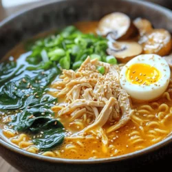 - 2 boneless, skinless chicken thighs - 4 cups chicken broth - 2 packs of instant ramen noodles - 1 tablespoon sesame oil - 1 tablespoon chili paste - 2 soft-boiled eggs - Sesame seeds for garnish - 2 cloves garlic, minced - 1 teaspoon fresh ginger, grated - 2 green onions, finely chopped - 1 cup baby spinach - 1 cup sliced mushrooms To create this fiery chicken ramen, you need some key ingredients. First, the chicken thighs are the star of the dish. They give a nice, rich flavor. Chicken broth adds depth to the soup. Instant ramen noodles cook quickly and soak up all the tasty broth. Sesame oil adds a nutty taste. Chili paste gives the dish its heat. You can adjust how much you use based on your spice preference. For optional ingredients, soft-boiled eggs add creaminess. Sesame seeds make a lovely garnish. Use fresh garlic and ginger for a bold flavor. Green onions add a fresh crunch. Baby spinach and mushrooms give extra nutrition and color. These ingredients come together in a simple way to create a warm, inviting meal. For the full recipe, you can check the details above. To start, you need to sear the chicken thighs. First, heat sesame oil in a medium pot over medium heat. Season the chicken with salt and pepper. Place the chicken in the pot and cook for about 4-5 minutes on each side. You want them golden-brown and fully cooked. After cooking, remove the chicken and let it rest for a few minutes. Resting is key. It helps keep the chicken juicy. Next, it’s time to make the broth. In the same pot, add minced garlic and grated ginger. Sauté for about 30 seconds. You’ll know it’s ready when the mixture smells great. Now add the chicken broth and bring it to a gentle simmer. Mix in the chili paste to adjust the heat. You can add more or less based on your taste. Once the broth is simmering, it’s time for the veggies. Add sliced mushrooms and baby spinach. Cook for about 5 minutes. The spinach should wilt, and the mushrooms need to be tender. While that cooks, add the ramen noodles to the pot. Cook them in the broth for about 3-4 minutes. They should be tender. Now, your base is almost ready! For the full recipe, check out the complete guide. To make your fiery chicken ramen just right, you can adjust the spice levels. Start with one tablespoon of chili paste. If you like it hotter, add more paste a little at a time. You can also try other ingredients for extra flavor. Add soy sauce for umami or lime juice for brightness. To ensure tender chicken, sear the thighs on medium heat. This gives them a nice crust and keeps them juicy. Let them rest before shredding. This step is key. For the noodles, cook them in the broth. This gives them a great flavor and the right texture. Follow the cooking time on the package, usually about three to four minutes. Serve your ramen in deep bowls to showcase the vibrant colors. Top each bowl with sliced green onions and sesame seeds for a pop of color. If using soft-boiled eggs, cut them in half and place them on top. This not only looks great but adds creaminess. For a final touch, drizzle a little sesame oil before serving. It makes the dish shine and smell amazing! {{image_4}} You can easily make a vegetarian version of this dish. Simply swap the chicken for tofu. Use firm tofu for the best texture. Press it first to remove excess water. Then, cut it into cubes. Sear the tofu in sesame oil until golden brown. The tofu will soak up the spicy broth, creating a rich flavor. You can also add more veggies, like bell peppers or carrots, for extra crunch. If you want to try different proteins, you have many options. Beef is a great choice; use thin slices of ribeye or flank steak. Cook it quickly in the hot broth for tender bites. Seafood lovers can add shrimp or fish. Just make sure to cook them for a short time. For a vegan option, consider using plant-based proteins like lentils or chickpeas. They will add protein and fiber to your meal. Everyone has different spice preferences. You can adjust the heat in your ramen easily. Start with a small amount of chili paste. Taste the broth before adding more. If you want it milder, use less chili paste or add coconut milk. For those who love heat, feel free to add hot sauce or extra chili flakes. You can even serve sliced jalapeños on the side for a spicy kick. Store any leftover fiery chicken ramen in an airtight container. Let it cool first. Place it in the fridge for up to three days. Keep the broth separate from the noodles if possible. This keeps the noodles from getting too soft. To reheat ramen, use a pot over low heat. Add a splash of broth or water to keep it moist. Stir gently to avoid breaking the noodles. Heat until warm, but do not boil. This helps to keep the texture nice. You can freeze fiery chicken ramen, but it’s best to freeze only the broth and chicken. Noodles don’t freeze well. Store broth in a freezer-safe container for up to three months. When you’re ready to eat, thaw it and cook fresh noodles. Enjoy the great taste anytime! For the full recipe, check out the recipe details above. To make your ramen hotter, you can add more chili paste. Start with one tablespoon and slowly add more. You can also throw in some sliced fresh chilies or a sprinkle of red pepper flakes. Another great option is to use spicy sesame oil instead of regular sesame oil. Taste as you go to find your perfect heat level. Yes, you can use many types of noodles in ramen! While instant ramen is quick, you can try fresh ramen noodles or udon noodles for a chewier bite. Soba noodles are a fun twist too! Just remember to adjust cooking times based on the noodle type you choose. Spicy foods have several health perks. They can boost your metabolism and may help with digestion. Capsaicin, found in chili peppers, may even reduce inflammation. Plus, spicy meals can make you feel full faster, which can help with portion control. Eating spicy foods can also add excitement to your meals! Fiery chicken ramen combines simple ingredients and bold flavors. From the chicken broth to the chili paste, each step adds depth. Don’t forget to customize with veggies or adjust spice levels. Remember, cooking techniques are key for a perfect bowl. Leftovers can be stored or reheated with care. Now, you have all the tools to create your own delicious ramen. Dive in and enjoy this fun, satisfying dish!