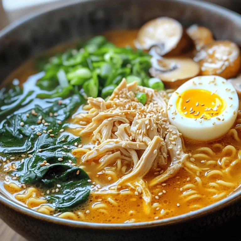 - 2 boneless, skinless chicken thighs - 4 cups chicken broth - 2 packs of instant ramen noodles - 1 tablespoon sesame oil - 1 tablespoon chili paste - 2 soft-boiled eggs - Sesame seeds for garnish - 2 cloves garlic, minced - 1 teaspoon fresh ginger, grated - 2 green onions, finely chopped - 1 cup baby spinach - 1 cup sliced mushrooms To create this fiery chicken ramen, you need some key ingredients. First, the chicken thighs are the star of the dish. They give a nice, rich flavor. Chicken broth adds depth to the soup. Instant ramen noodles cook quickly and soak up all the tasty broth. Sesame oil adds a nutty taste. Chili paste gives the dish its heat. You can adjust how much you use based on your spice preference. For optional ingredients, soft-boiled eggs add creaminess. Sesame seeds make a lovely garnish. Use fresh garlic and ginger for a bold flavor. Green onions add a fresh crunch. Baby spinach and mushrooms give extra nutrition and color. These ingredients come together in a simple way to create a warm, inviting meal. For the full recipe, you can check the details above. To start, you need to sear the chicken thighs. First, heat sesame oil in a medium pot over medium heat. Season the chicken with salt and pepper. Place the chicken in the pot and cook for about 4-5 minutes on each side. You want them golden-brown and fully cooked. After cooking, remove the chicken and let it rest for a few minutes. Resting is key. It helps keep the chicken juicy. Next, it’s time to make the broth. In the same pot, add minced garlic and grated ginger. Sauté for about 30 seconds. You’ll know it’s ready when the mixture smells great. Now add the chicken broth and bring it to a gentle simmer. Mix in the chili paste to adjust the heat. You can add more or less based on your taste. Once the broth is simmering, it’s time for the veggies. Add sliced mushrooms and baby spinach. Cook for about 5 minutes. The spinach should wilt, and the mushrooms need to be tender. While that cooks, add the ramen noodles to the pot. Cook them in the broth for about 3-4 minutes. They should be tender. Now, your base is almost ready! For the full recipe, check out the complete guide. To make your fiery chicken ramen just right, you can adjust the spice levels. Start with one tablespoon of chili paste. If you like it hotter, add more paste a little at a time. You can also try other ingredients for extra flavor. Add soy sauce for umami or lime juice for brightness. To ensure tender chicken, sear the thighs on medium heat. This gives them a nice crust and keeps them juicy. Let them rest before shredding. This step is key. For the noodles, cook them in the broth. This gives them a great flavor and the right texture. Follow the cooking time on the package, usually about three to four minutes. Serve your ramen in deep bowls to showcase the vibrant colors. Top each bowl with sliced green onions and sesame seeds for a pop of color. If using soft-boiled eggs, cut them in half and place them on top. This not only looks great but adds creaminess. For a final touch, drizzle a little sesame oil before serving. It makes the dish shine and smell amazing! {{image_4}} You can easily make a vegetarian version of this dish. Simply swap the chicken for tofu. Use firm tofu for the best texture. Press it first to remove excess water. Then, cut it into cubes. Sear the tofu in sesame oil until golden brown. The tofu will soak up the spicy broth, creating a rich flavor. You can also add more veggies, like bell peppers or carrots, for extra crunch. If you want to try different proteins, you have many options. Beef is a great choice; use thin slices of ribeye or flank steak. Cook it quickly in the hot broth for tender bites. Seafood lovers can add shrimp or fish. Just make sure to cook them for a short time. For a vegan option, consider using plant-based proteins like lentils or chickpeas. They will add protein and fiber to your meal. Everyone has different spice preferences. You can adjust the heat in your ramen easily. Start with a small amount of chili paste. Taste the broth before adding more. If you want it milder, use less chili paste or add coconut milk. For those who love heat, feel free to add hot sauce or extra chili flakes. You can even serve sliced jalapeños on the side for a spicy kick. Store any leftover fiery chicken ramen in an airtight container. Let it cool first. Place it in the fridge for up to three days. Keep the broth separate from the noodles if possible. This keeps the noodles from getting too soft. To reheat ramen, use a pot over low heat. Add a splash of broth or water to keep it moist. Stir gently to avoid breaking the noodles. Heat until warm, but do not boil. This helps to keep the texture nice. You can freeze fiery chicken ramen, but it’s best to freeze only the broth and chicken. Noodles don’t freeze well. Store broth in a freezer-safe container for up to three months. When you’re ready to eat, thaw it and cook fresh noodles. Enjoy the great taste anytime! For the full recipe, check out the recipe details above. To make your ramen hotter, you can add more chili paste. Start with one tablespoon and slowly add more. You can also throw in some sliced fresh chilies or a sprinkle of red pepper flakes. Another great option is to use spicy sesame oil instead of regular sesame oil. Taste as you go to find your perfect heat level. Yes, you can use many types of noodles in ramen! While instant ramen is quick, you can try fresh ramen noodles or udon noodles for a chewier bite. Soba noodles are a fun twist too! Just remember to adjust cooking times based on the noodle type you choose. Spicy foods have several health perks. They can boost your metabolism and may help with digestion. Capsaicin, found in chili peppers, may even reduce inflammation. Plus, spicy meals can make you feel full faster, which can help with portion control. Eating spicy foods can also add excitement to your meals! Fiery chicken ramen combines simple ingredients and bold flavors. From the chicken broth to the chili paste, each step adds depth. Don’t forget to customize with veggies or adjust spice levels. Remember, cooking techniques are key for a perfect bowl. Leftovers can be stored or reheated with care. Now, you have all the tools to create your own delicious ramen. Dive in and enjoy this fun, satisfying dish!
