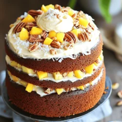 - 2 cups all-purpose flour - 1 ½ cups granulated sugar - 1 teaspoon baking soda - ½ teaspoon salt - 1 teaspoon ground cinnamon - 1 cup vegetable oil - 3 large eggs, at room temperature - 1 teaspoon pure vanilla extract - 1 ½ cups crushed ripe bananas - 1 cup crushed pineapple, well-drained - 1 cup finely chopped pecans or walnuts - ½ cup unsweetened shredded coconut - ½ cup diced fresh mango (optional) The main ingredients in Hummingbird Cake create a joyful blend of flavors. You can see the vibrant mix of tropical fruits and nuts. The bananas and pineapple add sweetness and moisture. The nuts give a nice crunch, while the coconut brings extra texture. Each bite feels like a trip to a sunny paradise. - 8 oz cream cheese, softened - ½ cup unsalted butter, softened - 4 cups powdered sugar - 1 teaspoon pure vanilla extract - Chopped pecans or shredded coconut for garnish (optional) The cream cheese frosting is rich and creamy. It perfectly balances the sweet cake. Using room temperature ingredients helps the frosting stay smooth. You can also add a sprinkle of nuts or coconut on top. This gives your cake a beautiful and inviting look. For the full recipe, check out the Tropical Hummingbird Cake section. You will love how easy it is to make this dessert. Each ingredient plays a role in creating a cake that is both fun and delicious. - Preheat the oven to 350°F (175°C). - Prepare two 9-inch round cake pans by greasing and dusting them with flour. - In a large bowl, combine 2 cups of flour, 1 ½ cups of sugar, 1 teaspoon of baking soda, ½ teaspoon of salt, and 1 teaspoon of cinnamon. Whisk these dry ingredients well. - In another bowl, mix 1 cup of vegetable oil, 3 eggs, and 1 teaspoon of vanilla extract until smooth. Slowly add this wet mix to the dry ingredients, stirring gently. - Gently fold in 1 ½ cups of crushed bananas, 1 cup of well-drained crushed pineapple, 1 cup of chopped nuts, ½ cup of shredded coconut, and ½ cup of diced mango if you like. - Carefully divide the batter evenly between the two prepared pans. - Place the pans in the oven and bake for 25-30 minutes. Check doneness by inserting a toothpick into the center; it should come out clean. - Once baked, remove the cakes from the oven and let them cool in the pans for 10 minutes. - Transfer the cakes to a wire rack to cool completely before frosting. - In a bowl, beat 8 oz of softened cream cheese and ½ cup of softened butter until creamy. - Gradually add 4 cups of powdered sugar and 1 teaspoon of vanilla extract. Beat until fluffy and well-mixed. - Place one cooled cake layer on a serving plate. Spread a layer of cream cheese frosting on top. - Add the second layer on top and frost the entire cake. You can garnish with chopped pecans or shredded coconut if desired. For the complete recipe, check out the Full Recipe. Enjoy your baking! - Ensure your oven is properly calibrated. An oven thermometer is a great tool for this. - Avoid overmixing the batter. Mix until just combined for the best texture. - Use room temperature ingredients for a smooth frosting. This helps everything blend well. - Chill the frosting briefly if it is too soft. A quick chill can make it easier to spread. - Display the cake on a cake stand for aesthetic appeal. This makes it look extra special. - Pair slices with fresh tropical fruit. Pineapple or mango can brighten the plate and taste delicious. These tips will help you make a great Hummingbird Cake. For the full recipe, check the earlier section. Enjoy your baking! {{image_4}} To make a vegan version, you need to replace eggs and dairy. You can use flaxseed or applesauce as egg replacers. For flaxseed, mix one tablespoon of ground flaxseed with three tablespoons of water. Let this sit for five minutes to thicken. For applesauce, use ¼ cup to replace one egg. This keeps the batter moist and fluffy. Using plant-based milk, like almond or oat milk, can replace dairy. You can also use coconut oil instead of butter for added richness. These swaps keep the cake delicious and moist. If you need a gluten-free cake, there are great flour alternatives. Almond flour or coconut flour works well. You can also use a gluten-free all-purpose blend. Make sure it has xanthan gum for better texture. Adjusting moisture is key. Gluten-free flours absorb more liquid. Add an extra egg or a bit of yogurt to help with moisture. This keeps your cake light and fluffy. You can easily change the flavors in your Hummingbird Cake. Add spices like nutmeg or ginger for warmth. These spices will enhance the cake’s tropical taste. Try adding fresh fruits too. Berries or citrus zest can give the cake a nice twist. They add bright flavors that mix well with the banana and pineapple. Experimenting with these variations makes your cake unique and fun. You can find the Full Recipe in the previous section. Happy baking! To keep your Hummingbird Cake fresh for a few days, store it in an airtight container at room temperature. This keeps the cake moist and tasty. If you want it to last longer, put it in the fridge. Just make sure to cover it well to avoid drying out. If you want to save some cake for later, freezing is a great option. First, let the cake layers cool completely. Then, wrap each layer tightly in plastic wrap. After that, put them in a freezer bag. When you are ready to enjoy the cake, take it out and let it thaw in the fridge. This helps keep the texture nice and soft. Hummingbird Cake is best enjoyed fresh, but it can last. When stored correctly, it stays good for about 4-5 days in the fridge. Watch for signs of spoilage. If you see mold or smell something off, it’s time to throw it away. Enjoy your cake while it’s still at its best! Hummingbird Cake comes from the South in the United States. It got its name from the sweet taste that attracts hummingbirds. The cake is a mix of bananas and pineapple. It often has nuts and coconut too. The dish reflects Southern hospitality and joy. Many people serve it at parties and special events. Yes, you can make Hummingbird Cake in advance. Bake the cake layers a day before. Let them cool completely, then wrap them in plastic wrap. Store them at room temperature or in the fridge. Frost the cake just before serving. This keeps the cake fresh and moist. To check if your cake is done, use a toothpick. Insert the toothpick into the center of the cake. If it comes out clean, the cake is ready. If it has batter on it, bake a few more minutes. Keep checking until the toothpick is clean. This method ensures the perfect bake every time. You can use a bundt pan for Hummingbird Cake. Just adjust the baking time. The cake may take longer to bake in a bundt pan. Start checking for doneness around 35 minutes. Use the toothpick test to ensure it’s fully baked. A bundt pan gives a beautiful shape and makes serving easy. Hummingbird cake is a delightful treat packed with flavors. You learned the key ingredients, step-by-step instructions, and tips for success. We explored fun variations and storage tips too. With these pointers, you can bake a perfect cake every time. Enjoy sharing this delicious dessert with friends and family. Don’t forget to experiment with flavors to make it your own! Happy baking!