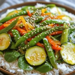 - 1 cup snap peas, trimmed - 1 bell pepper (your choice of red or yellow), sliced into thin strips - 1 medium zucchini, sliced into half-moons - 1 cup asparagus, cut into 2-inch pieces - 1 cup fresh baby spinach - 1/2 cup carrots, julienned In spring, fresh vegetables burst with flavor. Snap peas add a sweet crunch. Bell peppers bring color and sweetness. Zucchini offers a soft texture. Asparagus gives a slight bite. Baby spinach wilts to add depth. Carrots provide a hint of earthiness. - 2 garlic cloves, finely minced - 1-inch piece of ginger, freshly grated - 3 tablespoons low-sodium soy sauce (or regular if preferred) - 2 tablespoons toasted sesame oil - 1 tablespoon honey or maple syrup (to add a touch of sweetness) Garlic and ginger create a fragrant base. Soy sauce adds saltiness, enhancing flavors. Toasted sesame oil gives a nutty aroma. Honey or maple syrup offers a sweet balance. Together, these ingredients make the dish pop. - Salt and pepper, to taste - Sesame seeds, for garnish - Serving suggestions (e.g., rice or quinoa) Finish your stir-fry with salt and pepper. Sesame seeds add crunch and flavor. Serve over rice or quinoa for a complete meal. This vibrant dish is both healthy and satisfying, making it perfect for any spring gathering. For the full recipe, check out the details above. - Wash and trim vegetables. - Chop and julienne as needed. Start by washing all your vegetables. Use cold water to ensure they are clean. Trim the ends of snap peas and asparagus. Then, slice the bell pepper into thin strips. Cut the zucchini into half-moons. Julienning the carrots means cutting them into thin matchsticks. This will help all the vegetables cook evenly. - Heat the skillet or wok and add sesame oil. - Sauté garlic and ginger. - Stir-fry vegetables until tender. Next, heat a large skillet or wok over medium-high heat. Pour in the sesame oil and let it warm for about 30 seconds. Once hot, add the minced garlic and grated ginger. Stir them for about 30 seconds until you smell their wonderful aroma. Do not let them burn. Now, add the snap peas, bell pepper, zucchini, asparagus, and julienned carrots. Stir-fry these veggies for about 4-5 minutes. Mix them often. You want them tender but still a bit crisp. - Add soy sauce and honey. - Finish with baby spinach. - Adjust seasoning to taste. After the vegetables are cooked, drizzle the soy sauce and honey over them. Toss everything together to coat the veggies evenly. Continue stir-frying for another 2-3 minutes. This lets all the flavors blend well. Gently add the baby spinach to the mix. Stir it in until it just wilts, which takes about a minute. Taste your stir-fry and add salt and pepper as needed. You can find the full recipe for more details. Once everything looks great and tastes delicious, you can serve your vibrant dish. Enjoy the fresh flavors of spring! To make a great stir-fry, you need high heat. A hot pan helps cook the veggies fast. This keeps them crisp and colorful. Use a wok if you have one; it’s perfect for stir-frying. Preheat the skillet for a few minutes before adding oil. This helps the oil heat evenly. When you add the vegetables, spread them out in a single layer. This allows them to cook evenly. Stir them often, but don’t overcrowd the pan. Overcrowding means lower heat and soggy veggies. If you can’t find some veggies, don’t worry! You can swap them out easily. Try broccoli, green beans, or even mushrooms. Just cut them into similar sizes for even cooking. For those who are gluten-free, look for gluten-free soy sauce. Tamari is a great option too. It adds a nice flavor without gluten. To boost flavor, add spices. Chili flakes can give a nice kick. You can also add some sesame seeds or crushed peanuts for crunch. For garnishes, try fresh herbs like cilantro or green onions. They add color and freshness. A squeeze of lime juice right before serving brightens the dish. Enjoy making this vibrant spring vegetable stir-fry! You can find the full recipe above. {{image_4}} You can make your spring vegetable stir-fry heartier by adding protein. Chicken, shrimp, or tofu work great. For chicken, cut it into bite-sized pieces. Cook it in the pan before adding the vegetables. Shrimp cooks fast, so add it after the garlic and ginger. Tofu can be cubed and sautéed until golden. This boosts flavor and makes the meal more filling. Mix up the taste by using different sauces. Teriyaki sauce adds a sweet touch, while oyster sauce gives a savory depth. Want some heat? Add chili flakes or a squirt of sriracha. These simple swaps can transform your stir-fry into a new dish. Play around with flavors to find what you love best. You don't have to stick to spring vegetables. Try using summer squash, bell peppers, or even fall veggies like broccoli or carrots. Seasonal swaps keep your dish fresh and exciting. If you have leftovers, toss them into a salad or wrap. This way, you avoid waste and enjoy a tasty meal again. For the full recipe, check back to create your own spring vegetable stir-fry masterpiece! Store your leftovers in an airtight container. This keeps them fresh. You can enjoy them for up to 3 days in the fridge. Always check for any signs of spoilage before eating. Use clear containers so you can see what’s inside. This helps avoid waste. You can freeze stir-fry for later meals. Let it cool completely before freezing. Use freezer-safe bags or containers for storage. Make sure to remove as much air as possible. This prevents freezer burn. To thaw, leave it in the fridge overnight. You can also use the microwave for quick thawing. When ready to eat, reheat on the stove until hot. Prepare your spring vegetable stir-fry in advance. This saves time on busy days. Chop vegetables and store them in containers. Use clear glass or BPA-free plastic containers. You can mix and match veggies for variety. Cook the stir-fry on the day you plan to eat it for the best taste. Enjoy a healthy meal without the hassle! To make Spring Vegetable Stir-Fry, start by washing and chopping your vegetables. Heat sesame oil in a skillet. Add minced garlic and ginger, cooking for about 30 seconds. Next, toss in the snap peas, bell pepper, zucchini, asparagus, and carrots. Stir-fry for 4-5 minutes until tender. Drizzle soy sauce and honey, mixing everything well. Finally, add spinach and season to taste. For the full recipe, check below. Good vegetables for stir-fry include: - Snap peas - Bell pepper - Zucchini - Asparagus - Carrots - Broccoli These veggies cook quickly and keep their crunch. Choose fresh, crisp veggies for the best taste. Cut them into uniform sizes for even cooking. Yes, you can easily make this dish vegan. Simply replace honey with maple syrup. Make sure your soy sauce is vegan. This dish remains colorful and tasty without animal products. You can also add tofu for extra protein. Making a stir-fry takes about 20 minutes total. You’ll need 15 minutes for prep and 5 minutes for cooking. This quick time makes it a perfect meal for busy days. Yes, this recipe is very customizable. You can switch out vegetables based on what you have. Try adding mushrooms, bell pepper, or even baby corn. You can also adjust the sauce to suit your taste. Want it spicy? Add chili flakes. This blog post explored making a fresh spring vegetable stir-fry. We covered ingredients like snap peas, zucchini, and bell peppers, plus key seasonings. I shared step-by-step cooking instructions and tips for perfecting your stir-fry. Remember, you can customize the dish with proteins, sauces, or seasonal veggies. Don’t forget to store leftovers properly to enjoy them later. Embrace experimentation in your cooking and make it fun!