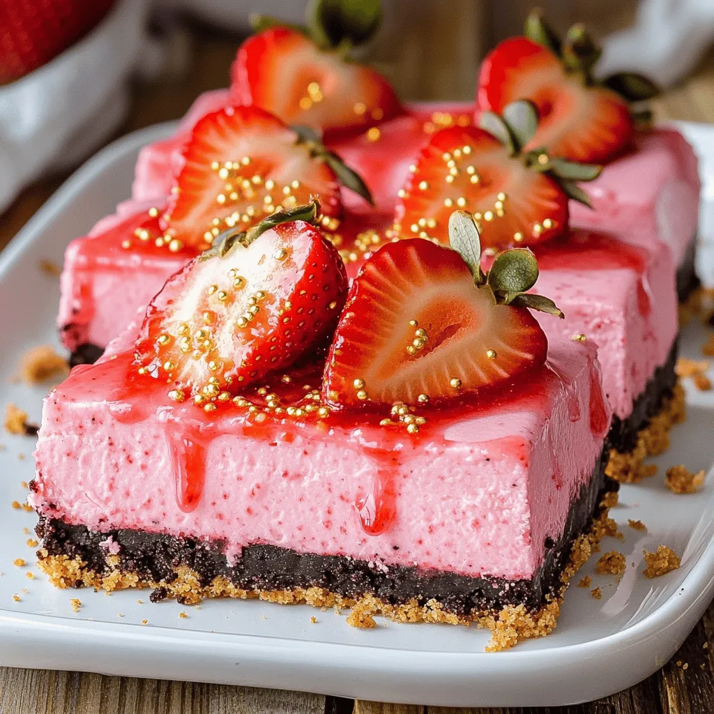 To make Golden Oreo Strawberry Cheesecake Bars, you will need: - 24 Golden Oreo cookies, finely crushed - 1/4 cup unsalted butter, melted - 16 oz cream cheese, softened to room temperature - 1 cup powdered sugar - 1 teaspoon pure vanilla extract - 1/2 cup sour cream - 1 cup fresh strawberries, pureed (set aside some for drizzling on top) - 1 cup whipped cream (store-bought or homemade) - Additional fresh strawberries for garnish - Optional: Gold sprinkles for an elegant touch I use fresh strawberries for the best flavor. Frozen strawberries work too but may change the texture. For the cream cheese, choose a high-fat brand. It makes the filling rich. If you're dairy-free, look for vegan cream cheese. You can also swap the sour cream with Greek yogurt for a tangy kick. For the crust, Golden Oreos give a sweet base. Regular Oreos can be a fun swap, but they will change the flavor a bit. You will need a few key tools to make this recipe easy: - A 9x9-inch square baking pan - Parchment paper or cooking spray for easy lifting - A medium mixing bowl for the crust - A large mixing bowl for the filling - An electric mixer to blend the cheesecake filling - A spatula for smoothing the layers These tools help make this treat simple and fun to create! First, set your oven to 325°F (160°C). This heat is perfect for baking. Next, grab a 9x9-inch square baking pan. Lightly grease it or line it with parchment paper. This step helps when lifting out the bars later. In a medium mixing bowl, take 24 crushed Golden Oreo cookies. Add 1/4 cup of melted unsalted butter. Stir until the crumbs are moist. This mixture should feel like wet sand. Now, press it firmly into the bottom of your baking pan. Make sure it’s even. Bake this crust for 10 minutes, then let it cool completely. For the filling, start with 16 oz of softened cream cheese. Use an electric mixer to beat it until smooth. Next, slowly add 1 cup of powdered sugar, 1 teaspoon of vanilla extract, and 1/2 cup of sour cream. Mix until everything is smooth and lump-free. Now it's time for the strawberries! Take 1 cup of fresh strawberries and puree them. Gently fold this puree into your cream cheese mixture. Mix until the color is even. Be careful not to deflate the mixture. This keeps it light and fluffy. Take 1 cup of whipped cream. Fold it into the strawberry mixture. This makes the filling airy and creamy. Once combined, pour the cheesecake mixture over your cooled Oreo crust. Use a spatula to smooth the top. Cover the baking pan with plastic wrap. Place it in the fridge for at least 4 hours. This helps the bars set and become firm. After chilling, cut the cheesecake into squares with a sharp knife. Drizzle each square with the reserved strawberry puree. Add fresh strawberry slices on top for garnish. For a special touch, sprinkle some gold sprinkles over the bars. These steps will help you create the perfect Golden Oreo Strawberry Cheesecake Bars. Enjoy the process and the tasty results! For the full recipe, refer to the [Full Recipe]. When making Golden Oreo strawberry cheesecake bars, it’s easy to make mistakes. Here are some pitfalls to watch out for: - <strong>Overmixing the Filling</strong>: This can make the cheesecake dense. Mix just until smooth. – <strong>Not Cooling the Crust</strong>: Always let the crust cool before adding the filling. This helps keep layers separate. – <strong>Skipping the Chill Time</strong>: Don’t rush this step. Chilling helps the bars set properly. Texture is key for a great cheesecake. Follow these tips: – <strong>Use Softened Cream Cheese</strong>: This ensures a smooth, creamy filling. Let it sit at room temp for 30 minutes before mixing. – <strong>Fold, Don’t Stir</strong>: When adding whipped cream, fold gently. This keeps air in the mixture and makes it fluffy. – <strong>Control the Temperature</strong>: Chill the bars for at least 4 hours. This allows the flavors to meld and the texture to set. You can customize this recipe easily. Here are some swaps: – <strong>Cream Cheese</strong>: Use Greek yogurt for a lighter option. – <strong>Fresh Strawberries</strong>: Swap in other fruits like raspberries or blueberries for a new taste. – <strong>Golden Oreos</strong>: Regular Oreos work, but they change the flavor. You can also try graham crackers for a different crust. For the full recipe, check out the detailed instructions to make these delightful bars. {{image_4}} You can switch up the fruit in these bars. Try using raspberries or blueberries. They add a nice color and flavor. You can also mix different fruits for a fun twist. Just make sure to adjust the sweetness if needed. Each fruit brings its own taste and charm to the cheesecake. If you want to skip the oven, you can make a no-bake version. Just use the same crust and filling. Instead of baking, chill the bars for longer. Let them set overnight for the best results. This method keeps your kitchen cool and saves time. You can change the crust too. Use crushed graham crackers or even chocolate cookies. Each option brings a new flavor to the bars. Just remember to mix with melted butter to hold it together. This way, you can create your own unique twist on the Golden Oreo Strawberry Cheesecake Bars. For the full recipe, check out the detailed instructions above. To keep your Golden Oreo strawberry cheesecake bars fresh, wrap them tightly. Use plastic wrap or foil. Place them in an airtight container. Store them in the fridge for up to five days. This way, you maintain their creamy texture and flavor. Always keep them chilled for best results. You can freeze these cheesecake bars for even longer storage. First, let them cool completely after chilling. Then, cut them into squares. Wrap each square in plastic wrap and then in foil. Place them in a freezer-safe bag. They can last for up to three months in the freezer. To enjoy them, simply thaw in the fridge overnight before serving. Generally, you won’t need to reheat cheesecake bars. They are best served cold. If you prefer them slightly warm, place a square in the microwave for just 10 to 15 seconds. Keep a close eye on it to avoid melting. Enjoy your delightful treat at the perfect temperature! Yes, you can use regular Oreos. They will add a different flavor. The classic chocolate taste will contrast nicely with the strawberry filling. Just crush them the same way you would the Golden Oreos. The texture will remain similar. The cheesecake bars last about 5 days in the fridge. Be sure to keep them covered. This will keep them fresh and tasty. If you notice any changes in texture or smell, it’s best to toss them. Yes, you can make this recipe gluten-free. Use gluten-free cookies as a crust. It’s easy to find gluten-free options in stores. Just check the labels to ensure they are safe for your needs. To cut cheesecake bars cleanly, use a sharp knife. Dip the knife in hot water and wipe it dry before cutting. This helps the knife glide through the bars. Repeat this process for each cut for neat slices. Enjoy your delicious Golden Oreo Strawberry Cheesecake Bars! This blog post covered how to make delicious cheesecake bars. We explored ingredients, preparation steps, and important tips. I shared how to make a golden Oreo crust and the perfect creamy filling. Remember, you can create variations with fruits or a no-bake version. Proper storage keeps leftovers fresh, too. As you try this recipe, be mindful of common mistakes for the best results. Enjoy every bite, and share these tasty bars with your friends!” /></p>
</p>
<h2>Variations</h2>
</p>
<h3>Different Fruit Purees to Use</h3>
</p>
<p>You can switch up the fruit in these bars. Try using raspberries or blueberries. They add a nice color and flavor. You can also mix different fruits for a fun twist. Just make sure to adjust the sweetness if needed. Each fruit brings its own taste and charm to the cheesecake.</p>
</p>
<h3>Making a No-Bake Version</h3>
</p>
<p>If you want to skip the oven, you can make a no-bake version. Just use the same crust and filling. Instead of baking, chill the bars for longer. Let them set overnight for the best results. This method keeps your kitchen cool and saves time.</p>
</p>
<h3>Alternative Crust Options</h3>
</p>
<p>You can change the crust too. Use crushed graham crackers or even chocolate cookies. Each option brings a new flavor to the bars. Just remember to mix with melted butter to hold it together. This way, you can create your own unique twist on the Golden Oreo Strawberry Cheesecake Bars.</p>
</p>
<p>For the full recipe, check out the detailed instructions above.</p>
</p>
<h2>Storage Info</h2>
</p>
<h3>How to Properly Store Leftovers</h3>
<p>To keep your Golden Oreo strawberry cheesecake bars fresh, wrap them tightly. Use plastic wrap or foil. Place them in an airtight container. Store them in the fridge for up to five days. This way, you maintain their creamy texture and flavor. Always keep them chilled for best results.</p>
</p>
<h3>Freezing Tips for Long-term Storage</h3>
<p>You can freeze these cheesecake bars for even longer storage. First, let them cool completely after chilling. Then, cut them into squares. Wrap each square in plastic wrap and then in foil. Place them in a freezer-safe bag. They can last for up to three months in the freezer. To enjoy them, simply thaw in the fridge overnight before serving.</p>
</p>
<h3>Reheating Guidelines if Needed</h3>
<p>Generally, you won’t need to reheat cheesecake bars. They are best served cold. If you prefer them slightly warm, place a square in the microwave for just 10 to 15 seconds. Keep a close eye on it to avoid melting. Enjoy your delightful treat at the perfect temperature!</p>
</p>
<h2>FAQs</h2>
</p>
<h3>Can I use regular Oreos instead of Golden Oreos?</h3>
<p>Yes, you can use regular Oreos. They will add a different flavor. The classic chocolate taste will contrast nicely with the strawberry filling. Just crush them the same way you would the Golden Oreos. The texture will remain similar.</p>
</p>
<h3>How long do the cheesecake bars last in the fridge?</h3>
<p>The cheesecake bars last about 5 days in the fridge. Be sure to keep them covered. This will keep them fresh and tasty. If you notice any changes in texture or smell, it’s best to toss them.</p>
</p>
<h3>Can I make this recipe gluten-free?</h3>
<p>Yes, you can make this recipe gluten-free. Use gluten-free cookies as a crust. It’s easy to find gluten-free options in stores. Just check the labels to ensure they are safe for your needs.</p>
</p>
<h3>What is the best way to cut cheesecake bars cleanly?</h3>
<p>To cut cheesecake bars cleanly, use a sharp knife. Dip the knife in hot water and wipe it dry before cutting. This helps the knife glide through the bars. Repeat this process for each cut for neat slices. Enjoy your delicious Golden Oreo Strawberry Cheesecake Bars!</p>
</p>
<p>This blog post covered how to make delicious cheesecake bars. We explored ingredients, preparation steps, and important tips. I shared how to make a golden Oreo crust and the perfect creamy filling. Remember, you can create variations with fruits or a no-bake version. Proper storage keeps leftovers fresh, too. As you try this recipe, be mindful of common mistakes for the best results. Enjoy every bite, and share these tasty bars with your friends!</p>
<div id=