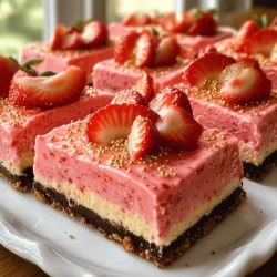 To make Golden Oreo Strawberry Cheesecake Bars, you will need: - 24 Golden Oreo cookies, finely crushed - 1/4 cup unsalted butter, melted - 16 oz cream cheese, softened to room temperature - 1 cup powdered sugar - 1 teaspoon pure vanilla extract - 1/2 cup sour cream - 1 cup fresh strawberries, pureed (set aside some for drizzling on top) - 1 cup whipped cream (store-bought or homemade) - Additional fresh strawberries for garnish - Optional: Gold sprinkles for an elegant touch I use fresh strawberries for the best flavor. Frozen strawberries work too but may change the texture. For the cream cheese, choose a high-fat brand. It makes the filling rich. If you're dairy-free, look for vegan cream cheese. You can also swap the sour cream with Greek yogurt for a tangy kick. For the crust, Golden Oreos give a sweet base. Regular Oreos can be a fun swap, but they will change the flavor a bit. You will need a few key tools to make this recipe easy: - A 9x9-inch square baking pan - Parchment paper or cooking spray for easy lifting - A medium mixing bowl for the crust - A large mixing bowl for the filling - An electric mixer to blend the cheesecake filling - A spatula for smoothing the layers These tools help make this treat simple and fun to create! First, set your oven to 325°F (160°C). This heat is perfect for baking. Next, grab a 9x9-inch square baking pan. Lightly grease it or line it with parchment paper. This step helps when lifting out the bars later. In a medium mixing bowl, take 24 crushed Golden Oreo cookies. Add 1/4 cup of melted unsalted butter. Stir until the crumbs are moist. This mixture should feel like wet sand. Now, press it firmly into the bottom of your baking pan. Make sure it’s even. Bake this crust for 10 minutes, then let it cool completely. For the filling, start with 16 oz of softened cream cheese. Use an electric mixer to beat it until smooth. Next, slowly add 1 cup of powdered sugar, 1 teaspoon of vanilla extract, and 1/2 cup of sour cream. Mix until everything is smooth and lump-free. Now it's time for the strawberries! Take 1 cup of fresh strawberries and puree them. Gently fold this puree into your cream cheese mixture. Mix until the color is even. Be careful not to deflate the mixture. This keeps it light and fluffy. Take 1 cup of whipped cream. Fold it into the strawberry mixture. This makes the filling airy and creamy. Once combined, pour the cheesecake mixture over your cooled Oreo crust. Use a spatula to smooth the top. Cover the baking pan with plastic wrap. Place it in the fridge for at least 4 hours. This helps the bars set and become firm. After chilling, cut the cheesecake into squares with a sharp knife. Drizzle each square with the reserved strawberry puree. Add fresh strawberry slices on top for garnish. For a special touch, sprinkle some gold sprinkles over the bars. These steps will help you create the perfect Golden Oreo Strawberry Cheesecake Bars. Enjoy the process and the tasty results! For the full recipe, refer to the [Full Recipe]. When making Golden Oreo strawberry cheesecake bars, it’s easy to make mistakes. Here are some pitfalls to watch out for: - Overmixing the Filling: This can make the cheesecake dense. Mix just until smooth. - Not Cooling the Crust: Always let the crust cool before adding the filling. This helps keep layers separate. - Skipping the Chill Time: Don’t rush this step. Chilling helps the bars set properly. Texture is key for a great cheesecake. Follow these tips: - Use Softened Cream Cheese: This ensures a smooth, creamy filling. Let it sit at room temp for 30 minutes before mixing. - Fold, Don’t Stir: When adding whipped cream, fold gently. This keeps air in the mixture and makes it fluffy. - Control the Temperature: Chill the bars for at least 4 hours. This allows the flavors to meld and the texture to set. You can customize this recipe easily. Here are some swaps: - Cream Cheese: Use Greek yogurt for a lighter option. - Fresh Strawberries: Swap in other fruits like raspberries or blueberries for a new taste. - Golden Oreos: Regular Oreos work, but they change the flavor. You can also try graham crackers for a different crust. For the full recipe, check out the detailed instructions to make these delightful bars. {{image_4}} You can switch up the fruit in these bars. Try using raspberries or blueberries. They add a nice color and flavor. You can also mix different fruits for a fun twist. Just make sure to adjust the sweetness if needed. Each fruit brings its own taste and charm to the cheesecake. If you want to skip the oven, you can make a no-bake version. Just use the same crust and filling. Instead of baking, chill the bars for longer. Let them set overnight for the best results. This method keeps your kitchen cool and saves time. You can change the crust too. Use crushed graham crackers or even chocolate cookies. Each option brings a new flavor to the bars. Just remember to mix with melted butter to hold it together. This way, you can create your own unique twist on the Golden Oreo Strawberry Cheesecake Bars. For the full recipe, check out the detailed instructions above. To keep your Golden Oreo strawberry cheesecake bars fresh, wrap them tightly. Use plastic wrap or foil. Place them in an airtight container. Store them in the fridge for up to five days. This way, you maintain their creamy texture and flavor. Always keep them chilled for best results. You can freeze these cheesecake bars for even longer storage. First, let them cool completely after chilling. Then, cut them into squares. Wrap each square in plastic wrap and then in foil. Place them in a freezer-safe bag. They can last for up to three months in the freezer. To enjoy them, simply thaw in the fridge overnight before serving. Generally, you won’t need to reheat cheesecake bars. They are best served cold. If you prefer them slightly warm, place a square in the microwave for just 10 to 15 seconds. Keep a close eye on it to avoid melting. Enjoy your delightful treat at the perfect temperature! Yes, you can use regular Oreos. They will add a different flavor. The classic chocolate taste will contrast nicely with the strawberry filling. Just crush them the same way you would the Golden Oreos. The texture will remain similar. The cheesecake bars last about 5 days in the fridge. Be sure to keep them covered. This will keep them fresh and tasty. If you notice any changes in texture or smell, it's best to toss them. Yes, you can make this recipe gluten-free. Use gluten-free cookies as a crust. It’s easy to find gluten-free options in stores. Just check the labels to ensure they are safe for your needs. To cut cheesecake bars cleanly, use a sharp knife. Dip the knife in hot water and wipe it dry before cutting. This helps the knife glide through the bars. Repeat this process for each cut for neat slices. Enjoy your delicious Golden Oreo Strawberry Cheesecake Bars! This blog post covered how to make delicious cheesecake bars. We explored ingredients, preparation steps, and important tips. I shared how to make a golden Oreo crust and the perfect creamy filling. Remember, you can create variations with fruits or a no-bake version. Proper storage keeps leftovers fresh, too. As you try this recipe, be mindful of common mistakes for the best results. Enjoy every bite, and share these tasty bars with your friends!