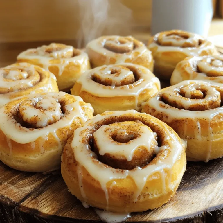 - 4 cups all-purpose flour - 1/4 cup granulated sugar - 1 packet (2 1/4 tsp) instant yeast - 1/2 teaspoon salt - 1 cup warm milk (about 100°F) - 1/4 cup unsalted butter, melted - 2 large eggs, at room temperature - 1 tablespoon vanilla extract - 1/2 cup packed brown sugar - 2 tablespoons ground cinnamon - 1/4 cup unsalted butter, softened (for spreading) - 1 cup powdered sugar (for icing) - 2 tablespoons milk (for icing) - 1 teaspoon vanilla extract (for icing) Gathering the right ingredients is key to making great cinnamon rolls. Each item plays a special role. The flour gives the rolls their structure. The sugar adds sweetness. Instant yeast helps them rise. Warm milk activates the yeast and softens the dough. Butter gives a rich flavor. Eggs add moisture and richness. Vanilla extract brings a lovely aroma. For the filling, brown sugar and cinnamon create that warm, cozy flavor we love. The softened butter helps the filling stick to the dough. Lastly, the icing, made with powdered sugar, milk, and vanilla, adds a sweet finish. Using fresh ingredients makes a big difference. Make sure your yeast is active. If you store your ingredients well, they will taste better. Now, let’s get ready to bake! For the full recipe, check out the detailed instructions. To start, combine warm milk, melted butter, granulated sugar, and yeast in a large bowl. Let it rest for about five minutes. You want to see bubbles form. Next, add two large eggs and one tablespoon of vanilla extract. Mix until it's smooth. Gradually add four cups of all-purpose flour and half a teaspoon of salt. Stir until you see a dough form. Transfer the dough to a floured surface and knead it for five to seven minutes. The dough should feel smooth and elastic. Now, transfer the dough into a greased bowl. Cover it with a clean kitchen towel. Place it in a warm area to rise for about one hour. The dough will double in size. This step is key for fluffy rolls. While the dough rises, combine half a cup of packed brown sugar and two tablespoons of ground cinnamon in a bowl. This mix will give your rolls that sweet, spicy flavor. Next, prepare your baking dish by greasing it lightly. This will help the rolls not stick. After the dough has risen, gently punch it down. Roll it out on a floured surface into a rectangle, about 16 by 12 inches. Spread a quarter cup of softened butter over the dough. Leave a small border around the edges. Sprinkle the cinnamon-sugar mix evenly over the butter. Starting from one long edge, roll the dough tightly into a log. Pinch the seams to seal it. Cut the log into 12 equal pieces and place them in the greased baking dish. Cover the dish with a cloth. Let the rolls rise for another 30 to 45 minutes. They should look puffy when ready. This second rise makes them light and airy. Preheat your oven to 350°F (175°C). Bake the rolls for 20 to 25 minutes. They should turn golden brown. While the rolls bake, prepare the icing. Whisk together one cup of powdered sugar, two tablespoons of milk, and one teaspoon of vanilla extract until smooth. Once the rolls cool for about five minutes, drizzle the icing over the top. Enjoy your homemade cinnamon rolls! For the complete recipe, check out the Full Recipe. To make the best cinnamon rolls, focus on the dough. You want it soft and stretchy. Start by mixing warm milk, melted butter, sugar, and yeast. Let it sit until it bubbles. This means your yeast is alive. Then, add the eggs and vanilla. Next, slowly mix in the flour and salt. Kneading is key. Use your hands to push the dough down and fold it over. Do this for about 5 to 7 minutes. When done, the dough should feel smooth. You can check this by pressing your finger into it. If it springs back, you’re good to go! The dough needs warmth to rise. Find a cozy spot, like near a warm oven. Cover the bowl with a towel. Let it sit for about an hour. You’ll know it’s ready when it’s doubled in size. If it looks puffy and soft, it’s perfect! For the second rise, after you cut the rolls, let them sit again for 30-45 minutes. This makes them fluffy. The rolls should look puffy and ready to bake. Icing makes your cinnamon rolls shine. For a thick icing, mix powdered sugar with milk and vanilla. Start with a small amount of milk. You can always add more if it’s too thick. Want to spice it up? Add some cinnamon or nutmeg to the icing. This gives it a warm flavor. You can even try adding cocoa powder for a chocolate touch. Check out the [Full Recipe] for step-by-step instructions to guide you! {{image_4}} To make vegan cinnamon rolls, you can swap a few ingredients. Instead of milk, use almond or soy milk. Replace the eggs with flaxseed meal or applesauce. Use a plant-based butter in place of the regular butter. This way, you get soft and fluffy rolls that everyone can enjoy! If you need gluten-free cinnamon rolls, choose the right flour. Almond flour or a gluten-free all-purpose blend works well. Make sure the blend has xanthan gum for better texture. This option gives you tasty rolls without the gluten. You can easily change up the flavors in your cinnamon rolls. Try adding chopped nuts, like walnuts or pecans, to the filling. Dried fruits such as raisins or cranberries add a sweet twist. If you're a chocolate lover, sprinkle mini chocolate chips inside the rolls. Each variation adds a fun new taste! To keep your cinnamon rolls fresh, store them in an airtight container. If you use the fridge, they last about 3 to 5 days. For longer storage, freeze them. Wrap each roll in plastic wrap and place them in a freezer-safe bag. This way, they stay good for about 2 to 3 months. When it’s time to enjoy your rolls again, use the oven or microwave. For the oven, preheat it to 350°F (175°C). Place the rolls on a baking sheet and cover them with foil. Heat for about 10 minutes until warm. If using the microwave, place a roll on a plate and heat for 20 to 30 seconds. Add a splash of water to keep them soft. Cinnamon rolls can last up to 5 days in the fridge. If frozen, they can stay fresh for 2 to 3 months. Always check for signs of spoilage, like an off smell or change in texture. Enjoy your heavenly cinnamon rolls at their best by storing them right! To make cinnamon rolls from scratch, follow these steps: 1. Combine Ingredients: Start by mixing warm milk, melted butter, sugar, and yeast in a bowl. Let it sit for about 5 minutes. 2. Add Eggs: Stir in room temperature eggs and vanilla extract until mixed well. 3. Mix Dough: Gradually add flour and salt. Mix until the dough pulls away from the sides. 4. Knead: Place the dough on a floured surface. Knead for 5-7 minutes until smooth. 5. First Rise: Put the dough in a greased bowl. Cover it and let it rise for about 1 hour. 6. Prepare Filling: Mix brown sugar and cinnamon while the dough rises. 7. Roll Out: Roll the dough into a rectangle. Spread softened butter, then sprinkle the cinnamon mix. 8. Shape Rolls: Roll the dough tightly and cut into pieces. 9. Second Rise: Place the rolls in a dish. Let them rise again for 30-45 minutes. 10. Bake: Preheat your oven to 350°F. Bake for 20-25 minutes. 11. Icing: Whisk powdered sugar, milk, and vanilla. Drizzle over warm rolls. This detailed process ensures that you create soft, warm cinnamon rolls. You can find the full recipe above. Several factors can cause your cinnamon rolls to not rise properly: - Old Yeast: If your yeast is expired, it won't work. Always check the date. - Cold Ingredients: If your milk or eggs are too cold, it can slow down yeast activity. Use warm milk and room temperature eggs. - Drafty Area: Yeast needs a warm, draft-free space to rise. Find a cozy spot in your kitchen. - Over-Kneading: Too much kneading can make the dough tough. Knead just until smooth. If your rolls do not rise, check these common issues. You can adjust your process next time for better results. Yes, you can prepare the dough ahead of time. Here’s how: - Refrigerate: After kneading, place the dough in a greased bowl. Cover it tightly and put it in the fridge. It can last up to 24 hours. - Bring to Room Temp: Before rolling, let the dough sit out for about 30 minutes. This allows the yeast to wake up again. - Follow Normal Steps: Once it’s at room temperature, follow the regular steps for rolling, filling, and rising. Making dough in advance helps save time on baking day. If you don’t have brown sugar, here are some great alternatives: - Granulated Sugar: Use white sugar in the same amount. It will be less rich but still sweet. - Honey or Maple Syrup: Use 3/4 cup of honey or maple syrup for each cup of brown sugar. Reduce liquid in the recipe slightly. - Coconut Sugar: This is a great 1:1 substitute. It has a similar flavor profile. - Agave Nectar: Use 2/3 cup of agave for every cup of brown sugar. Adjust for liquid in the recipe. These substitutes can help you achieve sweet and flavorful cinnamon rolls without brown sugar. This blog post guides you through making delicious cinnamon rolls from scratch. We covered the key ingredients, tools needed, and detailed steps for success. You learned tips on perfecting the dough and how to store your rolls. In closing, don’t shy away from trying variations like vegan or gluten-free options. Enjoy the joy of baking with these simple steps and create a treat that everyone will love. Your kitchen will smell great, and you’ll have warm rolls to share. Get started and savor the process!