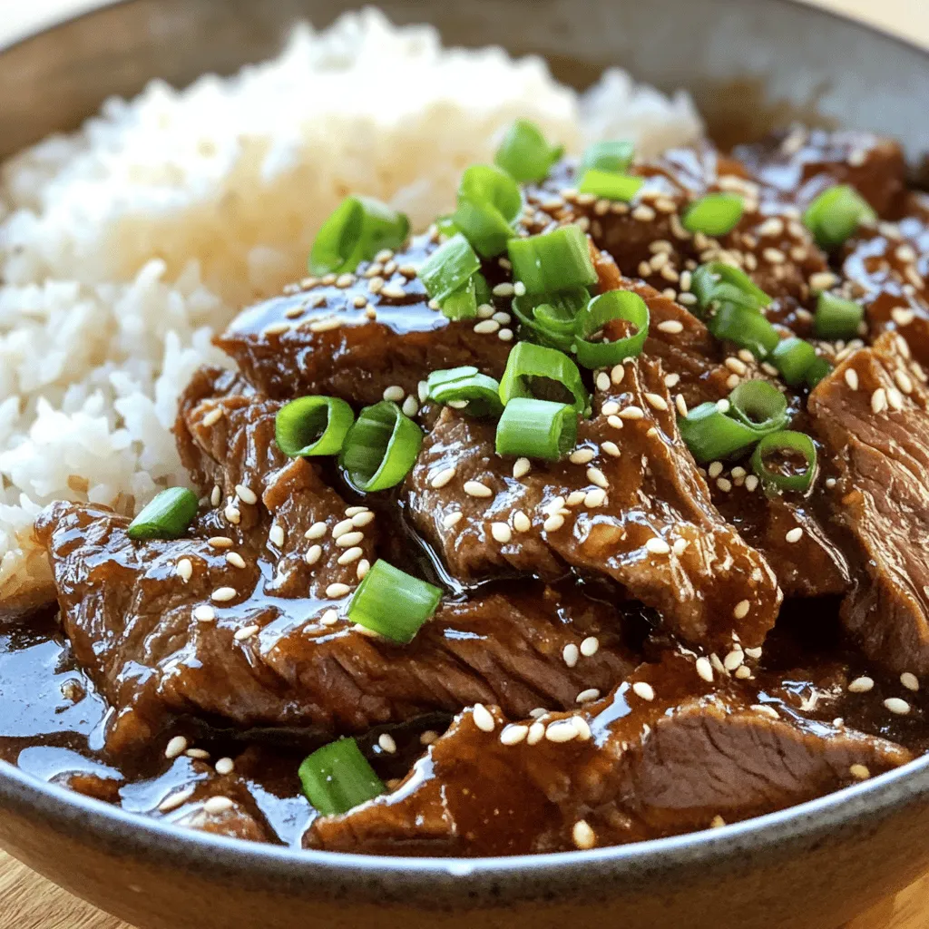 - 1 lb flank steak, thinly sliced against the grain - 1 cup soy sauce - 1/2 cup brown sugar - 1-inch piece fresh ginger, grated - 2 cloves garlic, finely minced - 2 green onions, chopped (divided into white and green parts) - 1 tablespoon cornstarch - 2 tablespoons vegetable oil - 1 tablespoon sesame oil - 1/2 teaspoon red pepper flakes (optional for heat) For a great Mongolian beef dish, these ingredients are key. The flank steak gives you great flavor and tenderness. Soy sauce adds depth, while brown sugar balances the saltiness. Fresh ginger and garlic bring warmth and zest. Green onions add a fresh pop. The cornstarch helps thicken the sauce for a rich texture. I love using vegetable and sesame oil for frying. They add a nutty taste. If you like heat, the red pepper flakes are an easy way to spice things up. Remember to use high-quality ingredients for the best results. For the full recipe, check out the instructions I shared earlier! To start, you need to marinate the beef. In a medium bowl, combine soy sauce, brown sugar, minced garlic, grated ginger, and the chopped white parts of the green onions. Mix well. Then, add your flank steak. Make sure all the beef is coated in the marinade. Cover the bowl and let it marinate for at least 30 minutes. This helps the beef soak up all those tasty flavors. Next, grab a small bowl to prepare the cornstarch mixture. Whisk together one tablespoon of cornstarch with two tablespoons of water. This creates a slurry that will help thicken your sauce later on. Now, it's time to cook. Heat two tablespoons of vegetable oil in a large skillet or wok over medium-high heat. When the oil is shimmering, carefully add the marinated beef. Remember to save the marinade for later! Sauté the beef for about 3 to 4 minutes, stirring often. It should brown nicely and cook through. Once done, remove the beef from the skillet and set it aside. In the same skillet, pour in the reserved marinade and bring it to a gentle simmer over medium heat. Stir in the cornstarch slurry you made earlier. Mix well to combine. Cook for another 2 to 3 minutes, stirring continuously until the sauce thickens. You want it just right for coating the beef. Now, return the cooked beef to the skillet. Toss it in the thickened sauce until all pieces are well coated. Add one tablespoon of sesame oil for flavor and, if you like, a pinch of red pepper flakes for heat. Stir everything together to blend the flavors. Time to serve! Plate the Mongolian beef generously over a bed of steamed rice or noodles. If you want to impress, drizzle some extra sauce over the top. Garnish with the green parts of the chopped green onions and a sprinkle of sesame seeds. This adds a nice crunch and a pop of color to your dish. Enjoy your delicious meal! For the full recipe, refer back to the ingredients list. - Use a resealable bag for thorough marination. - Allow longer marination for deeper flavor. Marinating beef is key to great taste. I suggest using a resealable bag. This lets the marinade coat the beef well. It also makes it easy to mix. If time allows, let the beef marinate for at least one hour. For the best flavor, try marinating overnight. - Ensure skillet or wok is hot before adding beef. - Cook beef in batches if necessary to avoid steaming. A hot skillet or wok is a must. This helps to sear the beef quickly. If the pan is cool, the beef will steam instead. This can make it tough. If you have a lot of beef, cook it in batches. This way, all pieces get that nice brown color. - Adjust cornstarch amount for preferred thickness. - Add water if sauce becomes too thick. The sauce is what makes Mongolian beef shine. Use cornstarch to thicken it. If you like a thicker sauce, add more cornstarch. If it gets too thick, just add water. You can adjust until it’s just right for your taste. {{image_4}} To add some heat to your Mongolian beef, use more red pepper flakes or chili paste. Start with an extra half teaspoon of red pepper flakes. If you like it spicier, go for a full teaspoon. Chili paste can also bring great flavor and heat. Mix it into the marinade for a warm kick. Adjust the spice to match your taste. This spice will balance well with the sweet sauce. You can make your dish even better by adding veggies. Bell peppers, snap peas, and broccoli are great choices. These veggies add color and nutrition. Slice bell peppers into strips and toss them in. Add snap peas for a nice crunch. Broccoli florets can be steamed lightly before mixing in. This twist gives you a heartier meal full of flavors. If you want a lighter dish, switch up the meat. Use lean cuts like sirloin or chicken for a healthier option. You can even use tofu if you prefer a plant-based meal. Make sure to slice it thinly for even cooking. This way, you can enjoy all the flavors while keeping it nutritious. By making these swaps, you can still savor the taste of Mongolian beef without the extra fat. For the full recipe, check out the instructions above! Store leftovers in an airtight container for up to 3 days. This keeps the beef fresh. If you plan to eat it later, let it cool before storing. Allow the dish to cool completely. Then, portion it into freezer bags. You can freeze Mongolian beef for up to 3 months. Just make sure to remove as much air as possible. When you’re ready to eat, reheat it on the stovetop or in the microwave. Heat until it is warm all the way through. This will help bring back the flavors. Enjoy it with fresh rice or noodles. For the full recipe, check out the previous sections. Mongolian Beef is made from a blend of flank steak, soy sauce, and other tasty ingredients. The flank steak gives it a tender bite. The soy sauce adds saltiness and depth. Other ingredients like garlic and ginger bring layers of flavor. All these components create a rich dish that is both simple and flavorful. To make Mongolian Beef less sweet, you can reduce the amount of brown sugar in the marinade or sauce. Start by cutting it in half. Taste as you go, and adjust to your liking. This way, you can control the sweetness while keeping the dish delicious. Yes, you can use a different cut of beef, like sirloin or ribeye. These cuts are also tender and work well in this recipe. Just make sure to slice them thinly, similar to flank steak. This helps them cook evenly and stay juicy. You can serve Mongolian Beef with a variety of sides. Recommended options include steamed rice, noodles, or stir-fried vegetables. Each side brings its own flavor and texture. Rice soaks up the sauce, while noodles add a chewy bite. Stir-fried veggies add freshness and color to your plate. To prevent the beef from becoming tough, slice the meat against the grain. This makes each bite more tender. Also, avoid overcooking the beef. Cook it just until it is browned and cooked through. This way, you keep it juicy and flavorful. You've learned how to make delicious Mongolian Beef from scratch. We covered key ingredients like flank steak, soy sauce, and ginger. I shared step-by-step instructions, tips for marination, and ways to adjust flavors. Don’t forget, you can customize this dish with veggies or spiciness. Proper storage keeps your leftovers fresh. With these easy steps, you can impress anyone with a tasty meal. Enjoy cooking!
