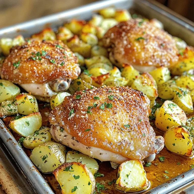 - 4 boneless, skinless chicken thighs - 4 medium-sized potatoes, cut into 1-inch cubes - 1/2 cup freshly grated Parmesan cheese - 4 cloves of garlic, minced - 2 tablespoons extra virgin olive oil - 1 teaspoon dried oregano - 1 teaspoon dried thyme - 1 teaspoon garlic powder - Salt and freshly ground black pepper, to taste - Fresh parsley, chopped, for garnish Gathering these ingredients is simple. Start with boneless chicken thighs, as they cook evenly and stay juicy. Use medium-sized potatoes and cut them into 1-inch cubes. This size ensures they cook at the same rate as the chicken. Freshly grated Parmesan cheese adds a rich, savory flavor that makes every bite delightful. Next, for the seasoning, you need fresh garlic. Minced garlic brings a strong aroma that enhances the dish. Combine this with extra virgin olive oil to help the spices stick. Dried oregano and thyme add warmth and earthiness. Garlic powder gives an extra punch of garlic flavor. Don’t forget to season with salt and pepper to taste! Finally, fresh parsley is a must for garnish. It adds a bright touch and a hint of freshness. These ingredients make your Garlic Parmesan Chicken and Potatoes a true delight. For the full recipe, check the details above. - Preheat the oven to 425°F (220°C). This step warms the oven and helps cook the food evenly. - Marinate the chicken with the seasoning mixture. In a bowl, mix olive oil, minced garlic, oregano, thyme, garlic powder, salt, and pepper. Toss the chicken thighs in this mix. Let them sit for 15 minutes to soak up the flavors. - Season the potatoes and arrange them on a baking sheet. Cut the potatoes into 1-inch cubes. In a bowl, drizzle olive oil over them, then add salt, pepper, and garlic powder. Toss well to coat. - Bake the chicken and potatoes, then add Parmesan cheese. Place the marinated chicken in the center of a lined baking sheet. Spread the seasoned potatoes around the chicken. Bake for 25 minutes until cooked through. Remove the sheet and sprinkle grated Parmesan over both the chicken and potatoes. - To garnish before serving, chop fresh parsley. Sprinkle it over the dish for a fresh look. - For perfect doneness, check the chicken’s internal temperature; it should be 165°F (74°C). The potatoes should be golden and crispy on the edges. For more detailed cooking steps, check out the Full Recipe. How to achieve crispy potatoes To get crispy potatoes, cut them into even pieces. This helps them cook at the same rate. Toss them with olive oil, salt, and pepper. Make sure they are well coated. Spread them out on the baking sheet. Avoid crowding them, as this traps steam. Bake them until golden brown. Ensuring juicy chicken For juicy chicken, use thighs instead of breasts. They have more fat, which keeps them moist. Marinate the chicken for at least 15 minutes. This helps the flavors soak in. Cook it at a high temperature to seal in the juices. Use a meat thermometer to check if it’s done. Aim for 165°F (74°C) for safe eating. Additional herbs and spices to consider You can add more flavor with herbs like rosemary or basil. A sprinkle of paprika gives a nice kick. For a zestier taste, try adding lemon zest or juice. Mix and match to find your favorite blend. Suggestions for homemade marinades For a quick marinade, mix olive oil, lemon juice, and honey. You can add mustard or soy sauce for depth. Let the chicken soak in the marinade for a few hours. This will enhance its flavor and tenderness. For an easy option, use yogurt to marinate. It adds creaminess and helps keep the chicken juicy. Don't forget to check out the Full Recipe for detailed instructions! {{image_4}} If you want to mix things up, try different cuts of chicken. Chicken breasts are a lean choice, while drumsticks add extra flavor. You can also use bone-in pieces for a juicier result. Just adjust your cooking time. For the potatoes, feel free to swap in other veggies. Sweet potatoes bring a nice sweetness. Cauliflower can be a great low-carb option. Just cut them into similar-sized pieces for even cooking. Changing the cheese can add a new taste. Mozzarella gives a gooey, stretchy texture. Feta adds a tangy kick. You can also use cheddar for a sharper flavor. Adding spices is a fun way to get creative. Try smoked paprika for a smoky touch. A dash of cayenne pepper adds heat. For a twist, drizzle your favorite sauce before serving. BBQ sauce or balsamic glaze can make the meal even more exciting. For the full recipe, check out the link! To store leftovers in the fridge, let the chicken and potatoes cool down first. Use an airtight container to keep them fresh. You can store them for up to three days. This helps maintain the taste and texture. If you want to keep them longer, freezing is a great option. Place the chicken and potatoes in freezer bags. Remove as much air as possible before sealing. They can last up to three months in the freezer. When you’re ready to eat, thaw them in the fridge overnight. Reheat in the oven at 350°F (175°C) until warm. This keeps the chicken juicy and the potatoes crispy. Enjoy your meal again just like the first time with these smart storage tips! For the full recipe, check it out [Full Recipe]. How long to cook chicken thighs? Cook boneless chicken thighs for about 25-30 minutes at 425°F (220°C). Use a meat thermometer to ensure they reach 165°F (74°C). This will make them safe to eat and keep them juicy. Can I use bone-in chicken instead of boneless? Yes, you can use bone-in chicken. The cooking time will be longer, about 35-40 minutes. Bone-in chicken adds flavor but check the temperature to keep it safe. What to serve with Garlic Parmesan Chicken and Potatoes? I love to serve this dish with a side salad or some roasted vegetables. They offer a fresh taste and balance the meal well. Garlic bread is also a favorite for dipping in the juices. Suitable side dishes and drinks Pair this meal with a light white wine, like Sauvignon Blanc. It complements the garlic and cheese. For sides, steamed green beans or a mixed greens salad work great. They add color and crunch to your plate. Is this recipe gluten-free? Yes, this recipe is gluten-free. It uses no wheat or gluten-containing products. Always check your seasonings to ensure they are gluten-free. How to make it low-carb or keto-friendly? To make this dish low-carb, swap the potatoes with cauliflower. Cauliflower roasts well and tastes great with garlic and cheese. You can also reduce the amount of Parmesan for fewer carbs. This recipe for Garlic Parmesan Chicken and Potatoes gives you a tasty meal with simple steps. You learned about key ingredients, easy cooking techniques, and how to store leftovers. The tips for crispy potatoes and juicy chicken will help you succeed every time. Remember, you can mix it up with different herbs, spices, and cheeses to keep meals exciting. This dish meets various dietary needs, so everyone can enjoy it. Try out these ideas and make your next dinner something special!