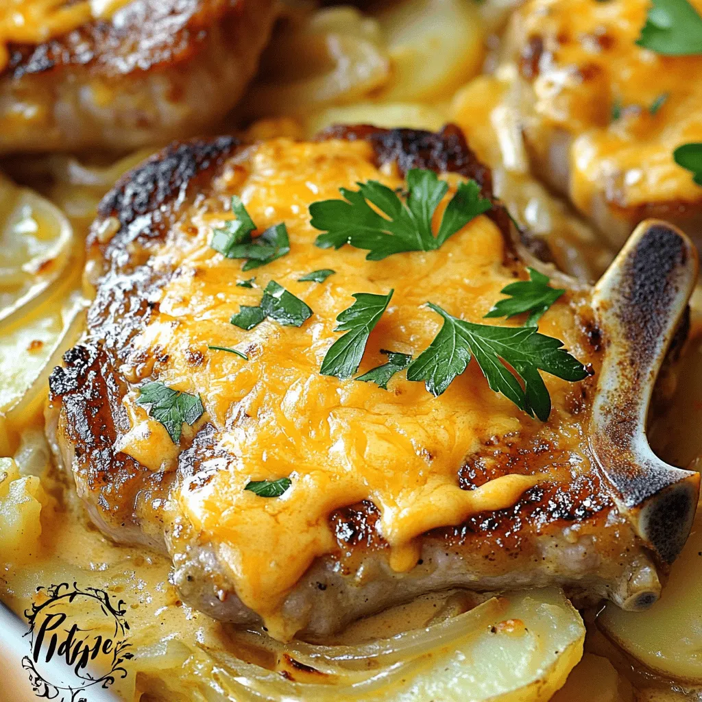 - 4 bone-in pork chops, approximately 1-inch thick - 4 large russet potatoes, thinly sliced - 1 large onion, thinly sliced - 3 cloves garlic, minced - 1 cup heavy cream - 1 cup chicken broth - 1 teaspoon dried thyme - 1 teaspoon paprika - Salt and freshly ground black pepper to taste - 2 tablespoons olive oil - 1 cup shredded sharp cheddar cheese - Fresh parsley, chopped (for garnish) - Fresh herbs such as rosemary or sage - Additional cheese varieties for topping - Sour cream for creaminess Gathering the right ingredients is key to making a great dish. I always recommend using fresh and high-quality items. For the pork chops, I prefer bone-in for more flavor. Thick, juicy chops work best. You want them to stay tender during cooking. For the potatoes, go with russets. They get creamy and soft when baked. Onions and garlic add layers of flavor. The heavy cream and chicken broth create a rich sauce. Don’t forget the spices! Thyme and paprika add warmth and depth. Always season your dish well with salt and pepper. For an extra kick, consider fresh herbs like rosemary. You can also mix in different cheeses for a fun twist. Sour cream can add a nice creamy texture if you like. This dish is all about your taste and creativity. If you're ready to cook, check the full recipe for steps to bring it all together. Enjoy the process and have fun! Preheat your oven to 375°F (190°C). This step is key for even cooking. Next, grease a 9x13-inch casserole dish with olive oil. A non-stick spray works too. Greasing helps prevent sticking, making serving easier. Take the bone-in pork chops and season them. Use salt, pepper, dried thyme, and paprika. Rub the spices on both sides for full flavor. In a large skillet, heat olive oil over medium heat. Sear the pork chops for 3-4 minutes on each side. Look for a nice golden brown color. Once done, set them aside on a plate. In the same skillet, add the sliced onions and minced garlic. Sauté them over medium heat for about 3 minutes. Stir occasionally until the onions are soft and translucent. This releases great flavors into the oil. You want the garlic to become fragrant, but not burnt. In a bowl, whisk together heavy cream and chicken broth. This mixture ties everything together. Start layering the casserole: first, place half of the sliced potatoes evenly in the dish. Then, sprinkle half of the sautéed onions and garlic over the potatoes. Drizzle half of the cream mixture on top. Don’t forget to season lightly with salt and pepper between layers for depth. Now, cover the dish tightly with aluminum foil. This traps moisture and helps cook the potatoes. Bake it in the preheated oven for 40 minutes. After that time, check the casserole. The potatoes should feel tender. Carefully remove the foil, being cautious of hot steam. Sprinkle shredded cheddar cheese evenly on top. Return the dish to the oven for an additional 15-20 minutes. You want the cheese to melt and bubble up. Once done, let the casserole rest for 5-10 minutes. This helps the layers set nicely. Garnish with chopped parsley for a fresh touch. For the complete recipe, check the Full Recipe section. To make your pork chops tender, start by seasoning them well. Use salt, pepper, thyme, and paprika. Searing adds a nice crust. Heat olive oil in a skillet, then cook each chop for 3-4 minutes on both sides. Aim for an internal temperature of 145°F (63°C). This keeps them juicy and safe to eat. For a creamy mix, consider adding fresh herbs. Rosemary or sage can boost the flavor. When it comes to potatoes, russets work best. They become soft and creamy during baking, which adds a great texture to the dish. Thin slices allow for even cooking and blending with the cream. Serve the casserole in individual plates. This makes it look fancy and inviting. Garnish with fresh parsley on top for a pop of color. Pair with a light green salad to balance the richness. A simple vinaigrette adds freshness and keeps the meal light. Feel free to explore more ideas in the Full Recipe for unique twists! {{image_4}} You might want to make this dish lighter. To do this, swap heavy cream for a lighter cream. You can also use low-fat cheese for a healthier touch. If you need a gluten-free option, simply check the broth for gluten. Most chicken broth brands are gluten-free, but always read labels. Adding spices can give this dish a unique flair. Try garlic powder, onion powder, or even a bit of cayenne for heat. Different cheeses can change the taste too. Use mozzarella for a mild flavor or pepper jack for a kick. You can also add veggies like spinach or bell peppers. They add both color and nutrition to your casserole. If you prefer a slow cooker, you can make this dish without the oven. Just layer everything in the slow cooker and cook on low for 6-8 hours. For a quicker option, use an Instant Pot. Sear the pork chops first, then layer your ingredients inside the pot. Cook on high pressure for about 30 minutes. These methods save time and still deliver great taste. For the full recipe, check out the [Full Recipe]. After enjoying your savory pork chops and potatoes casserole, store leftovers properly. For refrigeration, place the casserole in an airtight container. Make sure it cools to room temperature first. If you plan to keep it longer, freeze it. Use freezer-safe containers or heavy-duty freezer bags. Remove as much air as possible to prevent freezer burn. Reheat your casserole for the best taste and texture. The oven is the best method. Preheat it to 350°F (175°C). Cover the dish with foil to keep it moist. Heat for about 25-30 minutes. You can also use the microwave. Heat in short bursts, stirring in between, for about 5-7 minutes. Make sure it’s hot all the way through. In the fridge, your casserole lasts about 3-4 days. If you freeze it, it can keep for up to 3 months. After that, the taste and texture may fade. Always check for signs of spoilage before eating leftovers. Trust your nose; if it smells off, it’s best to toss it. I love serving this casserole with simple sides. Here are some great ideas: - Steamed green beans - Roasted Brussels sprouts - A fresh garden salad - Creamy coleslaw These sides add color and balance to the meal, making it more enjoyable. Yes, you can make this casserole ahead of time! Here’s how: 1. <strong>Prepare the Casserole</strong>: Follow the recipe until the baking step. 2. <strong>Cover and Refrigerate</strong>: Wrap it tightly in foil or plastic wrap. 3. <strong>Bake When Ready</strong>: Just pop it in the oven when you’re ready to eat. Bake for about 45-60 minutes. Check if it’s hot all the way through. This makes dinner planning much easier! This casserole serves about 4 to 6 people. It depends on portion sizes, of course. If you have big eaters, you might want to serve it with extra sides. Absolutely! Here are a few tips to add some heat: – <strong>Add Red Pepper Flakes</strong>: Sprinkle some on the pork chops before searing. – <strong>Use Spicy Paprika</strong>: Swap regular paprika for a spicy variety. – <strong>Mix in Hot Sauce</strong>: Blend some hot sauce into the cream mixture. These changes will give your casserole a nice kick! I recommend using bone-in pork chops. They provide more flavor and stay juicy. Boneless pork chops work too, but they can dry out more easily. Choose chops that are about 1-inch thick for the best results. Yes, you can! Here are some non-dairy options: – <strong>Coconut Milk</strong>: Use canned coconut milk instead of heavy cream. – <strong>Nut Milk</strong>: Almond or soy milk can replace cream or broth. – <strong>Dairy-free Cheese</strong>: Use a dairy-free cheese for topping. These swaps keep the dish creamy and tasty without dairy. For the [Full Recipe], check out the earlier sections! This blog post covered a flavorful pork chops and potatoes casserole. You learned about essential ingredients, cooking steps, and tips for success. Don’t forget the optional ingredients to enhance flavors! Consider trying variations for different tastes or dietary needs. Proper storage can keep your leftovers fresh and tasty. Enjoy making this easy dish that’s great for any meal. Your family will love it!” /></p>
</p>
<h2>Variations</h2>
</p>
<h3>Nutritional Variations</h3>
<p>You might want to make this dish lighter. To do this, swap heavy cream for a lighter cream. You can also use low-fat cheese for a healthier touch. If you need a gluten-free option, simply check the broth for gluten. Most chicken broth brands are gluten-free, but always read labels.</p>
</p>
<h3>Flavor Variations</h3>
<p>Adding spices can give this dish a unique flair. Try garlic powder, onion powder, or even a bit of cayenne for heat. Different cheeses can change the taste too. Use mozzarella for a mild flavor or pepper jack for a kick. You can also add veggies like spinach or bell peppers. They add both color and nutrition to your casserole.</p>
</p>
<h3>Alternative Cooking Methods</h3>
<p>If you prefer a slow cooker, you can make this dish without the oven. Just layer everything in the slow cooker and cook on low for 6-8 hours. For a quicker option, use an Instant Pot. Sear the pork chops first, then layer your ingredients inside the pot. Cook on high pressure for about 30 minutes. These methods save time and still deliver great taste.</p>
</p>
<p>For the full recipe, check out the [Full Recipe].</p>
</p>
<h2>Storage Info</h2>
</p>
<h3>How to Store Leftovers</h3>
<p>After enjoying your savory pork chops and potatoes casserole, store leftovers properly. For refrigeration, place the casserole in an airtight container. Make sure it cools to room temperature first. If you plan to keep it longer, freeze it. Use freezer-safe containers or heavy-duty freezer bags. Remove as much air as possible to prevent freezer burn.</p>
</p>
<h3>Reheating Instructions</h3>
<p>Reheat your casserole for the best taste and texture. The oven is the best method. Preheat it to 350°F (175°C). Cover the dish with foil to keep it moist. Heat for about 25-30 minutes. You can also use the microwave. Heat in short bursts, stirring in between, for about 5-7 minutes. Make sure it’s hot all the way through.</p>
</p>
<h3>Shelf Life of Leftovers</h3>
<p>In the fridge, your casserole lasts about 3-4 days. If you freeze it, it can keep for up to 3 months. After that, the taste and texture may fade. Always check for signs of spoilage before eating leftovers. Trust your nose; if it smells off, it’s best to toss it.</p>
</p>
<h2>FAQs</h2>
</p>
<h3>What should I serve with Pork Chops and Potatoes Casserole?</h3>
<p>I love serving this casserole with simple sides. Here are some great ideas:</p>
<p>– Steamed green beans</p>
<p>– Roasted Brussels sprouts</p>
<p>– A fresh garden salad</p>
<p>– Creamy coleslaw</p>
<p>These sides add color and balance to the meal, making it more enjoyable.</p>
</p>
<h3>Can I prepare this dish in advance?</h3>
<p>Yes, you can make this casserole ahead of time! Here’s how:</p>
<p>1. <strong>Prepare the Casserole</strong>: Follow the recipe until the baking step.</p>
<p>2. <strong>Cover and Refrigerate</strong>: Wrap it tightly in foil or plastic wrap.</p>
<p>3. <strong>Bake When Ready</strong>: Just pop it in the oven when you’re ready to eat. Bake for about 45-60 minutes. Check if it’s hot all the way through.</p>
<p>This makes dinner planning much easier!</p>
</p>
<h3>How many servings does this casserole make?</h3>
<p>This casserole serves about 4 to 6 people. It depends on portion sizes, of course. If you have big eaters, you might want to serve it with extra sides.</p>
</p>
<h3>Is there a way to make this dish spicier?</h3>
<p>Absolutely! Here are a few tips to add some heat:</p>
<p>– <strong>Add Red Pepper Flakes</strong>: Sprinkle some on the pork chops before searing.</p>
<p>– <strong>Use Spicy Paprika</strong>: Swap regular paprika for a spicy variety.</p>
<p>– <strong>Mix in Hot Sauce</strong>: Blend some hot sauce into the cream mixture.</p>
<p>These changes will give your casserole a nice kick!</p>
</p>
<h3>What kind of pork chops work best for this casserole?</h3>
<p>I recommend using bone-in pork chops. They provide more flavor and stay juicy. Boneless pork chops work too, but they can dry out more easily. Choose chops that are about 1-inch thick for the best results.</p>
</p>
<h3>Can I make this casserole without dairy?</h3>
<p>Yes, you can! Here are some non-dairy options:</p>
<p>– <strong>Coconut Milk</strong>: Use canned coconut milk instead of heavy cream.</p>
<p>– <strong>Nut Milk</strong>: Almond or soy milk can replace cream or broth.</p>
<p>– <strong>Dairy-free Cheese</strong>: Use a dairy-free cheese for topping.</p>
<p>These swaps keep the dish creamy and tasty without dairy.</p>
</p>
<p>For the [Full Recipe], check out the earlier sections!</p>
</p>
<p>This blog post covered a flavorful pork chops and potatoes casserole. You learned about essential ingredients, cooking steps, and tips for success. Don’t forget the optional ingredients to enhance flavors!</p>
</p>
<p>Consider trying variations for different tastes or dietary needs. Proper storage can keep your leftovers fresh and tasty. Enjoy making this easy dish that’s great for any meal. Your family will love it!</p>
<div id=