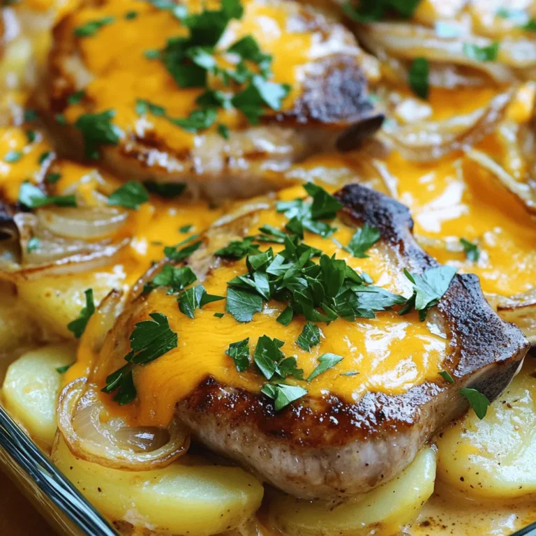 - 4 bone-in pork chops, approximately 1-inch thick - 4 large russet potatoes, thinly sliced - 1 large onion, thinly sliced - 3 cloves garlic, minced - 1 cup heavy cream - 1 cup chicken broth - 1 teaspoon dried thyme - 1 teaspoon paprika - Salt and freshly ground black pepper to taste - 2 tablespoons olive oil - 1 cup shredded sharp cheddar cheese - Fresh parsley, chopped (for garnish) - Fresh herbs such as rosemary or sage - Additional cheese varieties for topping - Sour cream for creaminess Gathering the right ingredients is key to making a great dish. I always recommend using fresh and high-quality items. For the pork chops, I prefer bone-in for more flavor. Thick, juicy chops work best. You want them to stay tender during cooking. For the potatoes, go with russets. They get creamy and soft when baked. Onions and garlic add layers of flavor. The heavy cream and chicken broth create a rich sauce. Don’t forget the spices! Thyme and paprika add warmth and depth. Always season your dish well with salt and pepper. For an extra kick, consider fresh herbs like rosemary. You can also mix in different cheeses for a fun twist. Sour cream can add a nice creamy texture if you like. This dish is all about your taste and creativity. If you're ready to cook, check the full recipe for steps to bring it all together. Enjoy the process and have fun! Preheat your oven to 375°F (190°C). This step is key for even cooking. Next, grease a 9x13-inch casserole dish with olive oil. A non-stick spray works too. Greasing helps prevent sticking, making serving easier. Take the bone-in pork chops and season them. Use salt, pepper, dried thyme, and paprika. Rub the spices on both sides for full flavor. In a large skillet, heat olive oil over medium heat. Sear the pork chops for 3-4 minutes on each side. Look for a nice golden brown color. Once done, set them aside on a plate. In the same skillet, add the sliced onions and minced garlic. Sauté them over medium heat for about 3 minutes. Stir occasionally until the onions are soft and translucent. This releases great flavors into the oil. You want the garlic to become fragrant, but not burnt. In a bowl, whisk together heavy cream and chicken broth. This mixture ties everything together. Start layering the casserole: first, place half of the sliced potatoes evenly in the dish. Then, sprinkle half of the sautéed onions and garlic over the potatoes. Drizzle half of the cream mixture on top. Don’t forget to season lightly with salt and pepper between layers for depth. Now, cover the dish tightly with aluminum foil. This traps moisture and helps cook the potatoes. Bake it in the preheated oven for 40 minutes. After that time, check the casserole. The potatoes should feel tender. Carefully remove the foil, being cautious of hot steam. Sprinkle shredded cheddar cheese evenly on top. Return the dish to the oven for an additional 15-20 minutes. You want the cheese to melt and bubble up. Once done, let the casserole rest for 5-10 minutes. This helps the layers set nicely. Garnish with chopped parsley for a fresh touch. For the complete recipe, check the Full Recipe section. To make your pork chops tender, start by seasoning them well. Use salt, pepper, thyme, and paprika. Searing adds a nice crust. Heat olive oil in a skillet, then cook each chop for 3-4 minutes on both sides. Aim for an internal temperature of 145°F (63°C). This keeps them juicy and safe to eat. For a creamy mix, consider adding fresh herbs. Rosemary or sage can boost the flavor. When it comes to potatoes, russets work best. They become soft and creamy during baking, which adds a great texture to the dish. Thin slices allow for even cooking and blending with the cream. Serve the casserole in individual plates. This makes it look fancy and inviting. Garnish with fresh parsley on top for a pop of color. Pair with a light green salad to balance the richness. A simple vinaigrette adds freshness and keeps the meal light. Feel free to explore more ideas in the Full Recipe for unique twists! {{image_4}} You might want to make this dish lighter. To do this, swap heavy cream for a lighter cream. You can also use low-fat cheese for a healthier touch. If you need a gluten-free option, simply check the broth for gluten. Most chicken broth brands are gluten-free, but always read labels. Adding spices can give this dish a unique flair. Try garlic powder, onion powder, or even a bit of cayenne for heat. Different cheeses can change the taste too. Use mozzarella for a mild flavor or pepper jack for a kick. You can also add veggies like spinach or bell peppers. They add both color and nutrition to your casserole. If you prefer a slow cooker, you can make this dish without the oven. Just layer everything in the slow cooker and cook on low for 6-8 hours. For a quicker option, use an Instant Pot. Sear the pork chops first, then layer your ingredients inside the pot. Cook on high pressure for about 30 minutes. These methods save time and still deliver great taste. For the full recipe, check out the [Full Recipe]. After enjoying your savory pork chops and potatoes casserole, store leftovers properly. For refrigeration, place the casserole in an airtight container. Make sure it cools to room temperature first. If you plan to keep it longer, freeze it. Use freezer-safe containers or heavy-duty freezer bags. Remove as much air as possible to prevent freezer burn. Reheat your casserole for the best taste and texture. The oven is the best method. Preheat it to 350°F (175°C). Cover the dish with foil to keep it moist. Heat for about 25-30 minutes. You can also use the microwave. Heat in short bursts, stirring in between, for about 5-7 minutes. Make sure it’s hot all the way through. In the fridge, your casserole lasts about 3-4 days. If you freeze it, it can keep for up to 3 months. After that, the taste and texture may fade. Always check for signs of spoilage before eating leftovers. Trust your nose; if it smells off, it’s best to toss it. I love serving this casserole with simple sides. Here are some great ideas: - Steamed green beans - Roasted Brussels sprouts - A fresh garden salad - Creamy coleslaw These sides add color and balance to the meal, making it more enjoyable. Yes, you can make this casserole ahead of time! Here’s how: 1. Prepare the Casserole: Follow the recipe until the baking step. 2. Cover and Refrigerate: Wrap it tightly in foil or plastic wrap. 3. Bake When Ready: Just pop it in the oven when you're ready to eat. Bake for about 45-60 minutes. Check if it’s hot all the way through. This makes dinner planning much easier! This casserole serves about 4 to 6 people. It depends on portion sizes, of course. If you have big eaters, you might want to serve it with extra sides. Absolutely! Here are a few tips to add some heat: - Add Red Pepper Flakes: Sprinkle some on the pork chops before searing. - Use Spicy Paprika: Swap regular paprika for a spicy variety. - Mix in Hot Sauce: Blend some hot sauce into the cream mixture. These changes will give your casserole a nice kick! I recommend using bone-in pork chops. They provide more flavor and stay juicy. Boneless pork chops work too, but they can dry out more easily. Choose chops that are about 1-inch thick for the best results. Yes, you can! Here are some non-dairy options: - Coconut Milk: Use canned coconut milk instead of heavy cream. - Nut Milk: Almond or soy milk can replace cream or broth. - Dairy-free Cheese: Use a dairy-free cheese for topping. These swaps keep the dish creamy and tasty without dairy. For the [Full Recipe], check out the earlier sections! This blog post covered a flavorful pork chops and potatoes casserole. You learned about essential ingredients, cooking steps, and tips for success. Don’t forget the optional ingredients to enhance flavors! Consider trying variations for different tastes or dietary needs. Proper storage can keep your leftovers fresh and tasty. Enjoy making this easy dish that’s great for any meal. Your family will love it!