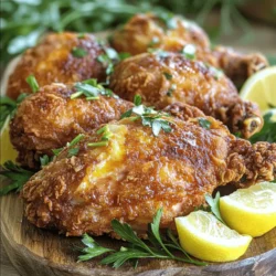 To make the best oven-baked fried chicken, you need some key ingredients. Here’s what you should grab: - 4 bone-in, skin-on chicken thighs - 4 chicken drumsticks - 1 cup buttermilk - 2 cups all-purpose flour - 1 teaspoon smoked paprika - 1 teaspoon garlic powder - 1 teaspoon onion powder - 1 teaspoon dried thyme - 1 teaspoon kosher salt - ½ teaspoon freshly ground black pepper - ½ teaspoon cayenne pepper - Cooking spray or olive oil for greasing You can boost the flavor of your chicken with a few extras. Consider adding: - 1 tablespoon hot sauce (for heat) - Fresh herbs like parsley or thyme (for garnish) - Lemon wedges (for a zesty touch) These ingredients add fun layers of taste! Choosing the right chicken is key to great flavor. Here are my tips: - Look for Freshness: Buy chicken that looks pink and moist. Avoid any that appear dull or have dark spots. - Check the Skin: Make sure the skin is tight and not torn. This helps keep the juices in. - Consider Size: Choose chicken pieces that are similar in size. This ensures even cooking. - Organic Options: If possible, pick organic chicken. It often has better taste and is raised without harmful chemicals. By following these tips, you will set yourself up for a tasty dish. For the complete guide, check the Full Recipe. Start by making the marinade. In a large bowl, mix the buttermilk and hot sauce. This mix makes the chicken tender and adds flavor. Add the chicken thighs and drumsticks to the bowl. Make sure each piece is well-coated. Cover the bowl with plastic wrap. Place it in the fridge for at least 2 hours. For the best results, leave it overnight. This extra time builds flavor. Before you bake, preheat your oven to 425°F (220°C). Line a baking sheet with aluminum foil. This helps with easy cleanup later. Place a wire rack on top of the sheet. Using a rack allows air to flow around the chicken. This airflow helps the chicken cook evenly and become crispy. In a medium bowl, combine the flour, smoked paprika, garlic powder, onion powder, thyme, salt, black pepper, and cayenne. Whisk these dry ingredients together until well mixed. This blend adds a crunchy coating to the chicken. It gives a tasty kick and enhances the overall flavor. Take the chicken out of the marinade. Let any excess liquid drip off. Dredge each piece in the seasoned flour mixture. Make sure to press down firmly for good coverage. Place the coated chicken pieces on the wire rack. Leave some space between each piece. This helps them bake correctly and get crispy. Now it is time to bake! Lightly spray the chicken with cooking spray or drizzle with olive oil. This step helps get that golden-brown color. Carefully put the baking sheet in the oven. Bake for 35-40 minutes. Check that the internal temperature reaches 165°F (75°C). The coating should be crispy and golden. After baking, let the chicken rest for 5 minutes. This step helps keep the juices inside, making it more flavorful. To make your chicken crispy, use a wire rack. This allows air to flow around the chicken as it bakes. Make sure to coat the chicken well with flour. A good layer helps create that crunch. Lightly spray the chicken with cooking spray or drizzle olive oil before baking. This step adds more crispiness. Bake at a high temperature of 425°F for the best results. One mistake is not marinating long enough. For great taste and tenderness, marinate at least 2 hours, but overnight is best. Another issue is overcrowding the pan. Keep space between each piece. This helps ensure even cooking and crispiness. Avoid opening the oven too often, as this lets heat escape. Bake your chicken at 425°F (220°C) for 35-40 minutes. Use a meat thermometer to check. The internal temperature should reach 165°F (75°C). If you want extra crispy skin, add a few more minutes. Just keep an eye on it to prevent burning. For perfect results, follow the full recipe closely. {{image_4}} If you love heat, try adding more cayenne pepper. You can also add chili powder or hot sauce to the buttermilk marinade. This will give your chicken a nice kick. Adjust the spice level to match your taste. The result will be a spicy, flavorful treat. Herbs can elevate your fried chicken. Add fresh or dried herbs to the seasoning mix. Try rosemary, oregano, or basil. These herbs give a nice twist to the classic flavor. You can also mix in lemon zest for a fresh touch. This keeps the chicken bright and tasty. For a gluten-free option, swap all-purpose flour with almond flour or gluten-free breadcrumbs. Both options will still give you a crispy texture. Make sure to check labels for hidden gluten in sauces. This way, everyone can enjoy a delicious meal without worry. For the full recipe, check the details above. Enjoy your cooking! After cooking, let the chicken cool to room temperature. Place it in an airtight container. This keeps it fresh for up to four days in the fridge. Use parchment paper between layers if stacking. This prevents sticking and keeps the coating crispy. To reheat, preheat your oven to 375°F (190°C). Place the chicken on a baking sheet lined with foil. Bake for about 15-20 minutes. This method keeps the chicken warm while restoring crispiness. You can also use an air fryer for quicker results. If you want to freeze leftover chicken, wrap each piece tightly in plastic wrap. Then, place them in a freezer-safe bag. You can freeze them for up to three months. To thaw, move the chicken to the fridge overnight. Reheat as mentioned above for the best texture. For the full recipe, check out the crispy oven-baked fried chicken section. You should marinate the chicken for at least 2 hours. For the best results, leave it overnight. This helps the chicken soak up all the flavors from the buttermilk. The longer it sits, the more tender and tasty it will be. Yes, you can use skinless chicken. However, the skin adds flavor and helps keep the meat moist. Skinless chicken may not be as crispy, but you can still achieve good results. Just make sure to adjust the cooking time as needed. If your baked chicken is not crispy, it may be due to several reasons. First, ensure you coat the chicken well in the flour mixture. Second, use a wire rack to let air circulate around the chicken. Last, lightly spray with cooking oil before baking to help crisp up the coating. Many sides pair well with Oven Baked Fried Chicken. Here are some great options: - Coleslaw - Mashed potatoes - Corn on the cob - Baked beans - Macaroni and cheese These sides complement the chicken's flavors and make for a delicious meal. To reduce the fat in Oven Baked Fried Chicken, consider these tips: - Use skinless chicken to cut down on fat. - Spray the chicken with cooking spray instead of using oil. - Bake at a lower temperature for a longer time to allow fat to drain off. For more details, check the Full Recipe for reference. In this post, we explored essential and optional ingredients for oven-baked fried chicken. We covered step-by-step instructions, tips for crispy results, and variations to suit your taste. Proper storage and reheating techniques ensure you keep leftovers tasty. With these insights, you can enjoy tasty chicken, avoid common mistakes, and impress with creativity. Follow this guide, and savor every bite!