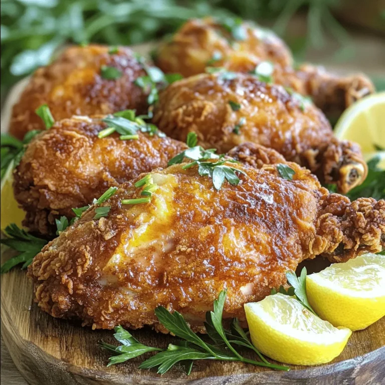 To make the best oven-baked fried chicken, you need some key ingredients. Here’s what you should grab: - 4 bone-in, skin-on chicken thighs - 4 chicken drumsticks - 1 cup buttermilk - 2 cups all-purpose flour - 1 teaspoon smoked paprika - 1 teaspoon garlic powder - 1 teaspoon onion powder - 1 teaspoon dried thyme - 1 teaspoon kosher salt - ½ teaspoon freshly ground black pepper - ½ teaspoon cayenne pepper - Cooking spray or olive oil for greasing You can boost the flavor of your chicken with a few extras. Consider adding: - 1 tablespoon hot sauce (for heat) - Fresh herbs like parsley or thyme (for garnish) - Lemon wedges (for a zesty touch) These ingredients add fun layers of taste! Choosing the right chicken is key to great flavor. Here are my tips: - Look for Freshness: Buy chicken that looks pink and moist. Avoid any that appear dull or have dark spots. - Check the Skin: Make sure the skin is tight and not torn. This helps keep the juices in. - Consider Size: Choose chicken pieces that are similar in size. This ensures even cooking. - Organic Options: If possible, pick organic chicken. It often has better taste and is raised without harmful chemicals. By following these tips, you will set yourself up for a tasty dish. For the complete guide, check the Full Recipe. Start by making the marinade. In a large bowl, mix the buttermilk and hot sauce. This mix makes the chicken tender and adds flavor. Add the chicken thighs and drumsticks to the bowl. Make sure each piece is well-coated. Cover the bowl with plastic wrap. Place it in the fridge for at least 2 hours. For the best results, leave it overnight. This extra time builds flavor. Before you bake, preheat your oven to 425°F (220°C). Line a baking sheet with aluminum foil. This helps with easy cleanup later. Place a wire rack on top of the sheet. Using a rack allows air to flow around the chicken. This airflow helps the chicken cook evenly and become crispy. In a medium bowl, combine the flour, smoked paprika, garlic powder, onion powder, thyme, salt, black pepper, and cayenne. Whisk these dry ingredients together until well mixed. This blend adds a crunchy coating to the chicken. It gives a tasty kick and enhances the overall flavor. Take the chicken out of the marinade. Let any excess liquid drip off. Dredge each piece in the seasoned flour mixture. Make sure to press down firmly for good coverage. Place the coated chicken pieces on the wire rack. Leave some space between each piece. This helps them bake correctly and get crispy. Now it is time to bake! Lightly spray the chicken with cooking spray or drizzle with olive oil. This step helps get that golden-brown color. Carefully put the baking sheet in the oven. Bake for 35-40 minutes. Check that the internal temperature reaches 165°F (75°C). The coating should be crispy and golden. After baking, let the chicken rest for 5 minutes. This step helps keep the juices inside, making it more flavorful. To make your chicken crispy, use a wire rack. This allows air to flow around the chicken as it bakes. Make sure to coat the chicken well with flour. A good layer helps create that crunch. Lightly spray the chicken with cooking spray or drizzle olive oil before baking. This step adds more crispiness. Bake at a high temperature of 425°F for the best results. One mistake is not marinating long enough. For great taste and tenderness, marinate at least 2 hours, but overnight is best. Another issue is overcrowding the pan. Keep space between each piece. This helps ensure even cooking and crispiness. Avoid opening the oven too often, as this lets heat escape. Bake your chicken at 425°F (220°C) for 35-40 minutes. Use a meat thermometer to check. The internal temperature should reach 165°F (75°C). If you want extra crispy skin, add a few more minutes. Just keep an eye on it to prevent burning. For perfect results, follow the full recipe closely. {{image_4}} If you love heat, try adding more cayenne pepper. You can also add chili powder or hot sauce to the buttermilk marinade. This will give your chicken a nice kick. Adjust the spice level to match your taste. The result will be a spicy, flavorful treat. Herbs can elevate your fried chicken. Add fresh or dried herbs to the seasoning mix. Try rosemary, oregano, or basil. These herbs give a nice twist to the classic flavor. You can also mix in lemon zest for a fresh touch. This keeps the chicken bright and tasty. For a gluten-free option, swap all-purpose flour with almond flour or gluten-free breadcrumbs. Both options will still give you a crispy texture. Make sure to check labels for hidden gluten in sauces. This way, everyone can enjoy a delicious meal without worry. For the full recipe, check the details above. Enjoy your cooking! After cooking, let the chicken cool to room temperature. Place it in an airtight container. This keeps it fresh for up to four days in the fridge. Use parchment paper between layers if stacking. This prevents sticking and keeps the coating crispy. To reheat, preheat your oven to 375°F (190°C). Place the chicken on a baking sheet lined with foil. Bake for about 15-20 minutes. This method keeps the chicken warm while restoring crispiness. You can also use an air fryer for quicker results. If you want to freeze leftover chicken, wrap each piece tightly in plastic wrap. Then, place them in a freezer-safe bag. You can freeze them for up to three months. To thaw, move the chicken to the fridge overnight. Reheat as mentioned above for the best texture. For the full recipe, check out the crispy oven-baked fried chicken section. You should marinate the chicken for at least 2 hours. For the best results, leave it overnight. This helps the chicken soak up all the flavors from the buttermilk. The longer it sits, the more tender and tasty it will be. Yes, you can use skinless chicken. However, the skin adds flavor and helps keep the meat moist. Skinless chicken may not be as crispy, but you can still achieve good results. Just make sure to adjust the cooking time as needed. If your baked chicken is not crispy, it may be due to several reasons. First, ensure you coat the chicken well in the flour mixture. Second, use a wire rack to let air circulate around the chicken. Last, lightly spray with cooking oil before baking to help crisp up the coating. Many sides pair well with Oven Baked Fried Chicken. Here are some great options: - Coleslaw - Mashed potatoes - Corn on the cob - Baked beans - Macaroni and cheese These sides complement the chicken's flavors and make for a delicious meal. To reduce the fat in Oven Baked Fried Chicken, consider these tips: - Use skinless chicken to cut down on fat. - Spray the chicken with cooking spray instead of using oil. - Bake at a lower temperature for a longer time to allow fat to drain off. For more details, check the Full Recipe for reference. In this post, we explored essential and optional ingredients for oven-baked fried chicken. We covered step-by-step instructions, tips for crispy results, and variations to suit your taste. Proper storage and reheating techniques ensure you keep leftovers tasty. With these insights, you can enjoy tasty chicken, avoid common mistakes, and impress with creativity. Follow this guide, and savor every bite!
