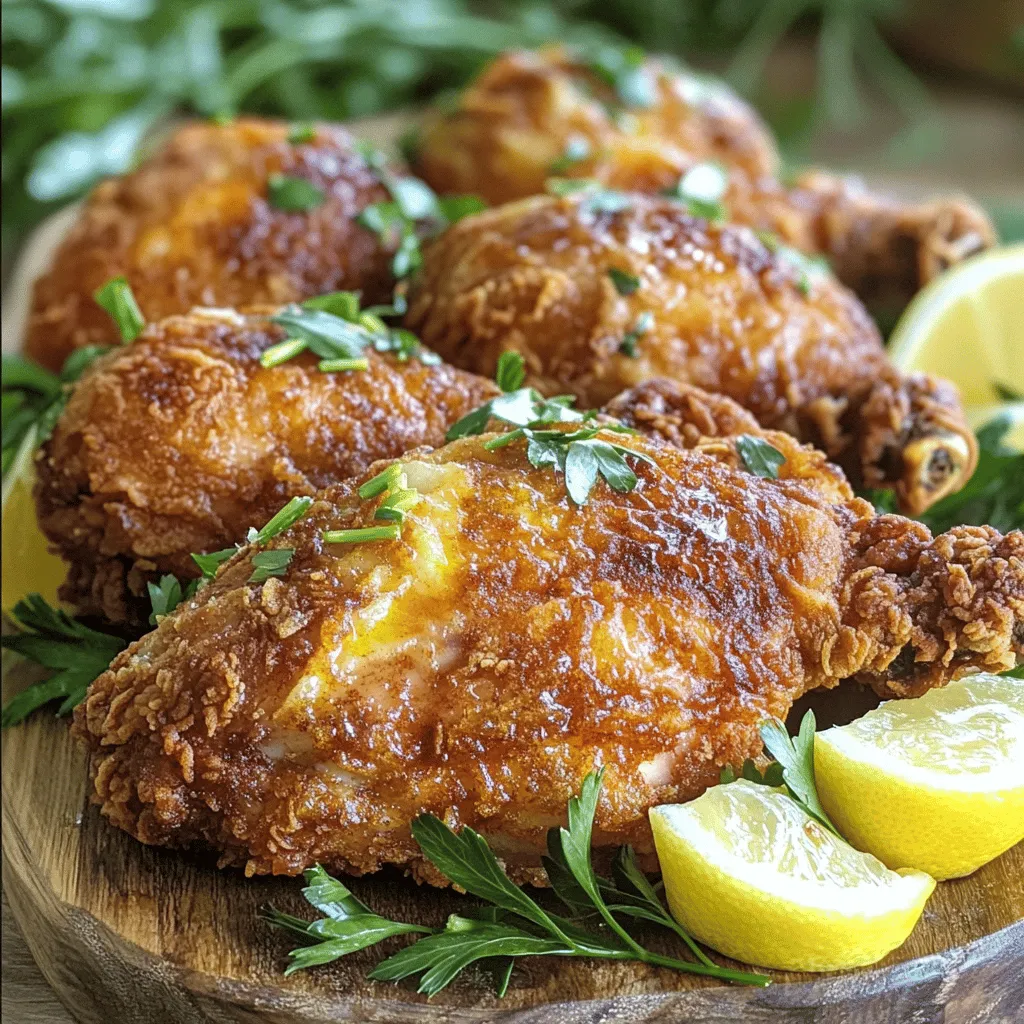 To make the best oven-baked fried chicken, you need some key ingredients. Here’s what you should grab: - 4 bone-in, skin-on chicken thighs - 4 chicken drumsticks - 1 cup buttermilk - 2 cups all-purpose flour - 1 teaspoon smoked paprika - 1 teaspoon garlic powder - 1 teaspoon onion powder - 1 teaspoon dried thyme - 1 teaspoon kosher salt - ½ teaspoon freshly ground black pepper - ½ teaspoon cayenne pepper - Cooking spray or olive oil for greasing You can boost the flavor of your chicken with a few extras. Consider adding: - 1 tablespoon hot sauce (for heat) - Fresh herbs like parsley or thyme (for garnish) - Lemon wedges (for a zesty touch) These ingredients add fun layers of taste! Choosing the right chicken is key to great flavor. Here are my tips: - Look for Freshness: Buy chicken that looks pink and moist. Avoid any that appear dull or have dark spots. - Check the Skin: Make sure the skin is tight and not torn. This helps keep the juices in. - Consider Size: Choose chicken pieces that are similar in size. This ensures even cooking. - Organic Options: If possible, pick organic chicken. It often has better taste and is raised without harmful chemicals. By following these tips, you will set yourself up for a tasty dish. For the complete guide, check the Full Recipe. Start by making the marinade. In a large bowl, mix the buttermilk and hot sauce. This mix makes the chicken tender and adds flavor. Add the chicken thighs and drumsticks to the bowl. Make sure each piece is well-coated. Cover the bowl with plastic wrap. Place it in the fridge for at least 2 hours. For the best results, leave it overnight. This extra time builds flavor. Before you bake, preheat your oven to 425°F (220°C). Line a baking sheet with aluminum foil. This helps with easy cleanup later. Place a wire rack on top of the sheet. Using a rack allows air to flow around the chicken. This airflow helps the chicken cook evenly and become crispy. In a medium bowl, combine the flour, smoked paprika, garlic powder, onion powder, thyme, salt, black pepper, and cayenne. Whisk these dry ingredients together until well mixed. This blend adds a crunchy coating to the chicken. It gives a tasty kick and enhances the overall flavor. Take the chicken out of the marinade. Let any excess liquid drip off. Dredge each piece in the seasoned flour mixture. Make sure to press down firmly for good coverage. Place the coated chicken pieces on the wire rack. Leave some space between each piece. This helps them bake correctly and get crispy. Now it is time to bake! Lightly spray the chicken with cooking spray or drizzle with olive oil. This step helps get that golden-brown color. Carefully put the baking sheet in the oven. Bake for 35-40 minutes. Check that the internal temperature reaches 165°F (75°C). The coating should be crispy and golden. After baking, let the chicken rest for 5 minutes. This step helps keep the juices inside, making it more flavorful. To make your chicken crispy, use a wire rack. This allows air to flow around the chicken as it bakes. Make sure to coat the chicken well with flour. A good layer helps create that crunch. Lightly spray the chicken with cooking spray or drizzle olive oil before baking. This step adds more crispiness. Bake at a high temperature of 425°F for the best results. One mistake is not marinating long enough. For great taste and tenderness, marinate at least 2 hours, but overnight is best. Another issue is overcrowding the pan. Keep space between each piece. This helps ensure even cooking and crispiness. Avoid opening the oven too often, as this lets heat escape. Bake your chicken at 425°F (220°C) for 35-40 minutes. Use a meat thermometer to check. The internal temperature should reach 165°F (75°C). If you want extra crispy skin, add a few more minutes. Just keep an eye on it to prevent burning. For perfect results, follow the full recipe closely. {{image_4}} If you love heat, try adding more cayenne pepper. You can also add chili powder or hot sauce to the buttermilk marinade. This will give your chicken a nice kick. Adjust the spice level to match your taste. The result will be a spicy, flavorful treat. Herbs can elevate your fried chicken. Add fresh or dried herbs to the seasoning mix. Try rosemary, oregano, or basil. These herbs give a nice twist to the classic flavor. You can also mix in lemon zest for a fresh touch. This keeps the chicken bright and tasty. For a gluten-free option, swap all-purpose flour with almond flour or gluten-free breadcrumbs. Both options will still give you a crispy texture. Make sure to check labels for hidden gluten in sauces. This way, everyone can enjoy a delicious meal without worry. For the full recipe, check the details above. Enjoy your cooking! After cooking, let the chicken cool to room temperature. Place it in an airtight container. This keeps it fresh for up to four days in the fridge. Use parchment paper between layers if stacking. This prevents sticking and keeps the coating crispy. To reheat, preheat your oven to 375°F (190°C). Place the chicken on a baking sheet lined with foil. Bake for about 15-20 minutes. This method keeps the chicken warm while restoring crispiness. You can also use an air fryer for quicker results. If you want to freeze leftover chicken, wrap each piece tightly in plastic wrap. Then, place them in a freezer-safe bag. You can freeze them for up to three months. To thaw, move the chicken to the fridge overnight. Reheat as mentioned above for the best texture. For the full recipe, check out the crispy oven-baked fried chicken section. You should marinate the chicken for at least 2 hours. For the best results, leave it overnight. This helps the chicken soak up all the flavors from the buttermilk. The longer it sits, the more tender and tasty it will be. Yes, you can use skinless chicken. However, the skin adds flavor and helps keep the meat moist. Skinless chicken may not be as crispy, but you can still achieve good results. Just make sure to adjust the cooking time as needed. If your baked chicken is not crispy, it may be due to several reasons. First, ensure you coat the chicken well in the flour mixture. Second, use a wire rack to let air circulate around the chicken. Last, lightly spray with cooking oil before baking to help crisp up the coating. Many sides pair well with Oven Baked Fried Chicken. Here are some great options: - Coleslaw - Mashed potatoes - Corn on the cob - Baked beans - Macaroni and cheese These sides complement the chicken's flavors and make for a delicious meal. To reduce the fat in Oven Baked Fried Chicken, consider these tips: - Use skinless chicken to cut down on fat. - Spray the chicken with cooking spray instead of using oil. - Bake at a lower temperature for a longer time to allow fat to drain off. For more details, check the Full Recipe for reference. In this post, we explored essential and optional ingredients for oven-baked fried chicken. We covered step-by-step instructions, tips for crispy results, and variations to suit your taste. Proper storage and reheating techniques ensure you keep leftovers tasty. With these insights, you can enjoy tasty chicken, avoid common mistakes, and impress with creativity. Follow this guide, and savor every bite!