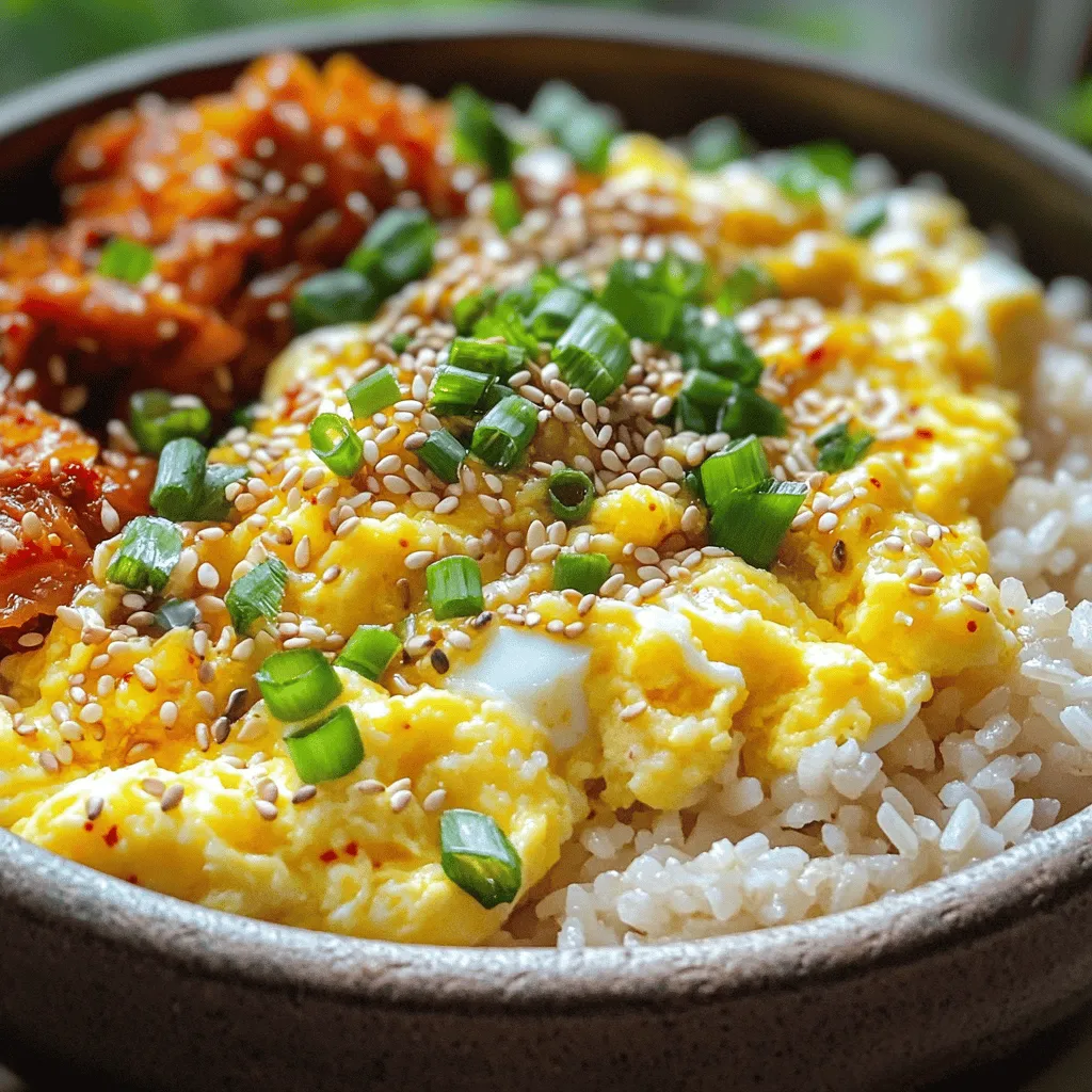 - 2 cups cooked jasmine rice (or short-grain rice) - 3 large eggs - 1 tablespoon sesame oil - 2 tablespoons soy sauce - 1 tablespoon gochujang (Korean chili paste) - 1 green onion, finely chopped - 1 tablespoon toasted sesame seeds - Kimchi for serving In Gyeran Bap, the rice is the star. I love using jasmine or short-grain rice. They give a pleasant texture. The eggs add creaminess and richness. Sesame oil brings a nutty flavor that makes this dish shine. Soy sauce adds a savory touch. Gochujang gives a nice kick. You can also add green onions and sesame seeds. They add color and crunch. Kimchi is a great side. It adds a spicy and tangy balance to the dish. Using fresh ingredients always makes a difference. Make sure your eggs are large and your rice is fluffy. This will ensure a tasty Gyeran Bap. For the full recipe, check out the details above. Start by cracking the three large eggs into a medium bowl. Use a whisk to beat the eggs until they blend well. This is the time to add salt and pepper. These seasonings make the eggs taste great. You want to ensure they are not bland. Next, heat up a non-stick skillet on medium heat. Pour in the tablespoon of sesame oil. This oil gives the eggs a rich flavor. Once the oil is hot, add the beaten eggs. Let them cook for 1-2 minutes without stirring. When the edges begin to set, gently scramble them with a spatula. The goal is to have fluffy eggs. Once cooked, transfer them to a plate. Now, keep the same skillet on the heat. Add the 2 cups of cooked jasmine rice. Pour in the soy sauce and gochujang. Stir-fry this mixture for about 3-5 minutes. Make sure the rice heats well. You want the flavors to blend nicely. Taste the rice and adjust with more salt if needed. Now it’s time to bring it all together. Carefully fold the scrambled eggs into the rice. Use a spatula to mix them well. It’s important to ensure even distribution. This way, every bite has delicious egg and rice. Spoon the Gyeran Bap onto plates while it’s still hot. Garnish with a sprinkle of finely chopped green onions and toasted sesame seeds. This adds a nice touch. For a complete meal, serve it with kimchi. The spicy and sour flavors of kimchi pair perfectly with the rice! For the full recipe, check out the details provided above. Choosing the right rice is key for Gyeran Bap. I recommend jasmine rice or short-grain rice. These types give the dish a nice texture and flavor. They cling well together. To adjust the spice level, use gochujang wisely. Start with one tablespoon for mild heat. You can add more later if you like it spicy. One common mistake is overcooking the eggs. Cook them just until fluffy and soft. They should not be rubbery. Another mistake is not heating the rice properly. Cold rice can make your dish bland. Heat it well to blend flavors. Adding extra toppings can make your Gyeran Bap pop. Try chopped green onions or toasted sesame seeds. They add color and crunch. Using fresh ingredients always boosts flavor. Fresh eggs and good-quality rice make a difference. For a fun twist, serve with kimchi. It adds a tangy kick to each bite. For the Full Recipe, check the main article. {{image_4}} You can make Gyeran Bap vegetarian by swapping eggs for plant-based alternatives. Try using chickpea flour mixed with water. This mix can mimic eggs well. Cook it like scrambled eggs. It will be a tasty choice for plant lovers. You could also use tofu. Crumble firm tofu and cook it in sesame oil. This adds protein and a great texture. Do you want more protein? You can add chicken, beef, or tofu. For chicken, use cooked and diced pieces. Stir it into the rice while cooking. For beef, thinly slice it and sauté it in sesame oil. Tofu works great too. Just cube it and toss it in for a hearty meal. Each option adds flavor and makes your Gyeran Bap more filling. Adding veggies can take your Gyeran Bap to the next level. Bell peppers and carrots are great choices. Chop them into small pieces and add them to the stir-fry. They bring color and crunch. You can also try spinach or mushrooms. This boosts nutrition and flavor. Mixing in fresh herbs like cilantro or parsley adds freshness. Your Gyeran Bap will look vibrant and taste amazing with these additions. To store leftover Gyeran Bap, place it in an airtight container. Ensure the rice cools down before sealing it. This step helps keep the rice fresh and prevents moisture buildup. You can keep it in the fridge for up to three days. After that, the texture and taste may decline. When reheating Gyeran Bap, you want to maintain its fluffy texture. The best way to reheat is on the stovetop. Use a non-stick skillet and add a splash of water. Heat it over low heat, stirring occasionally until it warms through. This method keeps the rice from drying out. If you choose the microwave, use a microwave-safe dish. Cover it with a damp paper towel to trap steam. Heat for one minute, stir, then heat for another 30 seconds. Check if it’s warm enough, and enjoy your delicious Gyeran Bap! Gyeran Bap is a Korean dish that means "egg rice." It combines fluffy scrambled eggs with flavorful rice. This dish is popular for breakfast or a quick meal. It has cultural roots in Korean homes, where families gather to enjoy simple, tasty food. Gyeran Bap is not just food; it's a warm memory of home. Yes, you can make Gyeran Bap ahead of time. Cook the rice and eggs separately. Store them in containers in the fridge. This way, you can heat them together when ready to eat. It stays fresh for about three days. Just reheat gently in a pan or microwave. To spice up Gyeran Bap, add more gochujang. You can mix in a bit extra when you stir-fry the rice. For more heat, add chopped fresh chili peppers. Adjust the amount to match your taste. Remember, start with a small amount and add more if needed. Gyeran Bap pairs nicely with kimchi, which adds a tangy kick. You can also serve it with pickled vegetables or a simple salad. A bowl of miso soup complements the dish well, adding warmth. These side dishes enhance the flavors and create a complete meal. For the full recipe, check out the details! Gyeran Bap is a simple yet delicious dish. You learned about the main ingredients and how to prepare them. We covered tips to perfect your cooking skills and common mistakes to avoid. Try adding your favorite proteins or veggies to make it your own. With proper storage and reheating, you can enjoy leftovers too. Whether you're a beginner or an expert, Gyeran Bap is a great meal for anyone.