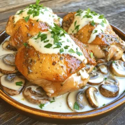 - 4 boneless, skinless chicken thighs - 1 cup button mushrooms, sliced - 1 cup cremini mushrooms, sliced - 2 tablespoons olive oil - 3 cloves garlic, minced Mushroom chicken starts with juicy chicken thighs. They offer a rich flavor and stay moist. I love using a mix of button and cremini mushrooms. They bring a great taste and texture. Olive oil gives a nice sear, while garlic adds a punch of flavor. - 1 teaspoon dried thyme - 1 teaspoon dried rosemary - 1 teaspoon onion powder - Salt and pepper to taste Seasoning is key for flavor. Dried thyme and rosemary give earthy notes. Onion powder adds sweetness, while salt and pepper enhance everything. Make sure to season the chicken well. This step makes a huge difference in taste. - 1 cup chicken broth - ¼ cup heavy cream - 2 tablespoons fresh parsley, chopped (for garnish) The sauce ties the dish together. Chicken broth adds depth and moisture. Heavy cream makes it rich and creamy. Fresh parsley adds color and freshness. It’s the finishing touch that brightens up the plate. For the full recipe, check out the details above. - Seasoning the chicken thighs Begin by seasoning the chicken thighs. Use salt, pepper, onion powder, dried thyme, and dried rosemary. Make sure to coat both sides well. This step ensures the chicken is full of flavor. - Searing for flavor Heat 1 tablespoon of olive oil in a large skillet. Once hot, add the seasoned chicken thighs. Sear them for about 5-6 minutes on each side. Look for a nice golden brown crust. After searing, remove the chicken and set it aside on a plate. - Sautéing button and cremini mushrooms In the same skillet, add 1 tablespoon of olive oil. Then, add the sliced button and cremini mushrooms. Sauté them for about 4-5 minutes until they turn golden brown. This brings out their rich flavor. - Adding garlic for aroma Stir in the minced garlic. Cook for another minute until the garlic smells fragrant. This adds a wonderful aroma that fills your kitchen. - Combining broth and scraped bits Carefully pour in the chicken broth. Use a wooden spoon to scrape the bottom of the skillet. This helps mix in all the flavorful bits left from the chicken and mushrooms. - Adjusting seasoning Bring the mixture to a gentle simmer. Let it cook for about 2 minutes to blend the flavors. Taste the sauce and adjust seasoning with more salt or pepper if needed. You can find the full recipe to create this savory dish in the previous section. - Choosing the right skillet: Use a heavy skillet for even heat. Cast iron or stainless steel works best. - Timing for golden crust: Sear the chicken thighs for about 5-6 minutes on each side. Look for a rich golden color. - How to thicken or thin sauce: To thicken, simmer the sauce longer or add more cream. To thin, add more chicken broth. - Flavor balancing tips: Taste the sauce as you go. Adjust with salt, pepper, or herbs to enhance the flavor. - Ideal side dishes for Mushroom Chicken: Serve with creamy mashed potatoes or steamed green beans for a balanced meal. - Presentation tips for a beautiful plate: Drizzle sauce over the chicken and garnish with fresh parsley. Use a colorful plate to make it pop. {{image_4}} You can easily switch out rice for pasta. Use your favorite noodles, like fettuccine or penne. Cook the pasta according to the package instructions while you make the chicken. To create a creamy sauce, add more heavy cream and cheese. This adds richness that pairs well with the mushrooms. For a warm, comforting dish, try a casserole. Start by layering the chicken, sautéed mushrooms, and sauce in a baking dish. You can add cooked rice or pasta for heartiness. Cover and bake at 350°F (175°C) for about 30 minutes. Check that the chicken is cooked through before serving. If you want a meat-free option, use mushrooms as the main protein. Shiitake and portobello mushrooms work great. For creaminess, try plant-based cream like coconut or cashew. This keeps the dish rich and satisfying without meat. For more ideas, check the Full Recipe. To keep your mushroom chicken fresh, use airtight containers. Glass containers work well, as they keep the food safe and easy to heat. You can store the dish in the fridge for up to three days. If you want to keep it longer, freezing is a great option. You can reheat mushroom chicken in two ways: the microwave or stovetop. The microwave is quick, but it can dry out the dish. The stovetop is better for keeping moisture. Just add a splash of broth while heating to keep it juicy. To freeze mushroom chicken, let it cool completely before packing it away. Use freezer-safe bags or containers, and remove as much air as possible. For the best results, thaw it in the fridge overnight before reheating. This helps maintain the flavor and texture. Yes, you can use many types of mushrooms. Here are some great choices: - Shiitake mushrooms - Portobello mushrooms - Oyster mushrooms - Maitake mushrooms These options can add unique flavors and textures to your dish. Just remember: each type might change the taste a bit. Feel free to mix and match to find your favorite! Mushroom Chicken can be a healthy meal. Here’s the breakdown: - Chicken thighs are a good source of protein. - Mushrooms are low in calories and high in nutrients. - Olive oil provides healthy fats. - Heavy cream adds richness but is higher in calories. Overall, it’s a well-rounded dish when enjoyed in moderation. Pair it with veggies for more nutrients! To check if the chicken is cooked, use a meat thermometer. The chicken should reach an internal temperature of 165°F (75°C). This temperature ensures it is safe to eat. If you don’t have a thermometer, cut into the thickest part. The meat should be white and the juices clear. Avoid undercooking to keep your meal safe and tasty. Mushroom Chicken is a simple yet delicious dish. You can use chicken thighs, mushrooms, and great seasonings. I shared how to prepare, cook, and serve it well. Save leftovers safely and enjoy different variations too. Experiment with pasta, casseroles, or vegetarian options. With the tips I've given, you can impress anyone at your table. Remember, cooking is about having fun. Enjoy your meal creations and make them your own!