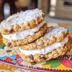 To make tasty oatmeal cream pies, you need these key ingredients: - 1 cup unsalted butter, softened to room temperature - 1 cup packed light brown sugar - 1/2 cup granulated sugar - 1 large egg - 1 teaspoon pure vanilla extract - 1 1/2 cups all-purpose flour - 1 teaspoon baking soda - 1 teaspoon ground cinnamon - 1/2 teaspoon salt - 3 cups old-fashioned rolled oats - 1/2 cup raisins (or chocolate chips for a twist) - 1 cup powdered sugar, sifted - 1/2 cup marshmallow fluff - 1 teaspoon pure vanilla extract (for the filling) These ingredients create the soft, chewy cookies and sweet filling that make this treat special. If you run out of an ingredient, don’t worry! Here are some easy swaps: - Butter: Use coconut oil for a dairy-free option. - Brown sugar: You can use white sugar with a bit of molasses. - Oats: Quick oats work in a pinch; just adjust the baking time. - Raisins: Any dried fruit or chocolate chips can work instead. These substitutions can keep your pies delicious while using what you have at home. To make your oatmeal cream pies, gather these tools: - Electric mixer for creaming butter and sugars - Mixing bowls for combining ingredients - Cookie scoop or tablespoon for uniform cookies - Baking sheets lined with parchment paper - Wire rack for cooling cookies Having the right tools makes the process smooth and fun. Enjoy the baking experience! First, gather your ingredients. Start with the softened butter, brown sugar, and granulated sugar. In a large bowl, use an electric mixer. Cream the butter and sugars together. Mix on medium speed for about 3-5 minutes. Your mixture should look light and fluffy. Next, add the large egg and vanilla extract. Mix on low speed until combined. Now, it's time for the dry ingredients. In a separate bowl, whisk together the flour, baking soda, cinnamon, and salt. Gradually add this dry mix to the wet ingredients. Stir gently to combine, but don’t overmix. Finally, fold in the rolled oats and raisins (or chocolate chips). Preheat your oven to 350°F (175°C). Prepare two baking sheets with parchment paper. Using a cookie scoop or a tablespoon, scoop rounded portions of dough. Place them on the baking sheets, leaving space for spreading. Bake the cookies for 10-12 minutes. They should be lightly golden on the edges but soft in the center. Once baked, let the cookies cool on the baking sheet for 5 minutes. After that, transfer them to a wire rack to cool completely. In a clean mixing bowl, whisk together the sifted powdered sugar, marshmallow fluff, and vanilla extract. Mix until the filling is smooth. This step is key for a perfect cream pie. You want a filling that spreads easily but holds its shape when you assemble the pies. Once your cookies are cool, it's time to fill them. Take one cookie, spread a dollop of filling on the flat side, and top with another cookie. Repeat until all cookies are used. Enjoy your homemade oatmeal cream pies! For the full recipe, check out the complete guide. To make soft and chewy cookies, use room-temperature butter. This helps the butter blend well with the sugars, giving the cookies a nice rise. Cream the butter and sugars for 3-5 minutes. This step adds air and makes cookies light. Do not overmix once you add the dry ingredients. Overmixing can lead to tough cookies. One common mistake is not measuring ingredients correctly. Use a kitchen scale for precision. Another mistake is baking too long. You want a light golden edge and soft center. If you let them cool on the baking sheet too long, they can become hard. Always transfer cookies to a wire rack for even cooling. A great way to present your pies is by dusting them with powdered sugar. It adds a lovely touch. You can also place them on a colorful platter. For a fun idea, use parchment bags for serving. This not only looks cute but also makes them easy to grab. Your guests will love the charm! {{image_4}} You can change up your oatmeal cream pies with fun mix-ins. You might stick with raisins for a classic taste. They add a nice chew and a hint of sweetness. Or, you can swap in chocolate chips for a richer flavor. Chocolate makes each bite feel like a special treat. Both choices work well, so pick what you like best! The filling is just as important as the cookies. While marshmallow fluff is a great choice, you have other options. You could use cream cheese frosting for a tangy twist. Another idea is to mix in peanut butter for a nutty flavor. You might even try whipped cream for a light texture. Each filling can change the whole taste of your cream pie! Want to make these pies gluten-free? You can use gluten-free rolled oats and flour. This way, you can enjoy the same great taste without gluten. If you want a vegan option, replace the butter with coconut oil. For the egg, try using flaxseed meal mixed with water. These swaps let everyone enjoy homemade oatmeal cream pies! For the full recipe, check out the earlier section in this article. To keep your oatmeal cream pies fresh, store them in an airtight container. This step prevents air from making them dry. Layer the cookies with parchment paper to avoid sticking. If you want to keep them soft, add a slice of bread inside the container. The bread will help retain moisture. Homemade oatmeal cream pies will last about 5 to 7 days at room temperature. If you keep them in the fridge, they can last up to 10 days. Always check for any signs of spoilage, like mold or an off smell, before eating. Want to enjoy these treats later? You can freeze them! Wrap each pie tightly in plastic wrap. Then, place them in a freezer bag or airtight container. They will keep well for about 3 months in the freezer. To enjoy, just let them thaw at room temperature for a few hours. This way, you have a tasty treat ready whenever you want! For the full recipe, check back to create these delightful pies. Yes, you can make Oatmeal Cream Pies ahead of time. You can bake the cookies a day in advance. Let them cool completely, then store them in an airtight container. Keep the filling separate until you are ready to serve. This way, they stay fresh and soft. When you are ready to enjoy them, simply assemble the pies. To keep your cookies soft, store them in an airtight container. Adding a slice of bread to the container helps maintain moisture. The bread will absorb excess air, keeping cookies chewy. Also, avoid overbaking them. Remove cookies from the oven while they look slightly underdone. They will continue to cook as they cool. Serve your Homemade Oatmeal Cream Pies fresh for the best taste. Place them on a colorful platter or in cute bags for a fun touch. Pair them with a glass of milk or a hot beverage for a cozy snack. You can also sprinkle some powdered sugar on top for extra flair. Want to explore more? Check out the Full Recipe for detailed steps! In this post, we covered how to make oatmeal cream pies, from essential ingredients to storage tips. You learned about mixing dough, baking cookies, and making cream filling. I shared tricks for the best texture and common mistakes to avoid. We explored fun variations, too, like gluten-free options and creative mix-ins. Finally, we answered your questions to help you succeed. Enjoy baking these tasty treats and impress your friends!