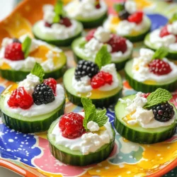 - 1 cup Greek yogurt (non-fat, plain) - 1 tablespoon honey - 1 teaspoon vanilla extract - 1 cup mixed berries (strawberries, blueberries, raspberries) - 1 small cucumber, sliced into rounds - 1/4 cup crumbled feta cheese - Fresh mint leaves for garnish - Pinch of sea salt - Optional: Sliced almonds or chia seeds for topping Greek yogurt is high in protein and low in fat. It helps you feel full longer. Honey adds natural sweetness and has antioxidants. Mixed berries are rich in vitamins and fiber. They support heart health and digestion. Cucumber keeps you hydrated and is low in calories. Feta cheese gives a boost of calcium and flavor. Fresh mint adds a refreshing taste and aids digestion. Sea salt enhances flavors while keeping sodium low. Choose berries that are firm and brightly colored. Look for cucumbers that are smooth and shiny. Avoid any with soft spots or wrinkles. Check for fresh mint, which should be vibrant green. Smell the mint to ensure it has a strong scent. Always buy organic when possible for better nutrition. Store your produce in the fridge to keep it fresh. Rinse berries just before use to avoid mold. These tips help you enjoy the best flavors in your skinny summer snack bites. For the full recipe, check out the details above! 1. Start by mixing the Greek yogurt, honey, and vanilla extract in a bowl. 2. Stir the mixture well until it becomes smooth. 3. In another bowl, toss the mixed berries together gently. 4. If you want extra sweetness, drizzle more honey on the berries. 5. Lay cucumber slices on a platter to form a base for the bites. 6. Spoon the yogurt mix onto each cucumber slice, making a nice layer. 7. Add a few mixed berries on top of the yogurt for color. 8. Sprinkle crumbled feta cheese on each bite for a savory kick. 9. Finish with a sprinkle of sea salt and a fresh mint leaf. 10. If you like, add sliced almonds or chia seeds for crunch. - Use pre-sliced cucumbers to save time. - Buy a yogurt mix that includes honey and vanilla if you’re in a hurry. - Prepare the yogurt mix and berries ahead of time, then assemble later. - Keep everything ready and set up in the fridge. - The yogurt mix should be smooth and creamy. - Look for bright colors in the berries and fresh mint. - Cucumber slices should be crisp and not wilted. - Arrange the bites neatly on a platter for a stunning look. - Drizzling honey on top adds a sweet touch just before serving. These snack bites are a treat for your eyes and taste buds! Enjoy making them fresh and colorful. You can find the full recipe above. To make your snack bites pop, mix sweet and savory flavors. The creamy yogurt pairs well with tart berries. You can add a hint of spice with a dash of black pepper. Experiment with different herbs like basil or dill for a fresh twist. Using fresh ingredients helps bring out the best in your bites. The yogurt should be thick but smooth. If it's too runny, your bites will not hold together. To thicken it, try straining the yogurt with a cheesecloth. This trick makes it creamy and perfect for spreading. For a lighter texture, you can mix in a bit of whipped cream or use Greek yogurt instead of regular yogurt. Presentation matters! Use fresh mint leaves for a bright touch. You can also sprinkle sliced almonds or chia seeds for added crunch. Drizzle extra honey on top just before serving for a sweet shine. Arrange your snack bites on a colorful platter to create an inviting display. These simple steps make your snacks look as good as they taste. {{image_4}} You can switch up the berries in this recipe. Try peaches, mangoes, or kiwi. These fruits add fun flavors and colors. You can even mix in some pineapple for a tropical twist. The key is to select fruits that you love. This way, you will enjoy every bite even more. For a dairy-free option, use coconut yogurt instead of Greek yogurt. It gives a creamy texture and a hint of sweetness. Use maple syrup instead of honey for a vegan alternative. If you skip the feta cheese, add a sprinkle of nutritional yeast for a cheesy flavor without dairy. You can serve these bites in many ways. Try them on a large platter for a party. Arrange cucumber slices in a fun shape. You could even stack them on skewers for a fun touch. For a more fancy look, add a drizzle of balsamic glaze over the top. These ideas make your snack bites not only tasty but also a feast for the eyes. Check out the full recipe for more details on how to make these delicious bites! To keep your Skinny Summer Snack Bites fresh, store them properly. First, place any leftover bites in an airtight container. This helps to lock in moisture and keep them tasty. Avoid stacking them too high to prevent squishing. If you have extra yogurt mixture, store it in a separate container. This keeps the cucumbers crisp and the yogurt creamy. These snack bites taste best when fresh. You can store them in the fridge for up to two days. If they sit too long, the cucumbers may become soggy. Reheating is not recommended, as the fresh flavors shine best cold. Just grab them from the fridge when you're ready to enjoy! Select a container that is glass or BPA-free plastic with a tight lid. Glass containers are great as they do not retain smells. If you use a plastic container, ensure it is food-safe. Consider using smaller containers for the yogurt mixture and the cucumber slices. This keeps everything fresh until you are ready to serve. For more ideas, check the Full Recipe for more tips on preparation and storage! To cut calories, use low-fat Greek yogurt instead of non-fat. You can also skip the honey or reduce it. Consider using fresh herbs for flavor instead of cheese. Each change can help lower the calorie count while keeping the taste. Yes, you can prep these snack bites a few hours before serving. Assemble the yogurt and cucumber base but add the berries and toppings right before serving. This keeps them fresh and tasty. Try fruit skewers with watermelon, pineapple, and mint. You can also make a veggie platter with hummus. Another fun option is yogurt parfaits with granola and seasonal fruits. These ideas are refreshing and easy to make. Absolutely! You can prepare the yogurt mix and chop the veggies ahead of time. Store them in separate containers in the fridge. Just assemble the bites when you're ready to eat. This way, you can enjoy these snacks throughout the week. These Skinny Summer Snack Bites are easy to make and full of flavor. We covered the essential ingredients, their health benefits, and tips for selecting fresh produce. You learned simple steps to prepare and present these snacks perfectly. I shared ways to customize them for your tastes and dietary needs. Remember, with proper storage, these bites stay fresh and tasty. Try these tips, and enjoy a cool, healthy treat all summer long!