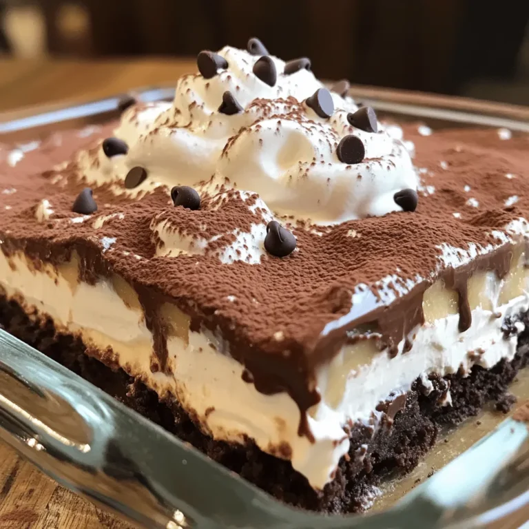 For this chocolate lasagna, you need the following ingredients: - 12 whole chocolate cookies (such as Oreos) - 2 tablespoons unsalted butter, melted - 1 cup cream cheese, softened to room temperature - 1 cup powdered sugar, sifted - 2 cups whipped cream (store-bought or homemade) - 1 cup chocolate pudding mix - 2 ¾ cups whole milk - 1 cup mini chocolate chips - 1 teaspoon pure vanilla extract - Cocoa powder or grated chocolate for garnish If you want to switch things up, you can use any chocolate cookies you like. For a lighter version, try using low-fat cream cheese or whipped topping. You can also swap whole milk for almond or oat milk if you need a dairy-free option. This recipe is all about making it your own while enjoying the rich flavors of chocolate. Remember, the Full Recipe can guide you through the steps to create this delicious dessert! To make a Chocolate Lasagna, follow these simple steps. Each step builds layers of flavor and texture. - Instructions for making the cookie crust: Start by crushing 12 chocolate cookies into fine crumbs. You can use a food processor for this. Mix the crumbs with 2 tablespoons of melted butter in a bowl. Press this mixture firmly into a 9x13 inch dish. This forms your crust. - Creating the cream cheese layer: In another bowl, combine 1 cup of softened cream cheese with 1 cup of sifted powdered sugar. Beat this mix with an electric mixer until smooth. Fold in 1 cup of whipped cream. Then, spread this creamy layer evenly over the cookie crust. - Whipping up the chocolate pudding layer: Take a separate mixing bowl and whisk together 1 cup of chocolate pudding mix with 2 ¾ cups of whole milk. Keep whisking for about 2-3 minutes. This will thicken the mixture. Let it sit for a couple of minutes to set. - Assembling the lasagna layers: Pour the thickened chocolate pudding over the cream cheese layer. Use a spatula to spread it evenly. Sprinkle 1 cup of mini chocolate chips on top for extra flavor. - Chilling and preparing for serving: Add the final dollop of whipped cream over the pudding layer. Spread it out evenly to cover everything. Cover the dish with plastic wrap and chill it in the refrigerator for at least 4 hours. For best results, let it chill overnight. When ready, dust the top with cocoa powder or chocolate shavings before serving. Enjoy each layer of this delicious Chocolate Lasagna! You can find the Full Recipe for more detailed steps and tips. - Avoiding Common Pitfalls: To prevent a soggy crust, ensure you press the cookie mixture firmly. If the cream cheese layer is lumpy, make sure your cream cheese is at room temperature. This helps it mix smoothly. - Achieving the Best Flavor: Use high-quality chocolate cookies for a richer taste. For extra flavor in the cream cheese layer, try adding a splash of your favorite liqueur or a bit of lemon zest. This adds a nice twist. - Recommended Kitchen Tools: An electric mixer is key for making the cream cheese layer smooth. A food processor makes crushing cookies easy. A 9x13 inch dish is perfect for layering. Have a spatula handy to spread layers evenly. These tips will help you create a beautiful and delicious chocolate lasagna. For the full recipe, check out the complete instructions above. Enjoy your dessert! {{image_4}} You can easily customize your chocolate lasagna to fit your taste. Here are some fun ideas: - Using different chocolate cookie brands: While Oreos work great, try other chocolate cookies. Brands like Famous Amos or even homemade chocolate cookies can add a unique twist. Each cookie brings its flavor and texture, making the crust special. - Adding flavors or ingredients to the cream cheese layer: To make the cream cheese layer pop, add flavors like almond extract or a bit of orange zest. You can also mix in some crushed cookies or a spoonful of peanut butter for a tasty surprise. - Suggested toppings or garnishes: Get creative with your toppings! You can add fresh fruit like strawberries or raspberries. Chopped nuts or a drizzle of caramel sauce also work well. For a fun look, sprinkle mini chocolate chips or shaved chocolate on top. These variations make your chocolate lasagna truly yours! If you're looking for a full recipe, check out the link above. To keep your chocolate lasagna fresh, follow these simple steps: - Refrigerating Leftovers: Always cover the dish with plastic wrap or a lid. This helps prevent the layers from drying out. Place the lasagna in the fridge. It stays fresh for about 3 to 5 days. - Freezing Options: If you want to keep it longer, you can freeze the lasagna. Cut it into squares and wrap each piece in plastic wrap. Then, place them in a freezer-safe bag. It can last for up to 2 months in the freezer. - Shelf Life Tips: For the best taste, enjoy your lasagna within a few days. If it's frozen, thaw it overnight in the fridge before serving. This keeps the texture nice and creamy. By following these tips, you can savor every bite of your delicious chocolate lasagna later. For the full recipe, check out the detailed instructions above. Can I make this dessert ahead of time? Yes, you can make this dessert a day in advance. It actually tastes better when the flavors mix overnight. Just keep it covered in the fridge until you are ready to serve. What can I substitute for whipped cream? If you need a substitute for whipped cream, try using Greek yogurt or cool whip. You can also make your own by whipping heavy cream with a bit of sugar. Is it possible to make a healthier version of this recipe? Yes, you can make a healthier chocolate lasagna. Use low-fat cream cheese and sugar-free pudding mix. You can also swap regular cookies for whole-grain ones. How long does the chocolate lasagna need to chill? Chill the chocolate lasagna for at least four hours. For the best taste, let it sit overnight. This allows all the layers to set well. Can I use different types of milk in the pudding? Absolutely! You can use almond milk, soy milk, or oat milk instead of whole milk. Just make sure to choose a flavor that you enjoy, as it will affect the taste. For the complete recipe, check out the [Full Recipe]. You learned how to make a delicious chocolate lasagna. We covered ingredients, steps, and tips to help you succeed. Remember to customize it with your favorite flavors. Proper storage keeps it fresh for later enjoyment. With this recipe, you can impress friends and family. Enjoy your time in the kitchen, and have fun experimenting with different ideas!