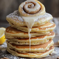- 1 cup all-purpose flour - 2 tablespoons granulated sugar - 1 teaspoon baking powder - 1/2 teaspoon baking soda - 1/4 teaspoon salt - 1 cup buttermilk - 1 large egg - 2 tablespoons melted unsalted butter - 1 teaspoon vanilla extract - 1/4 cup packed brown sugar - 1 tablespoon ground cinnamon - 2 tablespoons unsalted butter, softened - 4 ounces cream cheese, softened - 1/2 cup powdered sugar - 2 tablespoons milk - 1 teaspoon vanilla extract These ingredients create the perfect mix for a delightful breakfast. The main pancake mix is simple and classic. The cinnamon swirl adds that sweet twist. Finally, the cream cheese glaze ties everything together beautifully. When you gather these ingredients, ensure they are fresh. Fresh ingredients give the best taste. I suggest using real buttermilk for a rich flavor. If you don't have buttermilk, mix regular milk with vinegar as a substitute. The cinnamon swirl is a game-changer. It transforms a basic pancake into a cinnamon roll delight. The cream cheese glaze adds a creamy finish that makes these pancakes irresistible. For the full recipe, refer to the details provided earlier. Enjoy the process of making these pancakes as much as you enjoy eating them! - Mix 1/4 cup brown sugar and 1 tablespoon ground cinnamon in a small bowl. - Add 2 tablespoons of softened butter to this mixture. Blend until smooth. - In a large bowl, whisk together 1 cup of flour, 2 tablespoons sugar, 1 teaspoon baking powder, 1/2 teaspoon baking soda, and 1/4 teaspoon salt. - In another bowl, mix 1 cup buttermilk, 1 large egg, 2 tablespoons melted butter, and 1 teaspoon vanilla extract. - Pour the wet ingredients into the dry mixture. Stir gently until just combined. - Preheat your griddle or skillet over medium heat. - Lightly grease the surface with butter or cooking spray. - Pour 1/4 cup of batter onto the griddle. - Immediately drizzle the cinnamon swirl mixture over the batter in a spiral pattern. - Cook until small bubbles form on the surface, about 2-3 minutes. - Flip the pancake and cook for another 2 minutes, until golden brown. - Repeat with the remaining batter. For the complete process, check the Full Recipe. To achieve fluffy pancakes, you must avoid overmixing the batter. When you mix too much, the pancakes can turn tough. Gently combine the wet and dry ingredients until just mixed. This keeps the pancakes light. Next, let’s talk about griddle temperature. Heat your griddle to medium. If it's too hot, the pancakes can burn before cooking through. You want a nice golden brown color. A drop of water should sizzle when you test the temperature. For the best cinnamon swirls, use a squeeze bottle. This helps control how much you add and where it goes. If you don't have one, a spoon works, but it can be less precise. Timing is key when adding the swirl. Drizzle the cinnamon mixture right after you pour the batter onto the griddle. This ensures the swirl cooks right into the pancake, making it look beautiful and taste amazing. To get the right consistency for your cream cheese glaze, start with softened cream cheese. Beat it until smooth. Gradually add powdered sugar and milk. This helps create a pourable glaze that coats the pancakes nicely. For flavor enhancement, you can add a pinch of salt or a splash of lemon juice. This balances the sweetness and adds depth. You might also try adding vanilla extract or even a bit of maple syrup for a different twist. For the full recipe, check out the detailed steps to create these delightful breakfast treats! {{image_4}} You can make cinnamon roll pancakes even more fun. Adding chocolate chips gives a sweet twist. Just sprinkle them on the batter before flipping. You can also add nuts or fruit. Chopped apples or pecans mix well with the cinnamon flavor. Both options add texture and taste to your pancakes. While the cream cheese glaze is a hit, you have other choices. A drizzle of maple syrup brings a classic touch. You can also use honey or nut butter for a different flavor. Each option adds a unique taste to your pancakes. Experiment with what you love best. If you need gluten-free pancakes, swap the flour for a gluten-free mix. Many brands work well in this recipe. For vegan options, use plant-based milk and replace the egg with flaxseed meal or applesauce. These swaps help you enjoy delicious pancakes while meeting your dietary needs. For the full recipe, check out the detailed instructions to create your perfect cinnamon roll pancakes. To keep your leftover pancakes fresh, place them in an airtight container. If you stack them, add parchment paper between layers. This helps prevent sticking. Store the container in the fridge. Your pancakes will stay fresh for about 3 to 4 days. To freeze your cinnamon roll pancakes, let them cool completely first. Then, place them in a single layer on a baking sheet. This stops them from sticking together. Once frozen, transfer them to a freezer bag. They can last up to 2 months in the freezer. To thaw, take them out and let them sit in the fridge overnight. For reheating, use a microwave or a skillet. Heat them until warm, but be careful not to overcook. For the cream cheese glaze, you should store it in a sealed container. Keep it in the fridge. The glaze will last for about 1 week. If it thickens, simply stir in a little milk to bring it back to a pourable consistency. To make your pancakes fluffier, focus on a few key techniques. - Use fresh baking powder for a strong rise. - Whip the egg whites separately and fold them in gently. - Avoid overmixing; mix just until combined for a lighter texture. - Let the batter rest for 10 minutes before cooking. This helps with air pockets. These small steps can lead to big changes in pancake fluffiness. Yes, you can prepare the batter in advance. Here are the best practices for storing it: - Mix the wet and dry ingredients separately. - Combine them just before you are ready to cook. This keeps the pancakes light. - If you must store, cover the bowl tightly and keep it in the fridge for up to 24 hours. Before cooking, stir gently to reincorporate any settled ingredients. If your pancakes turn out chewy, adjust your ingredients for better texture. - Reduce the amount of flour slightly. Too much flour can lead to chewiness. - Ensure you use the right measurement for liquids. Too little can also cause a dense pancake. - Mix the batter lightly. Overmixing activates gluten, making pancakes tough. By following these tips, you can achieve the perfect pancake texture. In summary, you now have a guide to making delicious cinnamon roll pancakes. We covered key ingredients, step-by-step instructions, and helpful tips for the perfect stack. Remember to experiment with different flavors and make adjustments to fit your diet. Proper storage keeps these treats fresh longer. Enjoy this fun twist on a classic breakfast!