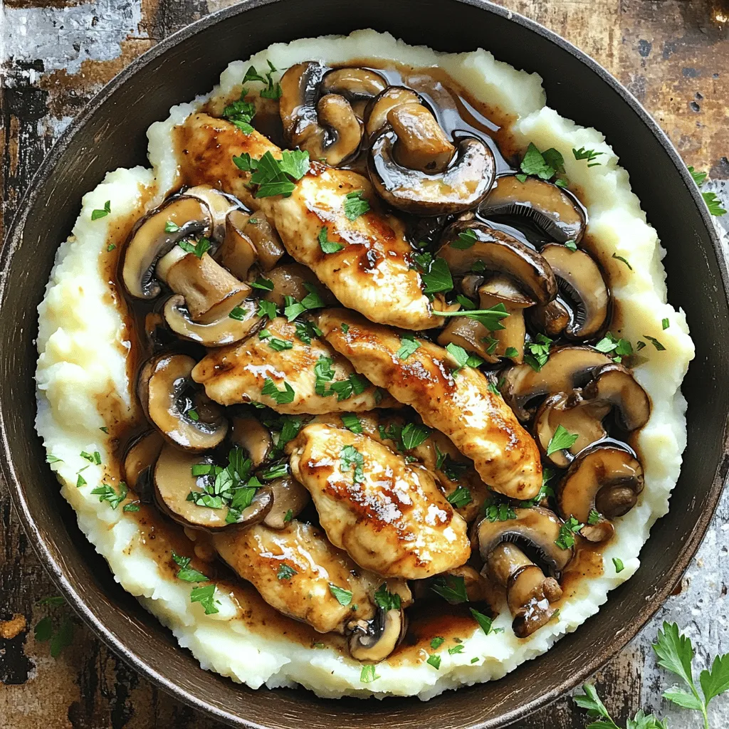 <strong>Chicken and Mushroom Selection</strong> For this dish, use two boneless, skinless chicken breasts. Slice them into thin strips. Choose a mix of mushrooms for depth. I like shiitake, cremini, and button mushrooms. Clean and slice two cups of these mushrooms. This variety gives a rich flavor and nice texture. <strong>Aromatics: Onions and Garlic</strong> One medium onion adds sweetness. Slice it thinly to cook evenly. You’ll also need three cloves of garlic. Mince them finely to release their aroma. Garlic enhances the taste and makes the dish smell great. <strong>Flavor Enhancers: Soy Sauce and Balsamic Vinegar</strong> Two tablespoons of soy sauce add a savory depth. Use low-sodium soy sauce for a healthier option. One tablespoon of balsamic vinegar brings a sweet tang. These two ingredients work together to create a rich umami taste in the sauce. <strong>Fresh Thyme vs. Dried Thyme</strong> I prefer using fresh thyme in this recipe. It gives a brighter flavor. You can use one tablespoon of fresh thyme leaves. If fresh isn’t available, one teaspoon of dried thyme works too. Just remember, dried thyme is stronger. <strong>Salt and Pepper to Taste</strong> Always season your food. Use salt and freshly ground black pepper to taste. This simple step enhances all flavors. Adjust the seasoning as needed while you cook. <strong>Fresh Parsley for Presentation</strong> Chop some fresh parsley for a pop of green. It adds color to your dish. Sprinkle it on top right before serving for a fresh touch. <strong>Other Garnish Ideas</strong> You can also use thin lemon slices or extra thyme. These add brightness and a lovely look. Get creative with your garnishes to make your dish stand out. This recipe is simple yet packed with flavor. For the full recipe, check out the details. To make perfect mushroom chicken, start with sautéing the chicken. Heat the olive oil in your skillet over medium-high heat. When the oil shimmers, add the chicken strips. Season with salt and pepper. Cook for about 5-7 minutes. Stir occasionally until golden brown. Make sure to remove the chicken once fully cooked. Set it aside on a plate. Cooking time may vary with chicken thickness. If your chicken strips are thicker, add a few extra minutes. Always check that the chicken reaches an internal temperature of 165°F. This ensures it is safe and juicy. Next, we need to cook the aromatics. In the same skillet, add the sliced onions. Sauté for about 3-4 minutes until they soften. You’ll know they’re ready when they turn translucent. Then, add minced garlic. Sauté for an additional minute. Keep an eye on the garlic to prevent burning. If it burns, the flavor can become bitter. Now, it’s time for the mushrooms. Choose your favorite varieties, like shiitake, cremini, or button mushrooms. Add them to the skillet and stir well. Cook for about 5-6 minutes. This allows the mushrooms to release their moisture. You’ll want them to develop a nice golden color for the best flavor and texture. To achieve the perfect mushroom texture, make sure not to overcrowd the skillet. This helps them cook evenly and prevents steaming. If you have many mushrooms, cook them in batches. This way, they brown nicely, adding depth to your dish. For the full recipe, check out the details provided above. <strong>Overcooking Chicken</strong> Overcooking chicken is a common mistake. It dries out the meat. To avoid this, cook the chicken until it is golden brown. Use a meat thermometer for best results. Chicken should reach an internal temperature of 165°F. Remove it from the skillet as soon as it’s done. <strong>Not Enough Seasoning</strong> Many people under-season their chicken. This can make the dish bland. Always season your chicken and mushrooms well with salt and pepper. Add soy sauce and balsamic vinegar for more flavor. Taste the dish before serving and adjust the seasoning if needed. <strong>Adding Wine or Broth Variations</strong> Adding wine can elevate the flavor of your Mushroom Chicken. Use a dry white wine for a nice depth. If you prefer, use low-sodium chicken broth instead. This gives a rich flavor without being overpowering. <strong>Techniques to Build Umami Flavor</strong> Umami is the savory taste we often crave. Use a mix of mushrooms for better flavor. Shiitake and cremini add depth. Soy sauce and balsamic vinegar enhance umami, too. Sautéing the mushrooms until golden also brings out their natural flavors. <strong>Serving Suggestions: Rice vs. Mashed Potatoes</strong> How you serve Mushroom Chicken matters. For a light meal, serve over fluffy jasmine rice. For a comforting dish, creamy mashed potatoes work great. Both options soak up the sauce well. <strong>Creative Plating Ideas</strong> Plating can make your dish look more appealing. Try placing the chicken in the center of the plate. Spoon the sauce over it. Add a sprinkle of fresh parsley on top. This adds color and freshness. A light dusting of thyme can also improve the look. For the full recipe, check out [Full Recipe]. Enjoy your cooking! {{image_4}} You can make this dish even better with a few simple changes. If you’re looking for vegetarian options, try using tofu or tempeh instead of chicken. Both can soak up flavors well and give you that hearty texture you crave. For those who need gluten-free meals, swap soy sauce for tamari. It gives the same umami taste without gluten. You can also use gluten-free broth to keep the dish safe for all diets. Want to spice things up? Add Asian influences by using sauces like hoisin or oyster sauce. They add a sweet and savory kick that pairs well with mushrooms. You can also drizzle some sesame oil on top before serving for extra flavor. If Italian flavors excite you, use fresh herbs like basil or oregano. A sprinkle of Parmesan cheese on top before serving brings a rich, cheesy touch. Mixing in sun-dried tomatoes can also add a nice twist. Using seasonal vegetables can change the game for Mushroom Chicken. In spring, add asparagus or peas for a fresh crunch. In fall, consider adding butternut squash for a sweet, creamy texture. For festive times, think about holiday-inspired recipes. You can add cranberries or chestnuts to the dish, creating a warm, cozy feel. These options will make your meal feel special no matter the season. Check out the Full Recipe for more details! How do you store leftover Mushroom Chicken? First, allow the dish to cool down. Then, place it in an airtight container. This keeps it fresh and tasty. You can store it in the fridge for up to four days. What are the best containers for storage? Glass or plastic containers with tight lids work well. Make sure they are clean and dry before use. If you plan to eat it soon, these options are great. How do you freeze Mushroom Chicken properly? Start by letting it cool completely. Then, portion it into freezer-safe bags or containers. Remove as much air as possible to prevent freezer burn. You can freeze it for up to three months. What are the thawing and reheating guidelines? To thaw, move the container to the fridge overnight. For quick thawing, place it in cold water. When reheating, warm it gently on the stove or microwave. Ensure it reaches a safe temperature of 165°F before serving. What should you know about expiration dates? Always check for the date on your container. If you freeze it, write the date on the bag. This helps you keep track of how long it’s been stored. What are the signs of spoilage? Look for changes in color or texture. If it smells off or shows mold, it’s time to discard it. Trust your senses; they guide you well. For the full recipe, look back at the beginning of this article. You can serve Mushroom Chicken with many tasty sides. Here are some great ideas: – Fluffy jasmine rice – Creamy mashed potatoes – Steamed green beans – Roasted broccoli – Garlic bread – Quinoa salad For a quick salad, try mixing greens with cherry tomatoes. A light vinaigrette works well. You can also add nuts for a nice crunch. Mushroom Chicken stays good in the fridge for about 3-4 days. Make sure to store it in an airtight container. To keep it fresh, let it cool first. Avoid leaving it out at room temperature for too long. Yes! You can use turkey, tofu, or shrimp. If using turkey, cut it into thin strips like chicken. For tofu, press it first to remove excess water. Then, cube it and sauté until golden. For shrimp, cook until pink and firm. Adjust the cooking time based on the protein you choose. Mushroom chicken combines key ingredients like chicken, mushrooms, and herbs for rich flavor. In this blog, I shared step-by-step instructions to cook it right. Avoid common mistakes, such as overcooking the chicken, to keep it juicy. Explore different variations for seasonal and dietary needs. Remember to store leftovers properly to enjoy later. Mushroom chicken is versatile, tasty, and easy to make. With these tips, you can create a dish your family loves. Happy cooking!” /></p>
</p>
<h2>Variations</h2>
</p>
<h3>Recipe Modifications</h3>
<p>You can make this dish even better with a few simple changes. If you’re looking for vegetarian options, try using tofu or tempeh instead of chicken. Both can soak up flavors well and give you that hearty texture you crave.</p>
</p>
<p>For those who need gluten-free meals, swap soy sauce for tamari. It gives the same umami taste without gluten. You can also use gluten-free broth to keep the dish safe for all diets.</p>
</p>
<h3>Regional Flavors</h3>
<p>Want to spice things up? Add Asian influences by using sauces like hoisin or oyster sauce. They add a sweet and savory kick that pairs well with mushrooms. You can also drizzle some sesame oil on top before serving for extra flavor.</p>
</p>
<p>If Italian flavors excite you, use fresh herbs like basil or oregano. A sprinkle of Parmesan cheese on top before serving brings a rich, cheesy touch. Mixing in sun-dried tomatoes can also add a nice twist.</p>
</p>
<h3>Seasonal Variations</h3>
<p>Using seasonal vegetables can change the game for Mushroom Chicken. In spring, add asparagus or peas for a fresh crunch. In fall, consider adding butternut squash for a sweet, creamy texture.</p>
</p>
<p>For festive times, think about holiday-inspired recipes. You can add cranberries or chestnuts to the dish, creating a warm, cozy feel. These options will make your meal feel special no matter the season.</p>
</p>
<p>Check out the Full Recipe for more details!</p>
</p>
<h2>Storage Info</h2>
</p>
<h3>Refrigeration Guidelines</h3>
</p>
<p>How do you store leftover Mushroom Chicken? First, allow the dish to cool down. Then, place it in an airtight container. This keeps it fresh and tasty. You can store it in the fridge for up to four days.</p>
</p>
<p>What are the best containers for storage? Glass or plastic containers with tight lids work well. Make sure they are clean and dry before use. If you plan to eat it soon, these options are great.</p>
</p>
<h3>Freezing Tips</h3>
</p>
<p>How do you freeze Mushroom Chicken properly? Start by letting it cool completely. Then, portion it into freezer-safe bags or containers. Remove as much air as possible to prevent freezer burn. You can freeze it for up to three months.</p>
</p>
<p>What are the thawing and reheating guidelines? To thaw, move the container to the fridge overnight. For quick thawing, place it in cold water. When reheating, warm it gently on the stove or microwave. Ensure it reaches a safe temperature of 165°F before serving.</p>
</p>
<h3>Shelf Life</h3>
</p>
<p>What should you know about expiration dates? Always check for the date on your container. If you freeze it, write the date on the bag. This helps you keep track of how long it’s been stored.</p>
</p>
<p>What are the signs of spoilage? Look for changes in color or texture. If it smells off or shows mold, it’s time to discard it. Trust your senses; they guide you well. For the full recipe, look back at the beginning of this article.</p>
</p>
<h2>FAQs</h2>
</p>
<h3>What can I serve with Mushroom Chicken?</h3>
<p>You can serve Mushroom Chicken with many tasty sides. Here are some great ideas:</p>
</p>
<p>– Fluffy jasmine rice</p>
<p>– Creamy mashed potatoes</p>
<p>– Steamed green beans</p>
<p>– Roasted broccoli</p>
<p>– Garlic bread</p>
<p>– Quinoa salad</p>
</p>
<p>For a quick salad, try mixing greens with cherry tomatoes. A light vinaigrette works well. You can also add nuts for a nice crunch.</p>
</p>
<h3>How long does Mushroom Chicken last in the fridge?</h3>
<p>Mushroom Chicken stays good in the fridge for about 3-4 days. Make sure to store it in an airtight container.</p>
</p>
<p>To keep it fresh, let it cool first. Avoid leaving it out at room temperature for too long.</p>
</p>
<h3>Can I substitute chicken with another protein?</h3>
<p>Yes! You can use turkey, tofu, or shrimp. If using turkey, cut it into thin strips like chicken.</p>
</p>
<p>For tofu, press it first to remove excess water. Then, cube it and sauté until golden.</p>
</p>
<p>For shrimp, cook until pink and firm. Adjust the cooking time based on the protein you choose.</p>
</p>
<p>Mushroom chicken combines key ingredients like chicken, mushrooms, and herbs for rich flavor. In this blog, I shared step-by-step instructions to cook it right. Avoid common mistakes, such as overcooking the chicken, to keep it juicy. Explore different variations for seasonal and dietary needs. Remember to store leftovers properly to enjoy later. Mushroom chicken is versatile, tasty, and easy to make. With these tips, you can create a dish your family loves. Happy cooking!</p>
<div id=
