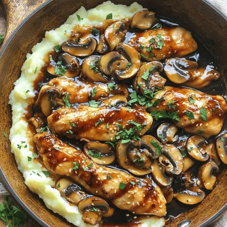 Chicken and Mushroom Selection For this dish, use two boneless, skinless chicken breasts. Slice them into thin strips. Choose a mix of mushrooms for depth. I like shiitake, cremini, and button mushrooms. Clean and slice two cups of these mushrooms. This variety gives a rich flavor and nice texture. Aromatics: Onions and Garlic One medium onion adds sweetness. Slice it thinly to cook evenly. You’ll also need three cloves of garlic. Mince them finely to release their aroma. Garlic enhances the taste and makes the dish smell great. Flavor Enhancers: Soy Sauce and Balsamic Vinegar Two tablespoons of soy sauce add a savory depth. Use low-sodium soy sauce for a healthier option. One tablespoon of balsamic vinegar brings a sweet tang. These two ingredients work together to create a rich umami taste in the sauce. Fresh Thyme vs. Dried Thyme I prefer using fresh thyme in this recipe. It gives a brighter flavor. You can use one tablespoon of fresh thyme leaves. If fresh isn’t available, one teaspoon of dried thyme works too. Just remember, dried thyme is stronger. Salt and Pepper to Taste Always season your food. Use salt and freshly ground black pepper to taste. This simple step enhances all flavors. Adjust the seasoning as needed while you cook. Fresh Parsley for Presentation Chop some fresh parsley for a pop of green. It adds color to your dish. Sprinkle it on top right before serving for a fresh touch. Other Garnish Ideas You can also use thin lemon slices or extra thyme. These add brightness and a lovely look. Get creative with your garnishes to make your dish stand out. This recipe is simple yet packed with flavor. For the full recipe, check out the details. To make perfect mushroom chicken, start with sautéing the chicken. Heat the olive oil in your skillet over medium-high heat. When the oil shimmers, add the chicken strips. Season with salt and pepper. Cook for about 5-7 minutes. Stir occasionally until golden brown. Make sure to remove the chicken once fully cooked. Set it aside on a plate. Cooking time may vary with chicken thickness. If your chicken strips are thicker, add a few extra minutes. Always check that the chicken reaches an internal temperature of 165°F. This ensures it is safe and juicy. Next, we need to cook the aromatics. In the same skillet, add the sliced onions. Sauté for about 3-4 minutes until they soften. You'll know they're ready when they turn translucent. Then, add minced garlic. Sauté for an additional minute. Keep an eye on the garlic to prevent burning. If it burns, the flavor can become bitter. Now, it's time for the mushrooms. Choose your favorite varieties, like shiitake, cremini, or button mushrooms. Add them to the skillet and stir well. Cook for about 5-6 minutes. This allows the mushrooms to release their moisture. You'll want them to develop a nice golden color for the best flavor and texture. To achieve the perfect mushroom texture, make sure not to overcrowd the skillet. This helps them cook evenly and prevents steaming. If you have many mushrooms, cook them in batches. This way, they brown nicely, adding depth to your dish. For the full recipe, check out the details provided above. Overcooking Chicken Overcooking chicken is a common mistake. It dries out the meat. To avoid this, cook the chicken until it is golden brown. Use a meat thermometer for best results. Chicken should reach an internal temperature of 165°F. Remove it from the skillet as soon as it’s done. Not Enough Seasoning Many people under-season their chicken. This can make the dish bland. Always season your chicken and mushrooms well with salt and pepper. Add soy sauce and balsamic vinegar for more flavor. Taste the dish before serving and adjust the seasoning if needed. Adding Wine or Broth Variations Adding wine can elevate the flavor of your Mushroom Chicken. Use a dry white wine for a nice depth. If you prefer, use low-sodium chicken broth instead. This gives a rich flavor without being overpowering. Techniques to Build Umami Flavor Umami is the savory taste we often crave. Use a mix of mushrooms for better flavor. Shiitake and cremini add depth. Soy sauce and balsamic vinegar enhance umami, too. Sautéing the mushrooms until golden also brings out their natural flavors. Serving Suggestions: Rice vs. Mashed Potatoes How you serve Mushroom Chicken matters. For a light meal, serve over fluffy jasmine rice. For a comforting dish, creamy mashed potatoes work great. Both options soak up the sauce well. Creative Plating Ideas Plating can make your dish look more appealing. Try placing the chicken in the center of the plate. Spoon the sauce over it. Add a sprinkle of fresh parsley on top. This adds color and freshness. A light dusting of thyme can also improve the look. For the full recipe, check out [Full Recipe]. Enjoy your cooking! {{image_4}} You can make this dish even better with a few simple changes. If you're looking for vegetarian options, try using tofu or tempeh instead of chicken. Both can soak up flavors well and give you that hearty texture you crave. For those who need gluten-free meals, swap soy sauce for tamari. It gives the same umami taste without gluten. You can also use gluten-free broth to keep the dish safe for all diets. Want to spice things up? Add Asian influences by using sauces like hoisin or oyster sauce. They add a sweet and savory kick that pairs well with mushrooms. You can also drizzle some sesame oil on top before serving for extra flavor. If Italian flavors excite you, use fresh herbs like basil or oregano. A sprinkle of Parmesan cheese on top before serving brings a rich, cheesy touch. Mixing in sun-dried tomatoes can also add a nice twist. Using seasonal vegetables can change the game for Mushroom Chicken. In spring, add asparagus or peas for a fresh crunch. In fall, consider adding butternut squash for a sweet, creamy texture. For festive times, think about holiday-inspired recipes. You can add cranberries or chestnuts to the dish, creating a warm, cozy feel. These options will make your meal feel special no matter the season. Check out the Full Recipe for more details! How do you store leftover Mushroom Chicken? First, allow the dish to cool down. Then, place it in an airtight container. This keeps it fresh and tasty. You can store it in the fridge for up to four days. What are the best containers for storage? Glass or plastic containers with tight lids work well. Make sure they are clean and dry before use. If you plan to eat it soon, these options are great. How do you freeze Mushroom Chicken properly? Start by letting it cool completely. Then, portion it into freezer-safe bags or containers. Remove as much air as possible to prevent freezer burn. You can freeze it for up to three months. What are the thawing and reheating guidelines? To thaw, move the container to the fridge overnight. For quick thawing, place it in cold water. When reheating, warm it gently on the stove or microwave. Ensure it reaches a safe temperature of 165°F before serving. What should you know about expiration dates? Always check for the date on your container. If you freeze it, write the date on the bag. This helps you keep track of how long it’s been stored. What are the signs of spoilage? Look for changes in color or texture. If it smells off or shows mold, it’s time to discard it. Trust your senses; they guide you well. For the full recipe, look back at the beginning of this article. You can serve Mushroom Chicken with many tasty sides. Here are some great ideas: - Fluffy jasmine rice - Creamy mashed potatoes - Steamed green beans - Roasted broccoli - Garlic bread - Quinoa salad For a quick salad, try mixing greens with cherry tomatoes. A light vinaigrette works well. You can also add nuts for a nice crunch. Mushroom Chicken stays good in the fridge for about 3-4 days. Make sure to store it in an airtight container. To keep it fresh, let it cool first. Avoid leaving it out at room temperature for too long. Yes! You can use turkey, tofu, or shrimp. If using turkey, cut it into thin strips like chicken. For tofu, press it first to remove excess water. Then, cube it and sauté until golden. For shrimp, cook until pink and firm. Adjust the cooking time based on the protein you choose. Mushroom chicken combines key ingredients like chicken, mushrooms, and herbs for rich flavor. In this blog, I shared step-by-step instructions to cook it right. Avoid common mistakes, such as overcooking the chicken, to keep it juicy. Explore different variations for seasonal and dietary needs. Remember to store leftovers properly to enjoy later. Mushroom chicken is versatile, tasty, and easy to make. With these tips, you can create a dish your family loves. Happy cooking!