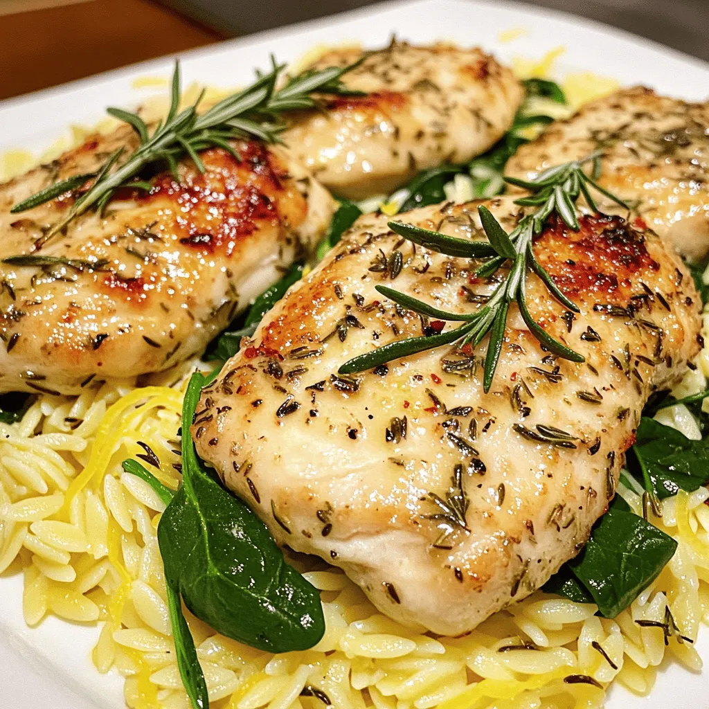 - 4 boneless, skinless chicken breasts - 4 tablespoons olive oil, divided - 4 cloves garlic, minced - 1 tablespoon fresh rosemary, finely chopped - 1 tablespoon fresh thyme, finely chopped - Zest and juice of 1 large lemon - Salt and freshly ground black pepper, to taste - 2 cups low-sodium chicken broth - 1 cup orzo pasta - 2 cups baby spinach - ¼ cup grated Parmesan cheese (optional) The main ingredients in this dish create a lovely balance of flavors. The chicken provides protein, while garlic and herbs bring aroma and taste. Lemon adds brightness, and orzo offers a perfect base. - ¼ cup grated Parmesan cheese - Fresh herbs for garnish, like parsley or basil Parmesan adds creaminess and depth to the dish. Fresh herbs can brighten up the final presentation and enhance flavor. - Chicken: Use turkey breast or firm tofu for a vegetarian option. - Orzo: Swap with quinoa or rice for gluten-free options. - Olive oil: Can be replaced with avocado oil or melted butter. Substitutions help tailor the recipe to your needs. Don’t be afraid to experiment! Each change can create a new twist on this fresh delight. For the full recipe, check the complete guide above. To start, you need to marinate the chicken. This step brings out the flavors. In a medium bowl, mix 2 tablespoons of olive oil, minced garlic, chopped rosemary, chopped thyme, lemon zest, lemon juice, salt, and pepper. This marinade is simple but very tasty. Add the chicken breasts to the bowl. Make sure every piece is well-coated. Cover the bowl with plastic wrap and place it in the fridge. Let it marinate for at least 30 minutes. For the best flavor, try to marinate overnight. After marinating, it’s time to cook the chicken. Heat the remaining 2 tablespoons of olive oil in a large skillet over medium-high heat. Take the chicken out of the marinade, letting the extra drip off. Place the chicken in the hot skillet. Sear each side for 5-6 minutes. You want that nice golden-brown color. Use a meat thermometer to check for doneness. The internal temperature should reach 165°F (75°C). Once done, move the chicken to a plate and cover it with foil to keep it warm. Now, let’s prepare the orzo. In the same skillet, pour in the low-sodium chicken broth. Bring it to a gentle simmer. Add the orzo pasta and cook as per the package instructions. This usually takes about 8-10 minutes. Stir it occasionally. You want the orzo to be tender, yet firm. After it’s cooked, toss in the baby spinach. Stir until the spinach wilts, which takes about 1-2 minutes. If you like, add Parmesan cheese for creaminess. Stir well and adjust the seasoning as needed. For the complete recipe, check out the [Full Recipe]. To get juicy chicken, marinate it well. Use a mix of lemon, garlic, and herbs. This helps the chicken absorb flavor. Make sure to let the chicken sit in the marinade for at least 30 minutes. For best results, marinate overnight. When cooking, heat your skillet to medium-high. This creates a nice crust. Sear the chicken for about 5-6 minutes on each side. Always check the internal temperature. It should reach 165°F (75°C). Let it rest before slicing. This keeps the juices locked in. Cooking the orzo in chicken broth adds depth. Use low-sodium broth to control the salt. Once the broth simmers, stir in the orzo. Cook it for about 8-10 minutes. This gives it a firm texture. You can add a squeeze of lemon juice or some zest for extra flavor. Don’t forget the baby spinach! It wilts quickly and adds a fresh taste. If you want creaminess, sprinkle in some Parmesan cheese at the end. This makes the dish richer and more satisfying. For a stunning plate, slice the chicken and place it on top of the orzo. Drizzle some pan juices over the chicken for added flavor. Garnish with a bit of lemon zest or fresh herbs. This adds color and makes the dish pop. Using a colorful plate can enhance the look, too. The vibrant colors of the dish will impress your guests. Serve it warm to ensure the flavors shine. These details will make your dish not only tasty but also beautiful. For more ideas, check the Full Recipe for inspiration! {{image_4}} You can switch out the chicken for other meats. Try turkey breasts for a leaner option. Pork chops also work well if you want something different. For those who love seafood, shrimp adds a great twist. Just adjust the cooking time, as shrimp cooks faster than chicken. For a vegetarian meal, replace chicken with hearty vegetables. Grilled eggplant or zucchini can bring a nice texture. Tofu is another choice; marinate it like the chicken. This adds flavor and keeps it moist. You can also use chickpeas for protein and a pleasant bite. Feel free to get creative with your herbs. Basil or parsley can replace rosemary and thyme. Adding a pinch of red pepper flakes gives a spicy kick. If you love citrus, add more lemon zest or juice. This will brighten the dish and enhance the flavors. To keep your Garlic Herb Chicken with Lemon Orzo fresh, let it cool first. Place the leftovers in an airtight container. Make sure to store it in the fridge. It stays good for 3 to 4 days. If you have leftover orzo, store it separately to prevent mushiness. Reheat the chicken and orzo in the microwave. Use a microwave-safe dish and cover it with a lid or plastic wrap. Heat on medium for 1 to 2 minutes. Stir halfway through to ensure even heating. Check that the chicken is warm all the way through. You can also reheat them in a skillet. Add a splash of chicken broth to keep it moist. You can freeze Garlic Herb Chicken for later use. First, let it cool completely. Wrap each chicken piece tightly in plastic wrap, then place it in a freezer bag. Label it with the date. It can stay in the freezer for up to 3 months. For the orzo, freeze it in a separate container. When you’re ready to eat, thaw in the fridge overnight before reheating. For the best texture, try to avoid freezing cooked orzo for too long. Yes, you can use whole wheat orzo. It adds a nutty flavor and extra fiber. The cooking time may vary slightly, so check the package for specific instructions. Whole wheat orzo is a healthier choice that still pairs well with garlic herb chicken. You can marinate the chicken for at least 30 minutes. For best results, marinate overnight. This allows the flavors to soak in deeply. Use a glass or plastic bowl for marinating to avoid any reactions with the acid from the lemon juice. Garlic herb chicken with lemon orzo pairs well with a simple green salad. A side of roasted vegetables also works nicely. You can also serve garlic bread for a hearty meal. If you want to stay light, try some steamed broccoli or asparagus. For a refreshing drink, serve with iced tea or lemonade. Check the Full Recipe for more serving suggestions! In this post, we covered the key ingredients for Garlic Herb Chicken with Lemon Orzo. We discussed how marinating, cooking, and preparing create delicious flavors. I shared tips for cooking chicken perfectly and enhancing your orzo. Exploring substitutions lets you customize this meal for your tastes. Proper storage ensures your leftovers stay fresh. Remember, cooking should be fun and creative. Enjoy making this dish your own!