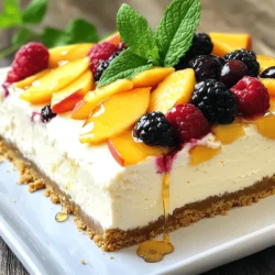 - 1 ½ cups graham cracker crumbs - ½ cup unsalted butter, melted - 2 tablespoons granulated sugar - 16 oz cream cheese, softened at room temperature - ¾ cup granulated sugar - 2 teaspoons pure vanilla extract - 3 large eggs, at room temperature - 1 cup sour cream, at room temperature - 2 ripe peaches, pitted and sliced thinly - 1 cup mixed berries (strawberries, blueberries, raspberries) - ¼ cup honey - Fresh mint leaves for garnish - Variations in fruit toppings (e.g., cherries, blackberries) - Substitutes for cream cheese (e.g., mascarpone) For this summer berry peach cheesecake, I focus on fresh, vibrant ingredients. The graham cracker crumbs give a sweet and crunchy base. The unsalted butter helps bind the crust together perfectly. I use granulated sugar to add a touch of sweetness to the crust. The cream cheese is the star of this dessert. I let it soften at room temperature for a smooth texture. The sugar and vanilla extract blend in to create a rich filling. I add eggs one at a time, ensuring each one mixes in well. Room temperature eggs help achieve a creamy filling. I love adding sour cream for a slight tang. It makes the cheesecake light and fluffy. The peaches bring a juicy sweetness, while the mixed berries add bursts of flavor. The honey drizzle ties all the flavors together beautifully. Fresh mint leaves add color and a hint of freshness, making it all look pretty. Feel free to swap fruits based on what you have or like. You can also use mascarpone if you prefer a different cream cheese alternative. The full recipe provides all the steps to create this delightful dessert. - Preheat the oven to 325°F (160°C). - Make the crust using graham cracker crumbs and butter. To start, I preheat my oven to 325°F. I want to create a nice, even bake. Next, I gather 1 ½ cups of graham cracker crumbs. These give the crust a delicious, sweet flavor. I add ½ cup of melted unsalted butter and 2 tablespoons of granulated sugar to a bowl. I mix them until the texture resembles wet sand. Then, I press this mixture firmly into the bottom of a 9-inch springform pan. I bake this crust for about 10 minutes. After baking, I let it cool completely in the pan. - Beat cream cheese and sugar until smooth. - Add eggs and vanilla carefully. Now, it’s time to make the creamy filling. I take 16 oz of softened cream cheese and place it in a large bowl. I use an electric mixer to beat it until it’s completely smooth. Then, I add ¾ cup of granulated sugar and mix it until there are no lumps. Next, I add 2 teaspoons of pure vanilla extract. I mix it gently. Now, I add 3 large eggs one at a time. I beat well after each addition to keep the mixture smooth. - Layer cheesecake filling and peach slices. - Add mixed berries before baking. For assembly, I pour half of the cream cheese mixture over the cooled crust. I smooth it out evenly. Next, I layer half of the sliced peaches on top of the cream cheese. I pour the remaining cream cheese mixture over the peaches. Finally, I add the rest of the peach slices and 1 cup of mixed berries on top. This gives it a colorful and tasty look. - Bake the cheesecake and cool in the oven. - Refrigerate to set for optimal texture. I place the cheesecake in the preheated oven and bake for 50-60 minutes. The center should be set but still slightly jiggly. After baking, I turn off the oven and leave the cheesecake inside for an hour. This helps prevent cracks. After an hour, I take it out and let it cool to room temperature. I cover it with plastic wrap and refrigerate for at least 4 hours, or overnight if I can wait. This helps it set and improves the flavor. For the full recipe, check out the details above. To make your cheesecake shine, avoid over-mixing the filling. Mix just until smooth. If you mix too long, air bubbles form, and that can lead to cracks. Also, use room temperature ingredients. This helps the mixture blend well and makes the cheesecake creamy. After baking, leave the cheesecake in the oven for an hour. This gentle cooling helps prevent cracks. Keep the oven door closed during this time. Monitor it closely to avoid over-baking. A slight jiggle in the center is fine. It will set as it cools. For a beautiful finish, use fresh mint leaves for garnish. They add color and a nice touch. Drizzle honey just before serving. It enhances the flavor and looks great. This simple step makes your cheesecake even more inviting. For the full recipe, check out the section above. {{image_4}} You can give your cheesecake a new twist. Add citrus zest from lemon or orange for a fresh, tangy kick. It brightens the flavor and makes each bite pop. You can also add chocolate chips or swirls. This adds richness and a fun texture. Both options make your cheesecake unique and delicious. Change the fruit based on the season. In the fall, use apples instead of peaches. They add a lovely crunch. You can also switch up the berries. Use raspberries in the summer and blackberries in the late summer. Using seasonal fruits keeps your cheesecake fresh and exciting. Want a lighter version? Use low-fat cream cheese instead of regular. This keeps the taste while cutting calories. You can also swap sugar for natural sweeteners like agave syrup. This makes your dessert healthier without losing sweetness. These changes allow everyone to enjoy your cheesecake without the guilt. For the full recipe, check out the Summer Berry Peach Cheesecake section. To keep your cheesecake fresh, store each slice in an airtight container. This helps prevent it from drying out. If you stack slices, use parchment paper to separate them. This keeps the layers intact and easy to enjoy later. You can freeze leftover cheesecake for up to three months. To do this, wrap the cheesecake tightly in plastic wrap and place it in a freezer-safe container. When you're ready to eat it, take it out and thaw it in the fridge overnight. This method keeps the texture smooth and creamy. In the fridge, your cheesecake lasts about five to seven days. To check for spoilage, look for any change in color or an off smell. If it looks dry or has a watery layer on top, it’s best to toss it. You want every bite to be as delightful as the first! Yes, you can swap peaches and berries with other fruits. Cherries, plums, or apples work well. You can also try blackberries or raspberries. Each fruit brings its own flavor. Just make sure the fruit is ripe and sweet. This will keep the cheesecake tasty and fresh. Cracks can happen, but you can avoid them. First, mix the filling gently. Over-mixing can introduce air, which causes cracks. Bake at a low temperature to help keep it smooth. If cracks still appear, don’t worry! You can cover them with berries or a drizzle of honey. Let your cheesecake cool for about one hour after baking. This helps it set and reduces cracks. After that, refrigerate it for at least four hours. For the best flavor and texture, overnight chilling is best. Yes, making this cheesecake ahead is a great idea! You can prepare it one day in advance. Store it in the fridge covered with plastic wrap. This way, the flavors meld together nicely. Just remember to add the honey drizzle right before serving. Check out the Full Recipe for more details! You now have a complete guide on making a delicious cheesecake. We covered ingredients, preparation steps, and variations to suit your taste. Remember to use room temperature ingredients to get a smooth filling. Avoiding after-baking cracks can help your cheesecake look amazing. Enjoy mixing in your favorite fruits and flavors! This recipe is fun and versatile, making it perfect for any occasion. Follow these tips, and you'll bake a cheesecake that’s sure to impress. Happy baking!