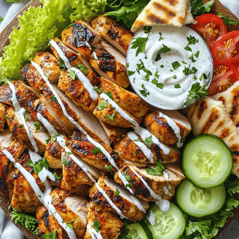 - 1 lb boneless, skinless chicken thighs - 3 tablespoons extra virgin olive oil - 2 teaspoons ground cumin - 2 teaspoons smoked paprika - 1 teaspoon ground coriander - 1 teaspoon ground turmeric - 1/2 teaspoon ground cinnamon - 1/2 teaspoon cayenne pepper (adjust for desired spice) - 4 cloves garlic, finely minced - Juice of 1 fresh lemon - Sea salt and freshly ground black pepper to taste - Pita bread or flatbreads, for serving - Fresh parsley, finely chopped, for garnish To make the chicken shawarma, you need a few key ingredients. The chicken thighs are juicy and tender, perfect for grilling. The olive oil helps blend the spices. Cumin and smoked paprika give a deep flavor. Turmeric adds color, while cinnamon and cayenne pepper bring warmth. Fresh garlic and lemon juice brighten the dish. Salt and pepper enhance all the flavors. Finally, fresh parsley adds a pop of color and taste. - 1 cup creamy plain Greek yogurt - 4 cloves garlic, finely minced - Juice of 1/2 lemon - 2 tablespoons tahini - Sea salt to taste For the creamy garlic sauce, Greek yogurt is the base. It adds creaminess and tang. Minced garlic gives it a strong flavor. Lemon juice adds brightness, while tahini brings a nutty taste. Sea salt helps bring all the flavors together. This sauce pairs perfectly with the chicken, making each bite delicious. You can find the full recipe for this Chicken Shawarma with Creamy Garlic Sauce in the main article. To start, gather your ingredients. In a large mixing bowl, whisk together the olive oil, ground cumin, smoked paprika, ground coriander, ground turmeric, ground cinnamon, cayenne pepper, minced garlic, fresh lemon juice, sea salt, and black pepper. This mixture creates a flavorful marinade. Ensure that you combine the ingredients well. Each spice adds depth, making your chicken shawarma truly special. Next, add the boneless chicken thighs to your marinade. Make sure each piece is fully coated. This step is key. Cover the bowl with plastic wrap or a lid. Let the chicken sit in the fridge for at least 1 hour. For the best flavor, marinate overnight if you can. The longer the chicken sits, the more it absorbs those tasty flavors. Now, it's time to cook. Preheat your grill or stovetop grill pan over medium-high heat. Once the grill is hot, remove the chicken from the marinade. Let any excess marinade drip off. Place the chicken on the grill. Cook for about 5-7 minutes on each side. You want a nice char on the edges. To check for doneness, use an instant-read thermometer. The internal temperature should reach 165°F (75°C). This ensures your chicken is safe to eat and juicy. To get the best flavor from your chicken shawarma, start with marinating. I suggest marinating the chicken for at least one hour. If you can, let it sit overnight. This time allows the spices to soak in. For the marinade, use these spices: - Ground cumin - Smoked paprika - Ground coriander - Ground turmeric - Ground cinnamon - Cayenne pepper Feel free to adjust the spices. Want a different taste? Try adding some allspice or sumac for a unique twist. Each spice will change the flavor a bit, so mix it up! When it comes to serving chicken shawarma, think fresh and fun. Pita bread or flatbreads work great as a base. You can add these sides: - Sliced cucumbers - Diced tomatoes - Shredded lettuce These sides add color and crunch. For a festive look, arrange everything on a large platter. Place the creamy garlic sauce in the center. This way, guests can create their own wraps. It’s fun and personalizes each meal! Want a great visual? Add chopped parsley on top for a pop of green. You’ll impress friends and family while enjoying a delicious meal. {{image_4}} If you're not in the mood for chicken, there are great substitutes. Beef and lamb work well, too. These meats soak up flavors just like chicken. Simply use the same marinade for them. For a vegetarian twist, try using mushrooms or eggplant. They have a meaty texture and will absorb the spices beautifully. While creamy garlic sauce is a star, you can explore other flavors. You might enjoy tahini sauce, made with sesame paste and lemon. Another option is a spicy harissa yogurt. This adds heat and depth. You can also try a simple lemon-herb dressing. Regional variations are fun, too. In the Middle East, some serve shawarma with a tangy pickle sauce. Others use a spicy chili sauce for a kick. Each sauce brings its own flair to the dish. The choice is yours! For the full recipe, check out the link. To keep your chicken shawarma fresh, store it properly. First, let the chicken cool to room temperature. Then, place it in an airtight container. Make sure to separate the chicken from the creamy garlic sauce to keep flavors fresh. Store the chicken in the fridge for up to three days. If you want to keep it longer, you can freeze it. Wrap the chicken tightly in plastic wrap and then place it in a freezer-safe bag. It will stay good for about three months. When it’s time to enjoy the leftover chicken shawarma, you want it hot but not dry. The best way to reheat is in the oven. Preheat your oven to 350°F (175°C). Place the chicken in a baking dish and cover it with foil. This helps keep moisture in. Heat for about 15 minutes or until warm. You can also use a microwave, but be careful. Place the chicken on a plate and cover it with a damp paper towel. Heat in short bursts, checking often. This keeps the chicken juicy and tasty. Enjoy your meal! Chicken shawarma is a popular Middle Eastern dish. It features marinated chicken cooked on a vertical spit. The dish is flavorful and tender, often served in pita or flatbreads. Shawarma has roots in the Ottoman Empire, evolving into a street food favorite. Its rich spices make it a beloved choice worldwide. Yes, you can make chicken shawarma in the oven. Preheat your oven to 425°F (220°C). Place marinated chicken on a baking sheet lined with parchment paper. Bake for about 25-30 minutes, turning halfway through. This method is great for convenience and still yields tasty results. The spice level of chicken shawarma is adjustable. You can add more cayenne pepper for heat or skip it for mildness. Many enjoy a mix of spices, allowing for personal preference. Taste the marinade before using it, and adjust as needed. If you can't use tahini, try peanut butter or sunflower seed butter as a substitute. You can also blend sesame seeds with olive oil for a homemade version. Greek yogurt can work as a base for creamy sauces too, adding flavor without tahini. Yes, you can freeze cooked chicken shawarma. Allow the chicken to cool completely before placing it in an airtight container. It will keep well in the freezer for up to three months. To defrost, place it in the fridge overnight or use the microwave for a quick option. To check if the chicken is done, use an instant-read thermometer. The internal temperature should reach 165°F (75°C). Look for juices that run clear and the chicken should not be pink inside. Let it rest for a few minutes before slicing for best results. To make Chicken Shawarma, start with marinated chicken thighs and a creamy garlic sauce. This dish shines with the right spices and cooking techniques, which enhance the flavor. Remember to let the chicken marinate well for the best taste. You can also experiment with different proteins and sauces for variety. Proper storage and reheating keep leftovers tasty. Enjoy your cooking journey and savor this delightful dish!