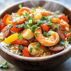 - 1 pound andouille sausage, sliced into rounds - 1 pound shrimp, peeled and deveined - 1 cup boneless, skinless chicken breast, diced into bite-sized pieces - 1 bell pepper (red or green), diced - 1 cup onion, finely chopped - 1 cup celery, chopped - 3 cloves garlic, minced - 2 teaspoons Cajun seasoning (adjust to taste) - 1 can (14 oz) diced tomatoes, with juices - 4 cups chicken broth (preferably low-sodium) - 2 tablespoons olive oil - ¼ cup green onions, thinly sliced (for garnish) - Fresh parsley, chopped (for garnish) - Additional spices (salt, pepper, thyme, bay leaf) Jambalaya thrives on its rich blend of flavors. I love the main ingredients, which create a base that bursts with taste. The andouille sausage adds warmth and depth. Shrimp and chicken bring a nice contrast in texture. Don't forget the veggies! Bell pepper, onion, and celery round out the dish, making it colorful and healthy. For seasoning, Cajun seasoning is key. It gives that signature kick and can be adjusted to your taste. Diced tomatoes add a juicy, sweet component. Chicken broth brings everything together, giving the dish a hearty base. Olive oil helps cook the meat and veggies perfectly. Finally, garnishes like green onions and parsley make the dish visually appealing. A sprinkle of extra spices can elevate your jambalaya even more. If you want to explore this recipe further, check out the Full Recipe for detailed steps! First, slice your andouille sausage into rounds. This adds nice texture to the dish. Next, dice the chicken breast into bite-sized pieces. This helps it cook evenly and blend well with other ingredients. Chop your vegetables. Dice the bell pepper and finely chop the onion. These add a great flavor base. Chop the celery and mince the garlic. Garlic brings a wonderful aroma to the dish. Start by browning the sausage. In a large pot, heat olive oil over medium heat. Add the sausage and cook for about 4-5 minutes. Stir it occasionally until it turns brown and crispy. Next, add the diced chicken to the pot. Cook this for 5-7 minutes. Stir often until the chicken browns and is no longer pink in the center. Now it's time to sauté the vegetables. Stir in the bell pepper, onion, celery, and garlic. Cook for 4-5 minutes. The veggies should soften and release a nice fragrance. To combine everything, pour in the diced tomatoes with their juices and chicken broth. Add the rice, Cajun seasoning, dried thyme, and a bay leaf. Season with salt and pepper. Mix well to combine all the ingredients. Increase the heat to bring the mixture to a boil. Once it boils, reduce the heat to low, cover the pot, and let it simmer. This should take about 20 minutes until the rice is tender and absorbs most of the liquid. Finally, gently fold in the shrimp. Cover the pot again and cook for another 5 minutes. The shrimp should turn pink and opaque. Remove the bay leaf from the pot. Fluff the jambalaya gently with a fork. Adjust the seasoning with more salt and pepper if you like. For the full recipe, refer to the complete instructions provided above. Adjust your spice levels with Cajun seasoning to fit your taste. Start with two teaspoons. You can add more if you want it spicier. Remember, it’s easier to add than to take away! Allowing flavors to meld is also key. After cooking, let the jambalaya sit for a few minutes. This helps all those delicious flavors come together. For browning meat, use medium heat. This ensures you get a nice crust without burning. Stir occasionally to avoid sticking. To avoid mushy rice, don’t skip the simmering step. Keep the pot covered and don’t stir too much. This helps the rice cook evenly and stay fluffy. When plating, use deep bowls to hold the jambalaya. Garnish with chopped green onions and parsley for color. You can also add a squeeze of lemon for a fresh touch. Pair it with crusty bread or a simple green salad. These sides balance the rich flavors of the jambalaya. For those who enjoy heat, offer hot sauce on the side to kick it up a notch. For the complete dish, check the Full Recipe. {{image_4}} Seafood jambalaya is a tasty twist on the classic dish. You can use a mix of seafood, like crabs, mussels, or crawfish. Each type brings its own unique flavor. I love adding shrimp too, as they cook quickly and soak up all the spices. You can follow the full recipe and simply swap out the proteins for your favorite seafood. For those who avoid meat, vegetarian jambalaya is a great option. You can replace the sausage and chicken with hearty vegetables and beans. Try using mushrooms, zucchini, or bell peppers. To boost flavor, add smoked paprika or a dash of liquid smoke. Beans like kidney or black beans add protein and texture. This way, you keep the dish filling and delicious. You can control the heat in your jambalaya. If you like spice, add more Cajun seasoning or hot sauce. For a milder version, cut back on spices and focus on herbs. Adjusting the heat helps cater to different tastes. Taste your dish as you cook to find that perfect balance. To keep jambalaya fresh, store it in an airtight container. Let it cool for about 30 minutes before sealing. Refrigerate it right away. This helps avoid bacteria growth. It stays tasty for up to 3 days in the fridge. Just reheat it on the stove or in the microwave. Freezing jambalaya is simple. Use a freezer-safe container or bag. Make sure to leave some space for expansion. Label the container with the date. Jambalaya freezes well for up to 3 months. When ready to eat, thaw it in the fridge overnight. Reheat gently on the stove, adding a splash of broth if needed. This keeps the dish moist and flavorful. In the fridge, jambalaya lasts about 3 days. If you freeze it, expect it to stay good for 3 months. After that, the taste and texture may change. To enjoy it at its best, eat it within these time frames. Always check for any signs of spoilage before consuming. Jambalaya takes about 50 minutes to cook. You spend 15 minutes prepping the ingredients. Then, the cooking process takes around 35 minutes. This includes browning the sausage and chicken, sautéing veggies, and simmering the dish until the rice is tender. You will love how quickly it comes together! Yes, you can make jambalaya ahead of time! It tastes even better the next day. Just store it in the fridge after cooling. To reheat, add a little broth to keep it moist. Heat it gently on the stove or in the microwave. It’s a great meal prep option. Jambalaya goes well with several sides. Try serving it with a fresh salad or crusty bread. Cornbread is also a fantastic choice. For drinks, pair it with iced tea or a cold beer. These options balance the spicy flavors and enhance your meal. To make jambalaya vegetarian, you can swap out the meat. Use mushrooms and bell peppers to add depth. Add beans like black beans or chickpeas for protein. You can keep the spices and tomatoes for flavor. This version is hearty and full of taste! Yes, you can use brown rice. However, you need to adjust the cooking time. Brown rice takes longer to cook, about 35-40 minutes. You should also add more liquid, around 4 ½ cups of broth. This ensures the rice cooks properly and absorbs all the flavors. Jambalaya is a fun dish packed with meat, seafood, and flavor. You learned about key ingredients, cooking steps, and helpful tips. Remember to adjust spices to match your taste. You can make different versions too. Storing leftovers keeps them fresh, so don’t worry if you make extra. Experiment with serving ideas and side dishes for variety. Enjoy creating your perfect jambalaya!