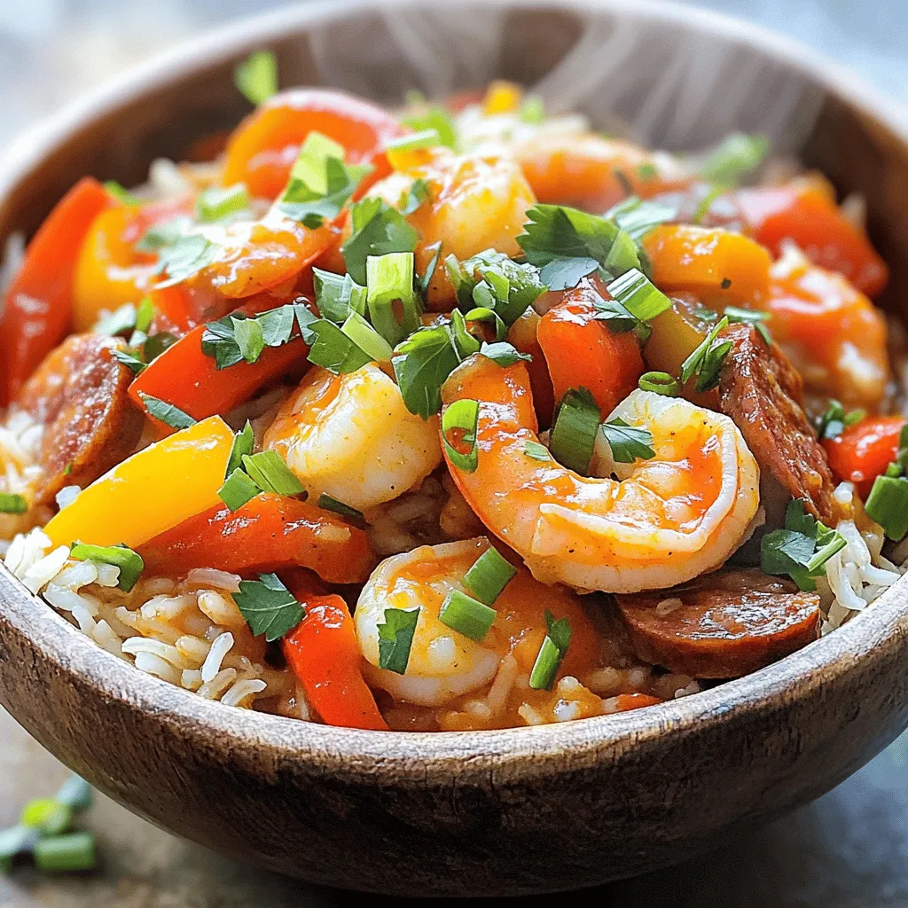 - 1 pound andouille sausage, sliced into rounds - 1 pound shrimp, peeled and deveined - 1 cup boneless, skinless chicken breast, diced into bite-sized pieces - 1 bell pepper (red or green), diced - 1 cup onion, finely chopped - 1 cup celery, chopped - 3 cloves garlic, minced - 2 teaspoons Cajun seasoning (adjust to taste) - 1 can (14 oz) diced tomatoes, with juices - 4 cups chicken broth (preferably low-sodium) - 2 tablespoons olive oil - ¼ cup green onions, thinly sliced (for garnish) - Fresh parsley, chopped (for garnish) - Additional spices (salt, pepper, thyme, bay leaf) Jambalaya thrives on its rich blend of flavors. I love the main ingredients, which create a base that bursts with taste. The andouille sausage adds warmth and depth. Shrimp and chicken bring a nice contrast in texture. Don't forget the veggies! Bell pepper, onion, and celery round out the dish, making it colorful and healthy. For seasoning, Cajun seasoning is key. It gives that signature kick and can be adjusted to your taste. Diced tomatoes add a juicy, sweet component. Chicken broth brings everything together, giving the dish a hearty base. Olive oil helps cook the meat and veggies perfectly. Finally, garnishes like green onions and parsley make the dish visually appealing. A sprinkle of extra spices can elevate your jambalaya even more. If you want to explore this recipe further, check out the Full Recipe for detailed steps! First, slice your andouille sausage into rounds. This adds nice texture to the dish. Next, dice the chicken breast into bite-sized pieces. This helps it cook evenly and blend well with other ingredients. Chop your vegetables. Dice the bell pepper and finely chop the onion. These add a great flavor base. Chop the celery and mince the garlic. Garlic brings a wonderful aroma to the dish. Start by browning the sausage. In a large pot, heat olive oil over medium heat. Add the sausage and cook for about 4-5 minutes. Stir it occasionally until it turns brown and crispy. Next, add the diced chicken to the pot. Cook this for 5-7 minutes. Stir often until the chicken browns and is no longer pink in the center. Now it's time to sauté the vegetables. Stir in the bell pepper, onion, celery, and garlic. Cook for 4-5 minutes. The veggies should soften and release a nice fragrance. To combine everything, pour in the diced tomatoes with their juices and chicken broth. Add the rice, Cajun seasoning, dried thyme, and a bay leaf. Season with salt and pepper. Mix well to combine all the ingredients. Increase the heat to bring the mixture to a boil. Once it boils, reduce the heat to low, cover the pot, and let it simmer. This should take about 20 minutes until the rice is tender and absorbs most of the liquid. Finally, gently fold in the shrimp. Cover the pot again and cook for another 5 minutes. The shrimp should turn pink and opaque. Remove the bay leaf from the pot. Fluff the jambalaya gently with a fork. Adjust the seasoning with more salt and pepper if you like. For the full recipe, refer to the complete instructions provided above. Adjust your spice levels with Cajun seasoning to fit your taste. Start with two teaspoons. You can add more if you want it spicier. Remember, it’s easier to add than to take away! Allowing flavors to meld is also key. After cooking, let the jambalaya sit for a few minutes. This helps all those delicious flavors come together. For browning meat, use medium heat. This ensures you get a nice crust without burning. Stir occasionally to avoid sticking. To avoid mushy rice, don’t skip the simmering step. Keep the pot covered and don’t stir too much. This helps the rice cook evenly and stay fluffy. When plating, use deep bowls to hold the jambalaya. Garnish with chopped green onions and parsley for color. You can also add a squeeze of lemon for a fresh touch. Pair it with crusty bread or a simple green salad. These sides balance the rich flavors of the jambalaya. For those who enjoy heat, offer hot sauce on the side to kick it up a notch. For the complete dish, check the Full Recipe. {{image_4}} Seafood jambalaya is a tasty twist on the classic dish. You can use a mix of seafood, like crabs, mussels, or crawfish. Each type brings its own unique flavor. I love adding shrimp too, as they cook quickly and soak up all the spices. You can follow the full recipe and simply swap out the proteins for your favorite seafood. For those who avoid meat, vegetarian jambalaya is a great option. You can replace the sausage and chicken with hearty vegetables and beans. Try using mushrooms, zucchini, or bell peppers. To boost flavor, add smoked paprika or a dash of liquid smoke. Beans like kidney or black beans add protein and texture. This way, you keep the dish filling and delicious. You can control the heat in your jambalaya. If you like spice, add more Cajun seasoning or hot sauce. For a milder version, cut back on spices and focus on herbs. Adjusting the heat helps cater to different tastes. Taste your dish as you cook to find that perfect balance. To keep jambalaya fresh, store it in an airtight container. Let it cool for about 30 minutes before sealing. Refrigerate it right away. This helps avoid bacteria growth. It stays tasty for up to 3 days in the fridge. Just reheat it on the stove or in the microwave. Freezing jambalaya is simple. Use a freezer-safe container or bag. Make sure to leave some space for expansion. Label the container with the date. Jambalaya freezes well for up to 3 months. When ready to eat, thaw it in the fridge overnight. Reheat gently on the stove, adding a splash of broth if needed. This keeps the dish moist and flavorful. In the fridge, jambalaya lasts about 3 days. If you freeze it, expect it to stay good for 3 months. After that, the taste and texture may change. To enjoy it at its best, eat it within these time frames. Always check for any signs of spoilage before consuming. Jambalaya takes about 50 minutes to cook. You spend 15 minutes prepping the ingredients. Then, the cooking process takes around 35 minutes. This includes browning the sausage and chicken, sautéing veggies, and simmering the dish until the rice is tender. You will love how quickly it comes together! Yes, you can make jambalaya ahead of time! It tastes even better the next day. Just store it in the fridge after cooling. To reheat, add a little broth to keep it moist. Heat it gently on the stove or in the microwave. It’s a great meal prep option. Jambalaya goes well with several sides. Try serving it with a fresh salad or crusty bread. Cornbread is also a fantastic choice. For drinks, pair it with iced tea or a cold beer. These options balance the spicy flavors and enhance your meal. To make jambalaya vegetarian, you can swap out the meat. Use mushrooms and bell peppers to add depth. Add beans like black beans or chickpeas for protein. You can keep the spices and tomatoes for flavor. This version is hearty and full of taste! Yes, you can use brown rice. However, you need to adjust the cooking time. Brown rice takes longer to cook, about 35-40 minutes. You should also add more liquid, around 4 ½ cups of broth. This ensures the rice cooks properly and absorbs all the flavors. Jambalaya is a fun dish packed with meat, seafood, and flavor. You learned about key ingredients, cooking steps, and helpful tips. Remember to adjust spices to match your taste. You can make different versions too. Storing leftovers keeps them fresh, so don’t worry if you make extra. Experiment with serving ideas and side dishes for variety. Enjoy creating your perfect jambalaya!