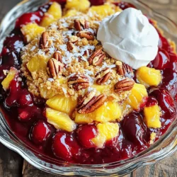 - 1 (21 oz) can of cherry pie filling - 1 (20 oz) can of crushed pineapple, well-drained - 1 (15.25 oz) box of yellow cake mix - 1 cup unsalted butter, melted - 1 cup shredded coconut (optional) - 1 cup chopped pecans or walnuts (optional) When you make Cherry Pineapple Dump Cake, using the right ingredients matters. Each item plays a big role in the flavor and texture of your cake. I love the mix of sweet cherries and tangy pineapple. It gives a nice balance to the dish. If you want to be precise, converting volume to weight helps. For example, 1 cup of butter weighs about 227 grams. This can help when you want to adjust your recipe. Use a kitchen scale for best results. You can switch up some ingredients if needed. Use gluten-free cake mix if you have dietary needs. You can also try fresh fruit instead of canned. Just make sure to adjust the liquid to keep the cake moist. For cherry pie filling, look for brands with real fruit. Check the label for added sugars. High-quality filling makes a big difference in flavor. I prefer those that use tart cherries for a nice zing. When it comes to pineapple, fresh is best if you can find it. Fresh pineapple has a bright flavor. If you use canned, drain it well. This keeps the cake from getting soggy. Either way, the pineapple adds a juicy layer to your cake. Essential Tools Needed To make Cherry Pineapple Dump Cake, you need some basic tools: - 9x13 inch baking dish - Mixing bowl - Measuring cups - Spoon or spatula - Cooking spray or butter for greasing Preheating and Greasing the Bakeware First, preheat your oven to 350°F (175°C). This step helps bake your cake evenly. Then, lightly grease your baking dish with cooking spray or butter. This prevents the cake from sticking and makes serving easier. Layering the Ingredients Start by pouring the cherry pie filling into your greased baking dish. Spread it evenly across the bottom. Then, layer the drained crushed pineapple on top of the cherries. Make sure to cover all the cherries. Applying the Cake Mix Next, open the box of yellow cake mix. Sprinkle it evenly over the fruit layers. Do not mix it in; the cake mix will form a nice crust while baking. Baking Time and Temperature Drizzle melted butter over the cake mix. This will help create a golden crust. Place your baking dish in the oven. Bake for 45 to 50 minutes. Look for a golden brown color on top and bubbling around the edges. Cooling Tips After baking, carefully remove the cake from the oven. Allow it to cool for about 10 minutes. This cooling time helps the layers settle. It makes serving the cake much easier. Optional Serving Suggestions Serve the warm cake topped with whipped cream or vanilla ice cream. This adds a delicious touch. You can also enjoy it plain for a simpler dessert. For the full recipe, check out the section above. Achieving the Perfect Texture To get the best texture, use a light touch. Layer the fruits gently in the baking dish. Spread the cake mix evenly on top, but don't mix it in. This will help form a nice crust. Drizzle melted butter all over the cake mix. This step is key for a crispy topping. Avoiding Common Mistakes One common mistake is mixing the cake mix into the fruit. This will not give you that classic dump cake texture. Make sure to drain the pineapple well. Excess liquid can make your cake soggy. Keep an eye on the baking time, too. If it starts to brown too fast, cover it with foil. Best Ways to Serve Serve the warm cake straight from the oven. Cut it into squares for easy serving. Place each piece on a plate with a scoop of vanilla ice cream. This adds creaminess that pairs well with the fruity flavors. Garnishing Ideas Garnish your cake with fresh cherries or pineapple slices. A sprinkle of shredded coconut on top adds flair. You can also use chopped nuts as a crunchy topping. Just remember, keep it simple to not overpower the cake's flavor. Flavor Pairing Suggestions Cherry and pineapple work well together, but don’t stop there. Consider adding a splash of almond extract for depth. A hint of cinnamon can add warmth. These flavors blend nicely with the fruit and cake. Adding a Personal Twist Feel free to make this recipe your own. Swap out the cherry filling for blueberries or peaches. You can also try different cake mix flavors like chocolate or spice. Adding a bit of lemon zest can brighten up the dish, too. For the full recipe, check out the details provided earlier. {{image_4}} Using Different Fruit Fillings You can use other fruits for this cake. Try peach, blueberry, or apple filling. Each fruit adds a unique taste. Mixing different fruits can also be fun. You could create a mixed fruit dump cake with your favorites. Gluten-Free Alternatives If you're gluten-free, use a gluten-free cake mix. Many brands offer great options. Just check the label. You can also use almond flour or coconut flour as a base. Adjust the butter, so the texture stays right. Different Cake Mix Flavors You don't have to stick with yellow cake mix. Try chocolate, lemon, or even spice cake. Each flavor will change the cake's taste. Experiment to find your favorite combo. Adding Spices and Extracts Spices can enhance this cake. Add cinnamon or nutmeg for warmth. A splash of almond or coconut extract can add depth. These small tweaks can make a big difference. Spring & Summer Fresh Fruits In spring and summer, use fresh fruits. Strawberries, raspberries, or even fresh cherries can shine. They add brightness and freshness to the cake. Fall & Winter Flavor Inspirations For fall, try using pumpkin puree or apple filling. You can sprinkle in some pecans or walnuts. In winter, a hint of peppermint extract can make it festive. Adapt the recipe to match the season. To keep your Cherry Pineapple Dump Cake fresh, follow these tips: - Best Practices for Refrigeration: Let the cake cool completely. Cover it tightly with plastic wrap or foil. This prevents drying and keeps the flavors intact. Store it in the fridge for up to 3 days. - Freezing Options: You can freeze leftovers for later enjoyment. Cut the cake into slices, then wrap each slice in plastic wrap. Place the wrapped slices in a freezer-safe bag. They will stay fresh for up to 2 months. Just remember to label the bag with the date. When you're ready to enjoy your cake again, reheating is simple: - Ideal Methods for Restoration: The best way to reheat is in the oven. Preheat your oven to 350°F (175°C). Place the cake in an oven-safe dish and cover it with foil to prevent drying out. - Duration and Tips for Best Results: Heat for about 15-20 minutes until warm. You can also use the microwave. Heat one slice at a time for about 30 seconds. Check if it’s warm enough, adding time if needed. Knowing how long your cake lasts helps avoid waste: - How Long Can It Last?: In the fridge, your cake is safe for about 3 days. In the freezer, it can last up to 2 months. - Signs of Spoilage: If you see mold or off smells, it’s time to toss it. If the texture seems odd or dry, it’s best not to eat it. Always trust your senses! Can I use fresh fruits instead? Yes, you can use fresh fruits. Fresh cherries and pineapples work well. Just chop them and use the same amount as canned. Fresh fruits add a nice texture and flavor. How do I make it dairy-free? To make it dairy-free, swap the unsalted butter for a dairy-free butter or coconut oil. Most cake mixes are dairy-free, but check the label to be sure. Why isn't my cake topping crisp? If the topping isn’t crisp, you may not have used enough butter. Ensure you cover the cake mix well with melted butter. Also, check your oven temperature. If it’s too low, the topping won't brown. How can I adjust for high altitude baking? At high altitudes, you may need to adjust cooking times. Increase the oven temperature by 15°F (about 8°C). You might also need to reduce the amount of sugar slightly. What should I serve with Cherry Pineapple Dump Cake? This cake is great with whipped cream or vanilla ice cream. You can also add fresh fruit on the side for a colorful touch. Is it better warm or chilled? I find it best when served warm. The flavors blend beautifully, and the topping stays soft yet slightly crisp. Enjoy it right out of the oven for a cozy treat! This blog covered making Cherry Pineapple Dump Cake. We explored the ingredients, tips for quality, and step-by-step baking instructions. You learned about storing leftovers and serving ideas, too. Now, you can get creative. Try different fruits or mix flavors to make it your own. Baking is fun, so enjoy the process! Your delicious cherry pineapple cake awaits.