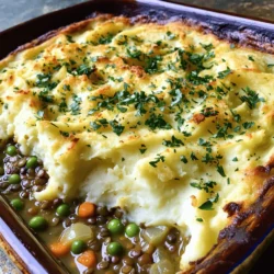 To make this Easy Lentil Shepherd's Pie, gather these ingredients: - 1 cup green or brown lentils, rinsed and drained - 2 cups vegetable broth - 1 medium onion, diced - 2 garlic cloves, minced - 2 medium carrots, diced - 2 medium celery stalks, diced - 1 teaspoon dried thyme - 1 teaspoon dried rosemary - 1 tablespoon soy sauce or tamari - 1 cup frozen peas - 4 medium potatoes, peeled and cut into chunks - 1/4 cup milk (or plant-based milk) - 2 tablespoons butter (or plant-based substitute) - Salt and pepper to taste For the best results, I recommend using specific brands that I trust: - Lentils: Look for brands like Bob's Red Mill or Goya. - Vegetable Broth: Swanson or Pacific Foods offer great flavors. - Soy Sauce: Use Kikkoman or Bragg's for a rich taste. - Plant-based Milk: Almond Breeze or Oatly are good choices. If you have allergies, here are some easy swaps: - Soy Sauce: Use coconut aminos for a soy-free option. - Butter: Replace with vegan butter or olive oil. - Milk: Any nut milk or oat milk works well for creaminess. - Vegetables: Swap in zucchini or bell peppers if you prefer. Using these ingredients, you can create a warm meal that everyone will love. For the full recipe, check out the detailed steps to bring this dish to life! Start by rinsing 1 cup of green or brown lentils. This step removes any dust. Next, combine the lentils with 2 cups of vegetable broth in a medium pot. Bring it to a boil over medium-high heat. After it boils, lower the heat, cover, and let it simmer for 25-30 minutes. You want the lentils to be tender. If there's extra broth, drain it and set the lentils aside. While the lentils cook, heat 1-2 tablespoons of olive oil in a large skillet over medium heat. Add 1 diced onion, 2 diced carrots, and 2 diced celery stalks. Sauté these for 5-7 minutes until they soften. Then, stir in 2 minced garlic cloves, 1 teaspoon of dried thyme, and 1 teaspoon of dried rosemary. Cook for one more minute. The kitchen will smell amazing! Once the vegetables are ready, add the cooked lentils to the skillet. Drizzle 1 tablespoon of soy sauce over the mixture and sprinkle in 1 cup of frozen peas. Mix well and season with salt and pepper to taste. Now, take a separate pot and boil salted water. Add 4 medium potatoes, cut into chunks. Cook them until fork-tender, about 15-20 minutes. Drain, then return the potatoes to the pot. Add 1/4 cup of milk and 2 tablespoons of butter. Mash until smooth and creamy, adding salt and pepper for flavor. Now, grease a baking dish with a bit of olive oil. Spread the lentil and vegetable mix evenly in the dish. Top it with your creamy mashed potatoes. Smooth the top with a spatula or fork to make it look nice. Finally, place your Shepherd's Pie in a preheated oven at 400°F (200°C). Bake for 20-25 minutes until the top is golden brown and crispy. Enjoy this easy lentil shepherd's pie that is both hearty and comforting. For the complete recipe, be sure to check out the Full Recipe section. For creamy mashed potatoes, use starchy potatoes like Russets. After boiling, drain them well. Return them to the hot pot for a minute to steam off extra moisture. Add milk and butter while mashing. This method makes them rich and fluffy. Season with salt and pepper to taste. To boost flavor, try adding Worcestershire sauce along with soy sauce. You can also mix in a dash of balsamic vinegar for depth. Fresh herbs, like parsley or chives, add brightness. For heat, sprinkle in red pepper flakes. These small changes make a big difference! Use canned lentils to save time. They are already cooked and ready to use. Chop your veggies ahead of time to speed things up. If you're short on time, microwave the potatoes instead of boiling them. These tips help you make this dish fast without losing flavor. For the full recipe, check out the instructions above. {{image_4}} You can easily make this dish gluten-free. Just use tamari instead of soy sauce. Tamari is a gluten-free soy sauce. Always check labels to be sure your broth is gluten-free too. This way, everyone can enjoy the meal without worry. This recipe is simple to veganize. Use plant-based milk and butter in the mashed potatoes. You can also swap in lentils for a meat alternative. The dish remains hearty and tasty. It will please both vegans and non-vegans alike. Feel free to get creative with veggies. Try adding diced bell peppers or zucchini for extra flavor. You can also mix in spinach or kale for added nutrients. These veggies blend well with the lentils and keep the dish colorful. Make it yours by adding your favorite vegetables. For the full recipe, check out the Hearty Lentil Shepherd's Pie 🥧. To store leftovers of your lentil shepherd's pie, let it cool first. Once cooled, cover it tightly with plastic wrap or aluminum foil. You can also use an airtight container. This helps keep the flavors fresh. Store in the fridge for up to 3 days. Freezing is a great option for this dish. After cooling, cut the pie into portions. Wrap each portion in plastic wrap, then place them in a freezer-safe bag. This keeps them from getting freezer burn. You can freeze it for up to 2 months. When ready, just thaw it in the fridge overnight before reheating. To reheat your shepherd's pie, preheat the oven to 350°F (175°C). Place the pie in an oven-safe dish and cover it with foil. Heat for about 25-30 minutes, or until warmed through. If you want a crispy top, remove the foil for the last 10 minutes. You can also use the microwave for quick reheating. Just heat on medium power for about 3-5 minutes. Enjoy your meal! For the full recipe, check [Full Recipe]. Yes, you can use different lentils. Red lentils cook faster and break down more. They make a softer filling. Green or brown lentils hold their shape well. They give a nice texture to the dish. Choose what you have or prefer. To add spice, try these tips: - Add a dash of hot sauce to the filling. - Mix in red pepper flakes. - Use spicy mustard or a pinch of cayenne. Taste as you go to find the right heat level for you. If you want a change, use these instead: - Cauliflower for a low-carb option. - Sweet potatoes for a sweeter taste. - Butternut squash for a creamy texture. Just cook them like potatoes and mash them up. You can store shepherd's pie for about three to four days. Keep it in an airtight container. Make sure it cools to room temp before sealing. Reheat it in the oven or microwave when ready to eat. Enjoy the flavors again! For the full recipe, visit the link. This blog post covered all you need for a delicious shepherd's pie. We explored key ingredients, their brands, and how to swap them for allergies. You learned about preparing lentils, cooking veggies, and pie assembly. I shared tips for creamy mashed potatoes and flavor boosts. We also discussed tasty variations, plus how to store leftovers and reheat them. Shepherd's pie can be a fun dish to make. Enjoy trying new ideas and make it your own!