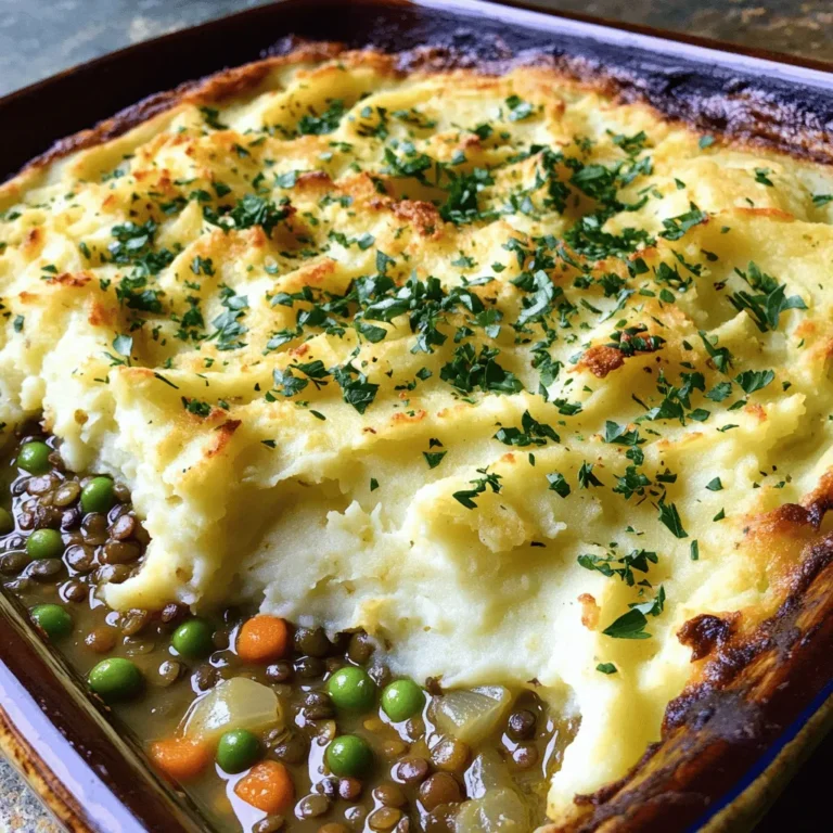 To make this Easy Lentil Shepherd's Pie, gather these ingredients: - 1 cup green or brown lentils, rinsed and drained - 2 cups vegetable broth - 1 medium onion, diced - 2 garlic cloves, minced - 2 medium carrots, diced - 2 medium celery stalks, diced - 1 teaspoon dried thyme - 1 teaspoon dried rosemary - 1 tablespoon soy sauce or tamari - 1 cup frozen peas - 4 medium potatoes, peeled and cut into chunks - 1/4 cup milk (or plant-based milk) - 2 tablespoons butter (or plant-based substitute) - Salt and pepper to taste For the best results, I recommend using specific brands that I trust: - Lentils: Look for brands like Bob's Red Mill or Goya. - Vegetable Broth: Swanson or Pacific Foods offer great flavors. - Soy Sauce: Use Kikkoman or Bragg's for a rich taste. - Plant-based Milk: Almond Breeze or Oatly are good choices. If you have allergies, here are some easy swaps: - Soy Sauce: Use coconut aminos for a soy-free option. - Butter: Replace with vegan butter or olive oil. - Milk: Any nut milk or oat milk works well for creaminess. - Vegetables: Swap in zucchini or bell peppers if you prefer. Using these ingredients, you can create a warm meal that everyone will love. For the full recipe, check out the detailed steps to bring this dish to life! Start by rinsing 1 cup of green or brown lentils. This step removes any dust. Next, combine the lentils with 2 cups of vegetable broth in a medium pot. Bring it to a boil over medium-high heat. After it boils, lower the heat, cover, and let it simmer for 25-30 minutes. You want the lentils to be tender. If there's extra broth, drain it and set the lentils aside. While the lentils cook, heat 1-2 tablespoons of olive oil in a large skillet over medium heat. Add 1 diced onion, 2 diced carrots, and 2 diced celery stalks. Sauté these for 5-7 minutes until they soften. Then, stir in 2 minced garlic cloves, 1 teaspoon of dried thyme, and 1 teaspoon of dried rosemary. Cook for one more minute. The kitchen will smell amazing! Once the vegetables are ready, add the cooked lentils to the skillet. Drizzle 1 tablespoon of soy sauce over the mixture and sprinkle in 1 cup of frozen peas. Mix well and season with salt and pepper to taste. Now, take a separate pot and boil salted water. Add 4 medium potatoes, cut into chunks. Cook them until fork-tender, about 15-20 minutes. Drain, then return the potatoes to the pot. Add 1/4 cup of milk and 2 tablespoons of butter. Mash until smooth and creamy, adding salt and pepper for flavor. Now, grease a baking dish with a bit of olive oil. Spread the lentil and vegetable mix evenly in the dish. Top it with your creamy mashed potatoes. Smooth the top with a spatula or fork to make it look nice. Finally, place your Shepherd's Pie in a preheated oven at 400°F (200°C). Bake for 20-25 minutes until the top is golden brown and crispy. Enjoy this easy lentil shepherd's pie that is both hearty and comforting. For the complete recipe, be sure to check out the Full Recipe section. For creamy mashed potatoes, use starchy potatoes like Russets. After boiling, drain them well. Return them to the hot pot for a minute to steam off extra moisture. Add milk and butter while mashing. This method makes them rich and fluffy. Season with salt and pepper to taste. To boost flavor, try adding Worcestershire sauce along with soy sauce. You can also mix in a dash of balsamic vinegar for depth. Fresh herbs, like parsley or chives, add brightness. For heat, sprinkle in red pepper flakes. These small changes make a big difference! Use canned lentils to save time. They are already cooked and ready to use. Chop your veggies ahead of time to speed things up. If you're short on time, microwave the potatoes instead of boiling them. These tips help you make this dish fast without losing flavor. For the full recipe, check out the instructions above. {{image_4}} You can easily make this dish gluten-free. Just use tamari instead of soy sauce. Tamari is a gluten-free soy sauce. Always check labels to be sure your broth is gluten-free too. This way, everyone can enjoy the meal without worry. This recipe is simple to veganize. Use plant-based milk and butter in the mashed potatoes. You can also swap in lentils for a meat alternative. The dish remains hearty and tasty. It will please both vegans and non-vegans alike. Feel free to get creative with veggies. Try adding diced bell peppers or zucchini for extra flavor. You can also mix in spinach or kale for added nutrients. These veggies blend well with the lentils and keep the dish colorful. Make it yours by adding your favorite vegetables. For the full recipe, check out the Hearty Lentil Shepherd's Pie 🥧. To store leftovers of your lentil shepherd's pie, let it cool first. Once cooled, cover it tightly with plastic wrap or aluminum foil. You can also use an airtight container. This helps keep the flavors fresh. Store in the fridge for up to 3 days. Freezing is a great option for this dish. After cooling, cut the pie into portions. Wrap each portion in plastic wrap, then place them in a freezer-safe bag. This keeps them from getting freezer burn. You can freeze it for up to 2 months. When ready, just thaw it in the fridge overnight before reheating. To reheat your shepherd's pie, preheat the oven to 350°F (175°C). Place the pie in an oven-safe dish and cover it with foil. Heat for about 25-30 minutes, or until warmed through. If you want a crispy top, remove the foil for the last 10 minutes. You can also use the microwave for quick reheating. Just heat on medium power for about 3-5 minutes. Enjoy your meal! For the full recipe, check [Full Recipe]. Yes, you can use different lentils. Red lentils cook faster and break down more. They make a softer filling. Green or brown lentils hold their shape well. They give a nice texture to the dish. Choose what you have or prefer. To add spice, try these tips: - Add a dash of hot sauce to the filling. - Mix in red pepper flakes. - Use spicy mustard or a pinch of cayenne. Taste as you go to find the right heat level for you. If you want a change, use these instead: - Cauliflower for a low-carb option. - Sweet potatoes for a sweeter taste. - Butternut squash for a creamy texture. Just cook them like potatoes and mash them up. You can store shepherd's pie for about three to four days. Keep it in an airtight container. Make sure it cools to room temp before sealing. Reheat it in the oven or microwave when ready to eat. Enjoy the flavors again! For the full recipe, visit the link. This blog post covered all you need for a delicious shepherd's pie. We explored key ingredients, their brands, and how to swap them for allergies. You learned about preparing lentils, cooking veggies, and pie assembly. I shared tips for creamy mashed potatoes and flavor boosts. We also discussed tasty variations, plus how to store leftovers and reheat them. Shepherd's pie can be a fun dish to make. Enjoy trying new ideas and make it your own!