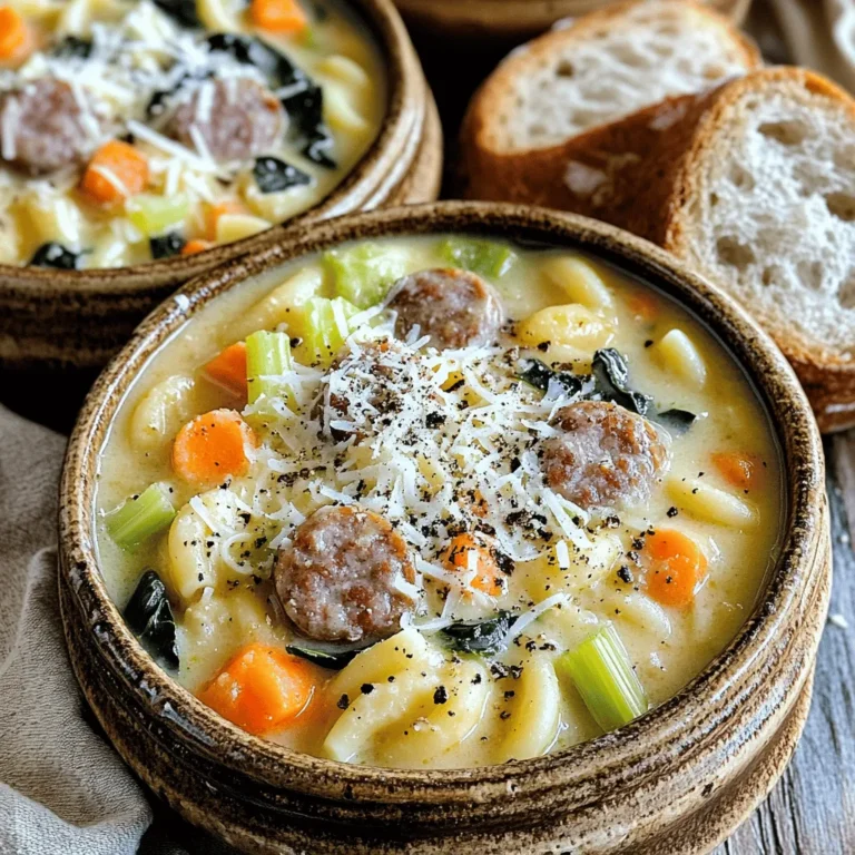 To make the Creamy Parmesan Italian Sausage Ditalini Soup, you will need these ingredients: - 1 lb Italian sausage (mild or spicy) - 1 medium onion, diced - 2 cloves garlic, minced - 2 medium carrots, diced - 2 celery stalks, diced - 6 cups chicken broth - 1 can (14.5 oz) diced tomatoes - 1 cup ditalini pasta - 1 cup heavy cream - 1 cup fresh spinach, roughly chopped - 3/4 cup grated Parmesan cheese - 2 teaspoons Italian seasoning - Salt and pepper to taste - Olive oil for cooking This soup is rich and comforting. The sausage gives it a hearty flavor. The cream and cheese make it smooth and tasty. Each bite combines the goodness of vegetables and pasta. You can find the full recipe in the "Full Recipe" section. When you gather these items, you are ready to create a warm bowl of joy. This blog post covered a tasty Creamy Parmesan Italian Sausage Ditalini Soup. We went over the key ingredients, easy steps to prepare, and tips to make it even better. You learned how to store leftovers and answered common questions. With this knowledge, you can create a warm, filling meal for any day. Enjoy experimenting with flavors and have fun in the kitchen!