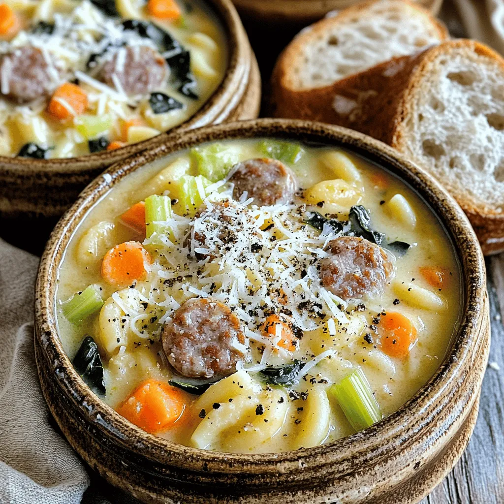 To make the Creamy Parmesan Italian Sausage Ditalini Soup, you will need these ingredients: - 1 lb Italian sausage (mild or spicy) - 1 medium onion, diced - 2 cloves garlic, minced - 2 medium carrots, diced - 2 celery stalks, diced - 6 cups chicken broth - 1 can (14.5 oz) diced tomatoes - 1 cup ditalini pasta - 1 cup heavy cream - 1 cup fresh spinach, roughly chopped - 3/4 cup grated Parmesan cheese - 2 teaspoons Italian seasoning - Salt and pepper to taste - Olive oil for cooking This soup is rich and comforting. The sausage gives it a hearty flavor. The cream and cheese make it smooth and tasty. Each bite combines the goodness of vegetables and pasta. You can find the full recipe in the "Full Recipe" section. When you gather these items, you are ready to create a warm bowl of joy. This blog post covered a tasty Creamy Parmesan Italian Sausage Ditalini Soup. We went over the key ingredients, easy steps to prepare, and tips to make it even better. You learned how to store leftovers and answered common questions. With this knowledge, you can create a warm, filling meal for any day. Enjoy experimenting with flavors and have fun in the kitchen!