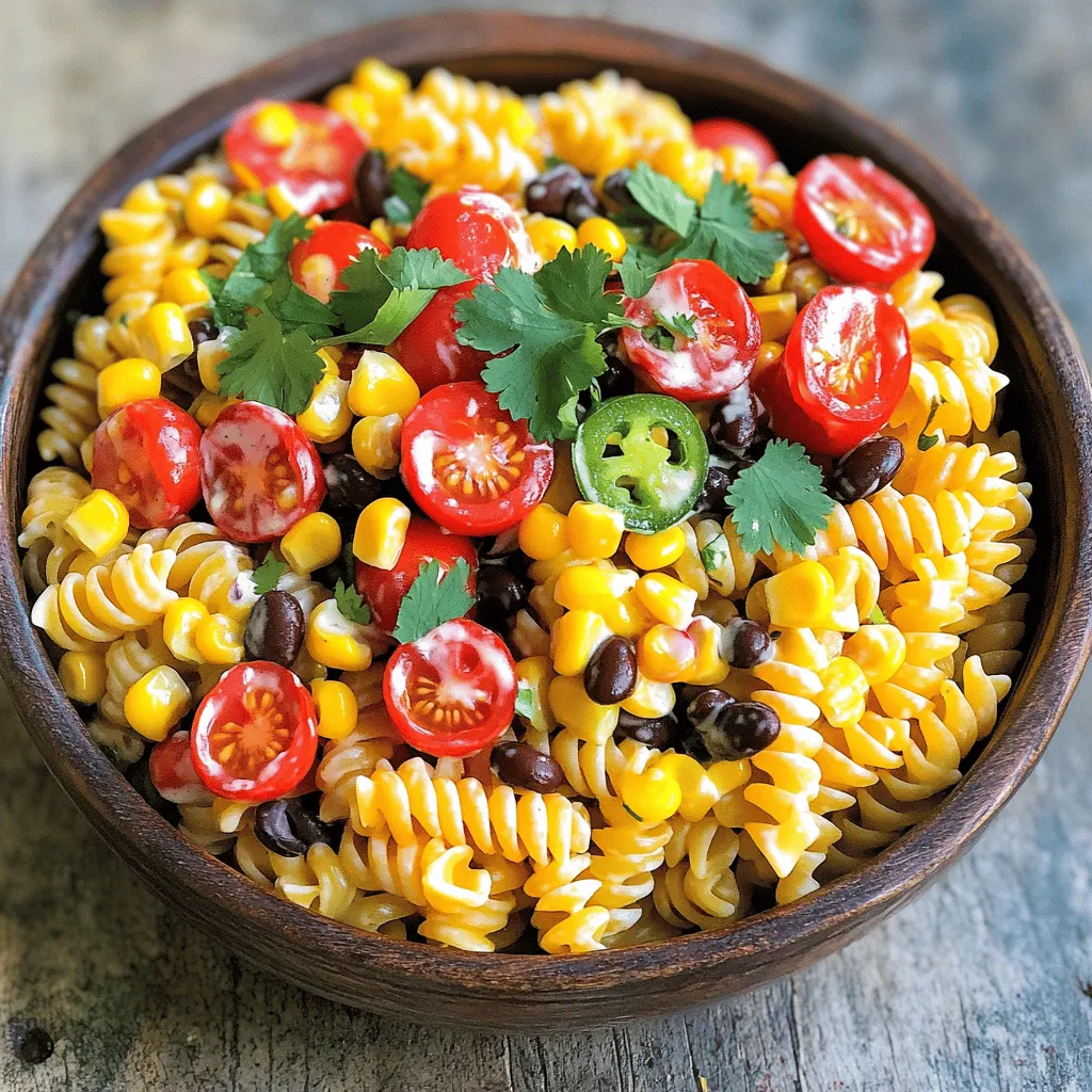 For Cowboy Pasta Salad, you need good pasta. I like rotini or fusilli. Both shapes hold the dressing well and add a fun twist. Next, gather fresh veggies. You will need: - 1 cup cherry tomatoes, halved - 1 cup corn kernels (fresh or frozen) - 1 red bell pepper, diced - 1/2 cup red onion, finely chopped We also include black beans for protein. They add a nice texture. For cheese, use 1 cup of cheddar, cubed. It brings creaminess to the dish. Lastly, we make a tasty dressing. You'll need: - 1/2 cup jalapeño ranch dressing - 1 tablespoon olive oil - 1 tablespoon fresh lime juice - 1 teaspoon ground cumin - Salt and pepper to taste Picking fresh produce is key. Look for bright, firm vegetables. They should smell good and feel crisp. For dressings, I recommend using high-quality brands. They enhance flavors. Opt for dressings that have natural ingredients without preservatives. When it comes to cheese, try sharp cheddar. It adds a strong flavor. You can also use pepper jack for a spicy kick. If you want to change up the protein, try grilled chicken or tofu. Both work great and add more flavor. Feel free to swap veggies. You can add cucumber or zucchini for a fresh twist. If you need gluten-free options, look for gluten-free pasta. Many good brands exist now. This way, everyone can enjoy the salad! To start, fill a large pot with water and add a good amount of salt. This helps the pasta taste better. Bring the water to a rolling boil. Add the rotini or fusilli pasta and cook it for about 8 to 10 minutes. You want the pasta to be al dente, which means it should be firm to the bite. Once the pasta is cooked, drain it in a colander. Rinse it under cold water for about 1 to 2 minutes. This stops the cooking and cools the pasta down quickly. Now, transfer the cooled pasta to a large mixing bowl. While your pasta cooks, wash your vegetables well. Use clean water to rinse off any dirt. For chopping, cut the cherry tomatoes in half, dice the red bell pepper, and finely chop the red onion. Try to make all your pieces about the same size. This way, they look nice and mix well. If you want, you can add even more veggies to make it colorful and tasty. After chopping, make sure to dry the veggies. Excess water can make the salad watery. In a small bowl, mix your dressing. Start with the jalapeño ranch dressing. Add olive oil, fresh lime juice, and ground cumin. Now, season it with salt and pepper. Use a whisk to blend them well. Make sure the dressing is smooth. Taste it to see if you need more salt or pepper. Adjust to your liking for the best flavor. Now it's time to combine everything! In the bowl with your cooled pasta, add the corn, black beans, diced red bell pepper, chopped onion, and cubed cheese. Carefully toss everything together. You want all the ingredients to be coated evenly with the dressing. Once mixed, cover the bowl with plastic wrap or a lid. Place it in the fridge for at least 30 minutes. This chilling time helps the flavors blend together nicely. Just before serving, give the salad a quick toss and garnish with fresh cilantro for a lovely finish. Enjoy your Cowboy Pasta Salad! For the Full Recipe, check out the complete details. Marinating the salad gives it a great taste. I suggest letting it chill for at least 30 minutes. This time allows all the flavors to mix well. If you want to add a twist, consider using spices like smoked paprika or fresh herbs like parsley. These can really brighten up the dish. To make your cowboy pasta salad stand out, use colorful garnishes. Fresh cilantro offers a nice green touch. You can also add lime wedges around the bowl. When serving, a large, bright bowl catches the eye. For potlucks, individual plates look great with an extra sprinkle of cilantro. Preparing for a crowd can be easy. Cook the pasta in a big pot so it’s ready quickly. Use a large mixing bowl for all the ingredients to save time. A spatula works well for mixing everything without breaking the pasta. If you need to transport the salad, a sealed container is best for easy serving. For the full recipe, check out the Cowboy Pasta Salad. {{image_4}} You can make Cowboy Pasta Salad lighter. Here are some ways to cut fat or calories: - Use whole wheat pasta instead of regular pasta. - Swap jalapeño ranch dressing for a light vinaigrette. - Add more vegetables to fill you up without adding many calories. You can also boost protein in this dish. Try these options: - Use chickpeas or kidney beans for plant-based protein. - Add grilled chicken or turkey for a meaty version. - Toss in some quinoa for a nutritious twist. Cowboy Pasta Salad can change based on where you are. You can try different dressings: - Use barbecue sauce for a smoky flavor. - A tangy vinaigrette can add a nice zing. You can also add local ingredients for a fun twist. Here are some ideas: - If you're in the South, add some diced pickles for crunch. - In the West, throw in roasted peppers or avocados. You can make Cowboy Pasta Salad fresh and fun by using seasonal veggies. Here are some suggestions: - In spring, add fresh peas and asparagus. - In summer, add ripe cucumbers and zucchini. - In fall, try roasted butternut squash and Brussels sprouts. Adjusting this recipe for seasonal flavors is easy. Feel free to change the spices too: - In winter, add some warm spices like paprika. - In summer, keep it light with herbs like basil or parsley. For the full recipe, check out the details above. Enjoy making this dish your own! To store your Cowboy Pasta Salad, use airtight containers. Glass or BPA-free plastic containers work well. Make sure the lid seals tightly to keep air out. This helps maintain freshness. Before storing, let the salad cool completely. If it's warm, it can create moisture inside the container. - Containers: Use glass or BPA-free plastic. - Cooling: Allow salad to cool before sealing. - Sealing: Ensure lids are tight to keep air out. In the fridge, Cowboy Pasta Salad lasts up to four days. Check it daily for any signs of spoilage. If you see any mold or strange odors, it’s best to throw it away. Fresh vegetables will start to lose their crunch after a couple of days. - Duration: Safe for up to four days in the fridge. - Signs of spoilage: Look for mold or bad smells. You can freeze portions of Cowboy Pasta Salad for later. Divide it into individual servings before freezing. Use freezer-safe containers to avoid freezer burn. When you're ready to eat, thaw it in the fridge overnight. Avoid microwaving it, as this can change the texture. - Freezing portions: Use individual containers for easy serving. - Thawing: Place in the fridge overnight for best texture. You can keep Cowboy Pasta Salad in the fridge for about 3 to 5 days. Make sure to store it in an airtight container. This helps keep the flavors fresh and prevents the salad from drying out. If you notice any off smells or changes in texture, it’s best to toss it. Yes, you can make this salad a day or two ahead. Prepare the salad and store it in the fridge. The flavors will blend nicely as it sits. If you want the best taste, add the dressing just before serving. This keeps the pasta from getting soggy. You have many options for protein. Grilled chicken adds a nice flavor and texture. You can also use canned tuna or shrimp. If you prefer plant-based proteins, try black beans or chickpeas. Each option makes the salad more filling and tasty. Yes, you can make Cowboy Pasta Salad gluten-free. Just choose gluten-free pasta, like rice or corn-based options. These alternatives work well without losing taste or texture. Always check the labels to ensure they are certified gluten-free. This blog post covered how to make a delicious Cowboy Pasta Salad. We explored key ingredients, cooking tips, and ways to customize the dish. Quality matters, so choose fresh produce and good dressings to enhance flavor. You can mix proteins and swap vegetables for your taste. Following the steps will help you create a salad that's not just tasty but also appealing. Finally, remember to store it properly and enjoy checking off meal prep goals with ease. Get creative with flavors, and share your salad adventures with others!