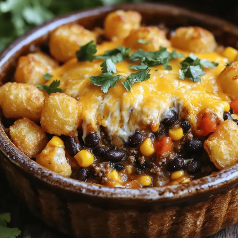 To make a tasty cowboy casserole, you will need a few key ingredients. Here’s what you’ll need: - 1 lb ground beef - 1 medium onion, diced - 2 cloves garlic, minced - 1 can (15 oz) black beans, drained and rinsed - 1 can (15 oz) corn, drained - 1 can (10 oz) diced tomatoes with green chilies - 1 cup sharp cheddar cheese, shredded - 1 cup frozen tater tots - 1 tablespoon chili powder - 1 teaspoon ground cumin - Salt and freshly ground pepper to taste - Fresh cilantro, chopped for garnish (optional) These ingredients mix well to create a rich and hearty dish. In addition to the main ingredients, make sure you have these common pantry items on hand: - Olive oil or cooking spray for greasing - Salt and pepper for seasoning These staples help enhance the flavors in your casserole. When serving, you can elevate your cowboy casserole with a few tasty toppings. Here are some ideas: - Chopped fresh cilantro for a fresh touch - Sour cream for creaminess - Sliced jalapeños for heat - Avocado slices for a creamy contrast These toppings add flavor and make your dish even more appealing. For the full recipe, check out the details above! First, gather all your ingredients. You will need ground beef, onions, garlic, black beans, corn, diced tomatoes, cheese, tater tots, chili powder, and cumin. Preheat your oven to 375°F (190°C). This step is key for even cooking. Next, chop the onion and mince the garlic. These will add great flavor to the beef. Drain and rinse the black beans and corn. This helps keep the casserole from being too watery. In a large skillet, add the ground beef over medium heat. Cook the beef until it turns brown. Use a spatula to break it into small pieces. If there's extra fat, drain it. You want a leaner mix. Add the diced onion and minced garlic to the skillet. Sauté them for about 3-4 minutes. You want the onion to turn soft and clear. It will smell great! Now, stir in the black beans, corn, and diced tomatoes. Add the chili powder and cumin. Season with salt and pepper to taste. Mix everything well and heat it through. Grease a 9x13-inch casserole dish with cooking spray or oil. Pour in the beef and vegetable mix. Spread it out evenly in the dish. Next, sprinkle the sharp cheddar cheese over the top. Make sure you cover the mix well. Finally, place the frozen tater tots on top of the cheese. Arrange them closely so they cover the whole surface. Now it's time to bake! Put the casserole in the preheated oven. Bake for 30-35 minutes. The tater tots should turn golden brown and crispy. Once done, take it out and let it cool for a few minutes. If you like, you can sprinkle fresh cilantro on top before serving. Your Easy Cowboy Casserole is ready to enjoy! For more details, check out the Full Recipe. To make your Easy Cowboy Casserole shine, follow these tips: - Use lean ground beef: It keeps your dish lighter and less greasy. - Brown the beef well: This adds flavor and depth to your casserole. - Let the mixture cool: Before adding cheese and tater tots, cool the beef mix slightly. This keeps the cheese from melting too fast. - Layer properly: Spread the beef mixture evenly, then cheese, followed by tater tots to ensure even cooking. Here are some common pitfalls: - Overcooking the beef: It can make the meat tough. Cook until just browned. - Skipping the spices: Chili powder and cumin add great flavor. Don’t skip them! - Not greasing the dish: This can lead to sticking. Always grease your casserole dish well. - Using frozen meat: Thaw your ground beef before cooking for even browning. When serving, consider these ideas: - Garnish with cilantro: Fresh herbs brighten the dish. - Add a dollop of sour cream: It adds creaminess and balances the spice. - Serve with cornbread: This complements the casserole perfectly. - Pair with a side salad: A fresh salad adds crunch and freshness to your meal. For the complete recipe, check the Full Recipe section. Enjoy your cooking! {{image_4}} You can easily make a vegetarian version of cowboy casserole. Swap the ground beef for lentils or black beans. Use extra veggies like bell peppers, zucchini, or mushrooms for more flavor. The canned black beans and corn still work well here. Just follow the same steps in the full recipe, and you'll have a tasty meal. To make this casserole gluten-free, choose gluten-free tater tots. Check the labels of canned goods to ensure they are gluten-free. You can also use quinoa instead of beans for a new twist. This way, you enjoy the same great taste without gluten. If you like a kick, add jalapeños or diced green chilies to the mix. You can also sprinkle crushed red pepper flakes on top before baking. For an extra layer of flavor, use spicy sausage instead of ground beef. These little changes can really boost the flavor profile of your casserole. To keep your Easy Cowboy Casserole fresh, let it cool first. Then, transfer it to an airtight container. This method helps maintain flavor and texture. Store it in the fridge for up to four days. If you plan to eat it later, storing it properly is key to enjoying it again. When you're ready to enjoy the leftovers, preheat your oven to 350°F (175°C). Place the casserole in an oven-safe dish. Cover it with foil to keep moisture in. Heat for about 20-25 minutes, or until it's hot all the way through. You can also microwave individual servings for quick enjoyment. Just heat in 1-minute bursts until warm. If you want to freeze your casserole, do it before baking. Assemble the dish as directed, but skip the baking step. Cover tightly with plastic wrap and then with foil. This way, it stays fresh for up to three months. When you’re ready to bake it, remove the plastic wrap and bake directly from the freezer. Just add a few extra minutes to the cooking time. Cowboy casserole is a hearty, one-dish meal. It features ground beef, beans, cheese, and tater tots. This dish is perfect for a family dinner. The blend of flavors creates a comforting meal. You get protein, veggies, and carbs all in one bowl. It’s simple to make and satisfies hungry bellies. You can find the full recipe here. Yes, you can prepare the casserole ahead of time. Cook the beef and mix in the veggies. Place everything in your casserole dish. Cover it and store it in the fridge. When you’re ready, bake it straight from the fridge. Just add a few extra minutes to the cooking time. This makes it easy for busy days. You can add spices to change the taste. Try adding smoked paprika for a smoky kick. You could also mix in jalapeños for heat. If you love veggies, add bell peppers or zucchini. Swap the ground beef for turkey or chicken for a lighter dish. The options are endless, so be creative! Easy Cowboy Casserole is a tasty dish that anyone can make. We covered the key ingredients, detailed cooking steps, and provided helpful tips to ensure success. Remember to avoid common mistakes. You can even try fun variations like vegetarian or spicy options. Store leftovers properly, and reheating them is simple. This dish is fun to share and easy to customize. Now, grab your ingredients and enjoy making this hearty meal!