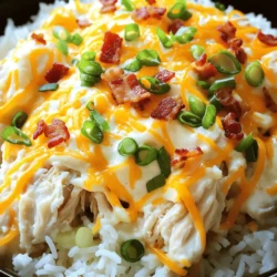 To make creamy crack chicken, you need simple and tasty ingredients. Each one plays an important role in making this dish special. Here’s what you’ll need: - Chicken - 2 lbs (900g) boneless, skinless chicken thighs - Seasonings - 1 packet (1 oz) ranch seasoning mix - Dairy Products - 8 oz (225g) cream cheese, softened to room temperature - 1 cup (100g) shredded cheddar cheese - Toppings - 6 slices of bacon, cooked until crispy and crumbled - 1/2 cup (80g) green onions, sliced thinly - Salt and pepper to taste - Optional Ingredients - You can add extra spices or different cheeses for a twist. Each ingredient enhances the dish's flavor. The ranch seasoning gives a bold taste. Cream cheese adds creaminess. Bacon brings a savory crunch. Green onions offer brightness. Collect these ingredients and get ready to create a comforting meal. Don’t forget the Full Recipe for step-by-step guidance! To start, get your boneless, skinless chicken thighs. Place them at the bottom of your slow cooker. Make sure the chicken is spread out evenly. Next, grab the ranch seasoning mix. Sprinkle it all over the chicken. This adds a great flavor to the dish. Then, take the softened cream cheese. Dollop it right on top of the chicken. This will make your meal creamy and rich. Now, it's time to cook. Cover the slow cooker with the lid. Set it to cook low for 6-7 hours or high for 4 hours. You want the chicken to be tender and fully cooked. Check that the internal temperature hits 165°F (74°C). After cooking, use two forks to shred the chicken in the slow cooker. Mix it well into the creamy ranch sauce. Once the chicken is shredded, stir in the shredded cheddar cheese. This gives the dish a cheesy flavor. Then, add the crumbled bacon and mix everything together. Taste your dish and adjust with salt and pepper if needed. For serving, place the creamy crack chicken over fluffy rice or buttery mashed potatoes. Add a sprinkle of green onions and some extra bacon on top for a fun finish. Enjoy your tasty meal! To ensure your chicken is tender, use boneless, skinless chicken thighs. They stay juicy during cooking. Always season your chicken before cooking. This adds flavor from the start. To avoid dryness, do not overcook the chicken. Use a slow cooker to keep moisture in. Check the internal temperature; it should be 165°F (74°C). This means the chicken is safe to eat and perfectly cooked. For flavor enhancement, try marinating the chicken in ranch seasoning overnight. This allows the flavors to soak in deeply. You can also stir in some fresh herbs like parsley or thyme for added taste. One common mistake is overcooking your chicken. This makes it dry and tough. Stick to the cooking time in the recipe for best results. Another mistake is using the wrong seasoning ratios. Too much or too little can change the dish completely. Always follow the recipe for the right balance. Do not skip ingredient preparation. Chopping green onions or cooking bacon ahead of time makes cooking easier. It also helps the dish come together faster, making your meal prep smoother. {{image_4}} If you want to mix things up, try using different meats. You can swap boneless chicken thighs for chicken breasts, turkey, or even pork. Each choice brings a new flavor to your dish. For a dairy-free option, use cashew cream instead of cream cheese. You could also try coconut cream for a unique taste. If you want to add more flavors, consider spices like smoked paprika or garlic powder. They can change the taste without much effort. When serving creamy crack chicken, I love to pair it with fluffy rice or buttery mashed potatoes. These sides soak up the creamy sauce well. You can also serve it with a fresh salad for a nice crunch. For creative serving ideas, try filling soft tortillas or sliders with the chicken. This makes for a fun, hand-held meal. Meal prep is easy with this dish. You can make a big batch and store it in portions. This way, you’ll have a tasty meal ready for busy days. Just reheat and enjoy! For the full recipe, check out my step-by-step guide. To keep your creamy crack chicken fresh, follow these steps: - Refrigeration methods: Place leftovers in an airtight container. This keeps the dish moist and tasty. Store in the fridge for up to four days. - Freezing guidelines: For longer storage, freeze the chicken. Use a freezer-safe container or bag. Make sure to remove as much air as possible. Thaw in the fridge overnight before reheating. To enjoy your creamy crack chicken again, follow these best practices: - Best practices for reheating: Use a microwave or stovetop. For the microwave, place in a bowl and cover it. Heat in short bursts, stirring often. On the stovetop, add a splash of broth to a pan. Heat on low, stirring until warm. - Maintaining creaminess: To keep the dish creamy, stir in a bit of cream or milk while reheating. This helps restore its rich texture. Enjoy the warmth and flavor of this comforting meal! For the full recipe, check out the Creamy Crack Chicken section above! Creamy Crack Chicken is a rich, savory dish made with chicken, cream cheese, and ranch seasoning. It started as a popular recipe among home cooks who wanted a simple yet tasty meal. This dish has gained fame for its creamy texture and bold flavors. Many people love to serve it over rice or with crusty bread. Variations exist, adding ingredients like buffalo sauce for heat or different cheeses for unique flavors. Yes, you can prep this recipe ahead of time. You can season the chicken and add the cream cheese and broth to the slow cooker the night before. Just cover and refrigerate it until you are ready to cook. Cooking times remain the same: 6-7 hours on low or 4 hours on high. This makes it easy to enjoy a comforting meal without fuss on busy days. Creamy Crack Chicken has some healthy aspects but can be high in calories. A typical serving has protein from chicken and some fat from cream cheese and bacon. To make it healthier, consider these swaps: - Use Greek yogurt instead of cream cheese for fewer calories. - Choose turkey bacon for lower fat content. - Serve with a side of steamed veggies to balance the meal. Creamy Crack Chicken combines simple ingredients for a flavorful dish. We prepped chicken thighs with tasty seasonings and dairy. The slow cooker made cooking easy. Adding cheese and bacon brought everything together perfectly. Remember our tips to avoid mistakes and keep chicken moist. You can swap ingredients and serve it with your favorites. Storing leftovers is simple—just follow our guidelines. Enjoy this dish with confidence and explore your creativity.