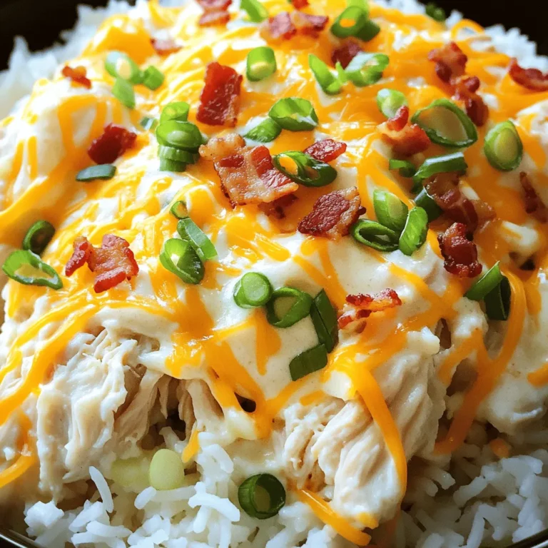To make creamy crack chicken, you need simple and tasty ingredients. Each one plays an important role in making this dish special. Here’s what you’ll need: - Chicken - 2 lbs (900g) boneless, skinless chicken thighs - Seasonings - 1 packet (1 oz) ranch seasoning mix - Dairy Products - 8 oz (225g) cream cheese, softened to room temperature - 1 cup (100g) shredded cheddar cheese - Toppings - 6 slices of bacon, cooked until crispy and crumbled - 1/2 cup (80g) green onions, sliced thinly - Salt and pepper to taste - Optional Ingredients - You can add extra spices or different cheeses for a twist. Each ingredient enhances the dish's flavor. The ranch seasoning gives a bold taste. Cream cheese adds creaminess. Bacon brings a savory crunch. Green onions offer brightness. Collect these ingredients and get ready to create a comforting meal. Don’t forget the Full Recipe for step-by-step guidance! To start, get your boneless, skinless chicken thighs. Place them at the bottom of your slow cooker. Make sure the chicken is spread out evenly. Next, grab the ranch seasoning mix. Sprinkle it all over the chicken. This adds a great flavor to the dish. Then, take the softened cream cheese. Dollop it right on top of the chicken. This will make your meal creamy and rich. Now, it's time to cook. Cover the slow cooker with the lid. Set it to cook low for 6-7 hours or high for 4 hours. You want the chicken to be tender and fully cooked. Check that the internal temperature hits 165°F (74°C). After cooking, use two forks to shred the chicken in the slow cooker. Mix it well into the creamy ranch sauce. Once the chicken is shredded, stir in the shredded cheddar cheese. This gives the dish a cheesy flavor. Then, add the crumbled bacon and mix everything together. Taste your dish and adjust with salt and pepper if needed. For serving, place the creamy crack chicken over fluffy rice or buttery mashed potatoes. Add a sprinkle of green onions and some extra bacon on top for a fun finish. Enjoy your tasty meal! To ensure your chicken is tender, use boneless, skinless chicken thighs. They stay juicy during cooking. Always season your chicken before cooking. This adds flavor from the start. To avoid dryness, do not overcook the chicken. Use a slow cooker to keep moisture in. Check the internal temperature; it should be 165°F (74°C). This means the chicken is safe to eat and perfectly cooked. For flavor enhancement, try marinating the chicken in ranch seasoning overnight. This allows the flavors to soak in deeply. You can also stir in some fresh herbs like parsley or thyme for added taste. One common mistake is overcooking your chicken. This makes it dry and tough. Stick to the cooking time in the recipe for best results. Another mistake is using the wrong seasoning ratios. Too much or too little can change the dish completely. Always follow the recipe for the right balance. Do not skip ingredient preparation. Chopping green onions or cooking bacon ahead of time makes cooking easier. It also helps the dish come together faster, making your meal prep smoother. {{image_4}} If you want to mix things up, try using different meats. You can swap boneless chicken thighs for chicken breasts, turkey, or even pork. Each choice brings a new flavor to your dish. For a dairy-free option, use cashew cream instead of cream cheese. You could also try coconut cream for a unique taste. If you want to add more flavors, consider spices like smoked paprika or garlic powder. They can change the taste without much effort. When serving creamy crack chicken, I love to pair it with fluffy rice or buttery mashed potatoes. These sides soak up the creamy sauce well. You can also serve it with a fresh salad for a nice crunch. For creative serving ideas, try filling soft tortillas or sliders with the chicken. This makes for a fun, hand-held meal. Meal prep is easy with this dish. You can make a big batch and store it in portions. This way, you’ll have a tasty meal ready for busy days. Just reheat and enjoy! For the full recipe, check out my step-by-step guide. To keep your creamy crack chicken fresh, follow these steps: - Refrigeration methods: Place leftovers in an airtight container. This keeps the dish moist and tasty. Store in the fridge for up to four days. - Freezing guidelines: For longer storage, freeze the chicken. Use a freezer-safe container or bag. Make sure to remove as much air as possible. Thaw in the fridge overnight before reheating. To enjoy your creamy crack chicken again, follow these best practices: - Best practices for reheating: Use a microwave or stovetop. For the microwave, place in a bowl and cover it. Heat in short bursts, stirring often. On the stovetop, add a splash of broth to a pan. Heat on low, stirring until warm. - Maintaining creaminess: To keep the dish creamy, stir in a bit of cream or milk while reheating. This helps restore its rich texture. Enjoy the warmth and flavor of this comforting meal! For the full recipe, check out the Creamy Crack Chicken section above! Creamy Crack Chicken is a rich, savory dish made with chicken, cream cheese, and ranch seasoning. It started as a popular recipe among home cooks who wanted a simple yet tasty meal. This dish has gained fame for its creamy texture and bold flavors. Many people love to serve it over rice or with crusty bread. Variations exist, adding ingredients like buffalo sauce for heat or different cheeses for unique flavors. Yes, you can prep this recipe ahead of time. You can season the chicken and add the cream cheese and broth to the slow cooker the night before. Just cover and refrigerate it until you are ready to cook. Cooking times remain the same: 6-7 hours on low or 4 hours on high. This makes it easy to enjoy a comforting meal without fuss on busy days. Creamy Crack Chicken has some healthy aspects but can be high in calories. A typical serving has protein from chicken and some fat from cream cheese and bacon. To make it healthier, consider these swaps: - Use Greek yogurt instead of cream cheese for fewer calories. - Choose turkey bacon for lower fat content. - Serve with a side of steamed veggies to balance the meal. Creamy Crack Chicken combines simple ingredients for a flavorful dish. We prepped chicken thighs with tasty seasonings and dairy. The slow cooker made cooking easy. Adding cheese and bacon brought everything together perfectly. Remember our tips to avoid mistakes and keep chicken moist. You can swap ingredients and serve it with your favorites. Storing leftovers is simple—just follow our guidelines. Enjoy this dish with confidence and explore your creativity.