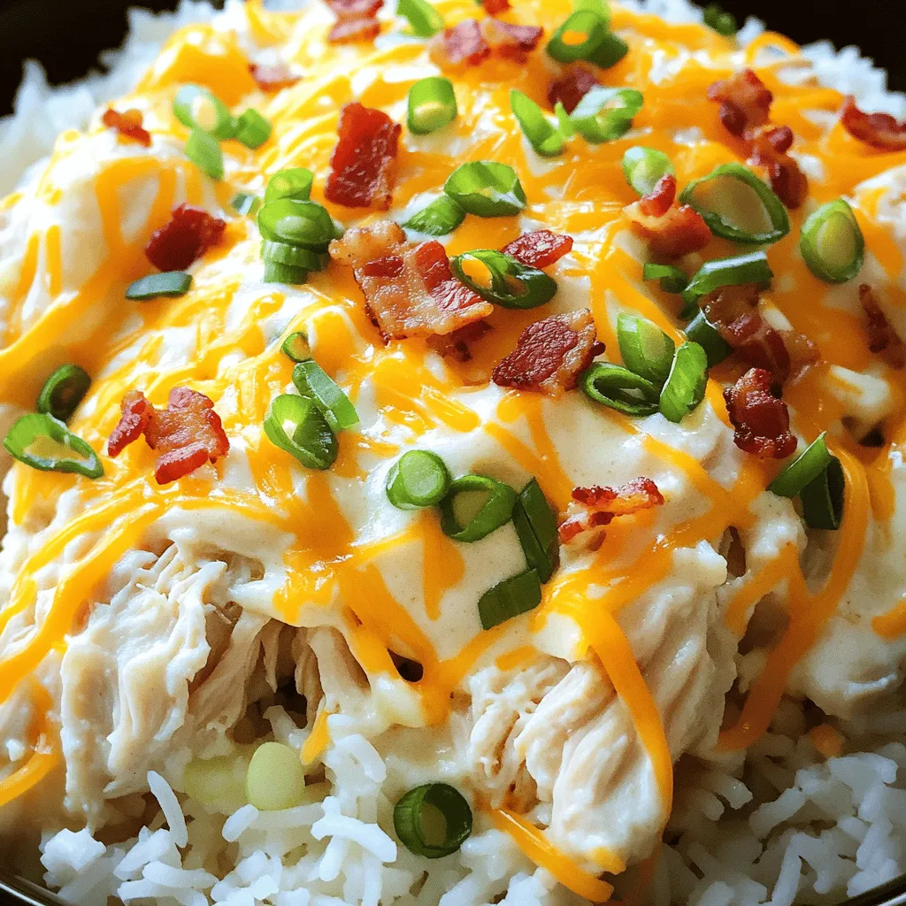 To make creamy crack chicken, you need simple and tasty ingredients. Each one plays an important role in making this dish special. Here’s what you’ll need: - Chicken - 2 lbs (900g) boneless, skinless chicken thighs - Seasonings - 1 packet (1 oz) ranch seasoning mix - Dairy Products - 8 oz (225g) cream cheese, softened to room temperature - 1 cup (100g) shredded cheddar cheese - Toppings - 6 slices of bacon, cooked until crispy and crumbled - 1/2 cup (80g) green onions, sliced thinly - Salt and pepper to taste - Optional Ingredients - You can add extra spices or different cheeses for a twist. Each ingredient enhances the dish's flavor. The ranch seasoning gives a bold taste. Cream cheese adds creaminess. Bacon brings a savory crunch. Green onions offer brightness. Collect these ingredients and get ready to create a comforting meal. Don’t forget the Full Recipe for step-by-step guidance! To start, get your boneless, skinless chicken thighs. Place them at the bottom of your slow cooker. Make sure the chicken is spread out evenly. Next, grab the ranch seasoning mix. Sprinkle it all over the chicken. This adds a great flavor to the dish. Then, take the softened cream cheese. Dollop it right on top of the chicken. This will make your meal creamy and rich. Now, it's time to cook. Cover the slow cooker with the lid. Set it to cook low for 6-7 hours or high for 4 hours. You want the chicken to be tender and fully cooked. Check that the internal temperature hits 165°F (74°C). After cooking, use two forks to shred the chicken in the slow cooker. Mix it well into the creamy ranch sauce. Once the chicken is shredded, stir in the shredded cheddar cheese. This gives the dish a cheesy flavor. Then, add the crumbled bacon and mix everything together. Taste your dish and adjust with salt and pepper if needed. For serving, place the creamy crack chicken over fluffy rice or buttery mashed potatoes. Add a sprinkle of green onions and some extra bacon on top for a fun finish. Enjoy your tasty meal! To ensure your chicken is tender, use boneless, skinless chicken thighs. They stay juicy during cooking. Always season your chicken before cooking. This adds flavor from the start. To avoid dryness, do not overcook the chicken. Use a slow cooker to keep moisture in. Check the internal temperature; it should be 165°F (74°C). This means the chicken is safe to eat and perfectly cooked. For flavor enhancement, try marinating the chicken in ranch seasoning overnight. This allows the flavors to soak in deeply. You can also stir in some fresh herbs like parsley or thyme for added taste. One common mistake is overcooking your chicken. This makes it dry and tough. Stick to the cooking time in the recipe for best results. Another mistake is using the wrong seasoning ratios. Too much or too little can change the dish completely. Always follow the recipe for the right balance. Do not skip ingredient preparation. Chopping green onions or cooking bacon ahead of time makes cooking easier. It also helps the dish come together faster, making your meal prep smoother. {{image_4}} If you want to mix things up, try using different meats. You can swap boneless chicken thighs for chicken breasts, turkey, or even pork. Each choice brings a new flavor to your dish. For a dairy-free option, use cashew cream instead of cream cheese. You could also try coconut cream for a unique taste. If you want to add more flavors, consider spices like smoked paprika or garlic powder. They can change the taste without much effort. When serving creamy crack chicken, I love to pair it with fluffy rice or buttery mashed potatoes. These sides soak up the creamy sauce well. You can also serve it with a fresh salad for a nice crunch. For creative serving ideas, try filling soft tortillas or sliders with the chicken. This makes for a fun, hand-held meal. Meal prep is easy with this dish. You can make a big batch and store it in portions. This way, you’ll have a tasty meal ready for busy days. Just reheat and enjoy! For the full recipe, check out my step-by-step guide. To keep your creamy crack chicken fresh, follow these steps: - Refrigeration methods: Place leftovers in an airtight container. This keeps the dish moist and tasty. Store in the fridge for up to four days. - Freezing guidelines: For longer storage, freeze the chicken. Use a freezer-safe container or bag. Make sure to remove as much air as possible. Thaw in the fridge overnight before reheating. To enjoy your creamy crack chicken again, follow these best practices: - Best practices for reheating: Use a microwave or stovetop. For the microwave, place in a bowl and cover it. Heat in short bursts, stirring often. On the stovetop, add a splash of broth to a pan. Heat on low, stirring until warm. - Maintaining creaminess: To keep the dish creamy, stir in a bit of cream or milk while reheating. This helps restore its rich texture. Enjoy the warmth and flavor of this comforting meal! For the full recipe, check out the Creamy Crack Chicken section above! Creamy Crack Chicken is a rich, savory dish made with chicken, cream cheese, and ranch seasoning. It started as a popular recipe among home cooks who wanted a simple yet tasty meal. This dish has gained fame for its creamy texture and bold flavors. Many people love to serve it over rice or with crusty bread. Variations exist, adding ingredients like buffalo sauce for heat or different cheeses for unique flavors. Yes, you can prep this recipe ahead of time. You can season the chicken and add the cream cheese and broth to the slow cooker the night before. Just cover and refrigerate it until you are ready to cook. Cooking times remain the same: 6-7 hours on low or 4 hours on high. This makes it easy to enjoy a comforting meal without fuss on busy days. Creamy Crack Chicken has some healthy aspects but can be high in calories. A typical serving has protein from chicken and some fat from cream cheese and bacon. To make it healthier, consider these swaps: - Use Greek yogurt instead of cream cheese for fewer calories. - Choose turkey bacon for lower fat content. - Serve with a side of steamed veggies to balance the meal. Creamy Crack Chicken combines simple ingredients for a flavorful dish. We prepped chicken thighs with tasty seasonings and dairy. The slow cooker made cooking easy. Adding cheese and bacon brought everything together perfectly. Remember our tips to avoid mistakes and keep chicken moist. You can swap ingredients and serve it with your favorites. Storing leftovers is simple—just follow our guidelines. Enjoy this dish with confidence and explore your creativity.