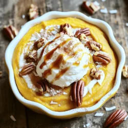 To make your Pumpkin Delight, you will need the following ingredients: - 2 cups pumpkin puree - 1 cup creamy coconut milk - 1/2 cup pure maple syrup - 1/4 cup packed brown sugar - 1 teaspoon pure vanilla extract - 1 teaspoon ground cinnamon - 1/2 teaspoon ground nutmeg - 1/4 teaspoon ground ginger - 1/4 teaspoon salt - 1/2 cup rolled oats - 1/4 cup chopped pecans (optional) - 1/4 cup unsweetened shredded coconut (optional) - Whipped cream or coconut cream for serving Each ingredient plays a role in making this dessert rich and cozy. Pumpkin puree gives it that classic autumn flavor. You can use fresh pumpkin or canned puree. Coconut milk adds creaminess and a hint of tropical taste. Maple syrup and brown sugar create a delightful sweetness that balances the spices. Cinnamon, nutmeg, and ginger warm up the dish with their lovely aromas. The oats provide texture and heartiness. If you want a crunch, add pecans. For added texture, shredded coconut works wonders. Finally, whipped cream or coconut cream on top makes every bite heavenly. You can find the full recipe that guides you through preparing this tasty treat easily. Enjoy the process and the delicious result! 1. Preheat your oven to 350°F (175°C). 2. Lightly grease a 9-inch pie dish or casserole dish with cooking spray or coconut oil. 3. In a large bowl, mix together: - 2 cups pumpkin puree - 1 cup creamy coconut milk - 1/2 cup pure maple syrup - 1/4 cup packed brown sugar - 1 teaspoon pure vanilla extract - 1 teaspoon ground cinnamon - 1/2 teaspoon ground nutmeg - 1/4 teaspoon ground ginger - 1/4 teaspoon salt 4. Use a whisk or spatula to blend until smooth. 5. Gently fold in: - 1/2 cup rolled oats - 1/4 cup chopped pecans (optional) - 1/4 cup unsweetened shredded coconut (optional) 6. Make sure all ingredients are mixed well. 1. Pour the pumpkin mixture into the greased dish. Spread it out evenly. 2. Place the dish in the oven and bake for 40 to 45 minutes. 3. The edges should be set, and the center should feel slightly firm. 4. Remove the dish from the oven and let it cool for 10 minutes. 5. Serve the Pumpkin Delight warm or at room temperature. 6. Top each serving with whipped cream or coconut cream. Enjoy the flavors! For the full recipe, refer to the previous section. Choosing the right pumpkin puree Use either fresh pumpkin or canned puree. Fresh pumpkin gives a great taste, while canned is easy and quick. If you choose fresh, roast it first for a sweeter flavor. Always check that the puree is smooth with no lumps. This ensures a creamy texture in your dessert. Substituting ingredients for dietary needs You can swap the coconut milk for almond or oat milk for a nut-free option. If you need a sweeter dish, add more maple syrup or use agave syrup. For a gluten-free version, use gluten-free oats. This way, everyone can enjoy your Pumpkin Delight! Techniques for even baking Make sure to spread the mixture evenly in the dish. This helps it bake evenly. Preheat your oven well to ensure a nice rise. Check your Pumpkin Delight about halfway through baking. If it’s browning too fast, cover it with foil. Creative ways to serve Pumpkin Delight You can serve this dessert warm or cold. For a twist, scoop it into small cups for a fun presentation. You could also layer it in parfait glasses with whipped cream. This adds flair to your table. Pairing options for drinks and sides Pumpkin Delight pairs well with hot apple cider or coffee. A scoop of vanilla ice cream also makes a delightful addition. Consider serving it with a light salad for a balanced meal. Garnishing tips for a beautiful presentation Sprinkle some cinnamon or nutmeg on top for a touch of color. Add a few chopped pecans for crunch and visual appeal. A dollop of whipped cream or coconut cream on each slice makes it look special. {{image_4}} You can jazz up your Pumpkin Delight with spices or extracts. Try adding a pinch of allspice for warmth. A splash of almond extract gives a nice twist, too. If you enjoy sweeter treats, consider using honey or agave instead of maple syrup. This changes the flavor and sweetness level, making it unique. If you want a different texture, add more oats for chewiness. Or, blend in some cooked quinoa for a fun crunch. For a gluten-free version, replace rolled oats with almond flour or gluten-free oats. This keeps the taste while making it safe for those with gluten issues. If you need dairy-free options, coconut milk works perfectly. You can also use almond milk if you prefer. Want it vegan? Just ensure your sweeteners are plant-based. You can make this dessert fit many diets while still tasting amazing. Enjoy this flexible recipe that meets your needs! To keep your Pumpkin Delight fresh, store it in the fridge. Place it in an airtight container. This helps keep the flavors intact and prevents drying. It can last up to four days in refrigeration. If you have more than you can eat, freezing is a great option. To freeze Pumpkin Delight, let it cool completely first. Scoop it into a freezer-safe container. You can also use plastic wrap to cover the dish tightly. It will keep well for up to three months. When you're ready to enjoy it, simply thaw it in the fridge overnight. To reheat Pumpkin Delight, I recommend using the oven. Preheat your oven to 350°F (175°C). Place your dish inside and heat for about 15-20 minutes. This method warms it evenly while keeping the texture nice. You can also use a microwave for faster reheating. Place a serving on a microwave-safe plate. Heat it in 30-second intervals, checking to avoid overheating. The goal is to warm it without making it soggy. Enjoy your Pumpkin Delight warm for the best flavor! How long does Pumpkin Delight last? Pumpkin Delight stays fresh for up to five days when stored in the fridge. Make sure to cover it tightly. If you want to keep it longer, freeze it for up to three months. Just thaw it in the fridge before serving. Can I use fresh pumpkin instead of canned? Yes! Fresh pumpkin works great. Just roast the pumpkin first, then blend it until smooth. This will give your dish a fresh taste. What are some other dishes I can make with pumpkin? You can make pumpkin soup, pumpkin bread, or pumpkin pancakes. Each dish highlights pumpkin's sweet, earthy flavor. Try adding spices like cinnamon or nutmeg for extra warmth. Is Pumpkin Delight gluten-free? Yes! This recipe is gluten-free if you use gluten-free oats. Always check the oat label to be sure. Can I make this recipe in advance? Absolutely! You can mix the ingredients a day ahead. Just store it in the fridge. Bake it the next day for fresh, warm Pumpkin Delight. What can I use as a dairy-free topping? Coconut cream is an excellent choice. You can also use whipped almond cream or dairy-free whipped topping. These options add creaminess without dairy. This blog outlined a tasty Pumpkin Delight recipe. We covered ingredients, step-by-step instructions, and helpful tips. You learned how to enhance flavors and adapt for dietary needs. I shared ways to store and reheat leftovers. As you try this recipe, remember to be creative. Small changes can lead to great new flavors. Enjoy making this dish for friends and family. Your kitchen will smell wonderful!
