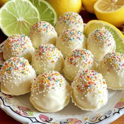 - 1 cup sugar cookies (can be store-bought or homemade, crumbled) - 1/4 cup cream cheese, softened to room temperature - Zest of 1 lemon - Zest of 1 lime - 1 tablespoon fresh lemon juice - 1 tablespoon fresh lime juice - 1/2 teaspoon pure vanilla extract - 1 cup white chocolate chips - 1 tablespoon coconut oil (alternatively, use vegetable oil) - Colorful sprinkles (for decoration) You can swap the sugar cookies for gluten-free cookies. This makes the treat friendly for gluten-free diets. Instead of cream cheese, try using a vegan cream cheese option for a dairy-free version. For the white chocolate, you can use dark chocolate if you prefer a richer flavor. Finally, if you don’t have coconut oil, vegetable oil works just as well. These truffles are a delightful treat but are best enjoyed in moderation. One truffle has around 120 calories, 7 grams of fat, 13 grams of carbs, and 1 gram of protein. They offer a sweet burst of flavor thanks to the lemon and lime, alongside the creamy texture from the cream cheese. For those tracking sugar intake, consider enjoying these truffles as an occasional dessert. To make Lemon-Lime Sugar Cookie Truffles, follow these easy steps. 1. Start with a large bowl. Add the crumbled sugar cookies and the softened cream cheese. 2. Mix them well using a spatula or your hands. You want a smooth dough. 3. Next, add the lemon zest, lime zest, lemon juice, lime juice, and vanilla extract. Stir until everything blends well. 4. Use a cookie scoop or your hands to shape small balls. Each should be about 1 inch wide. 5. Place these balls on a lined baking sheet. 6. Chill the truffles in the fridge for about 30 minutes. This helps them firm up. 7. While they chill, prepare the coating. In a microwave-safe bowl, combine white chocolate chips and coconut oil. 8. Microwave in 30-second intervals. Stir well between each session until smooth. 9. Remove the chilled truffles from the fridge. Dip each one in the melted chocolate. Make sure they are fully covered. 10. Place the coated truffles back on the baking sheet. Sprinkle colorful sprinkles on top before the chocolate sets. 11. Let the truffles sit at room temperature until the coating hardens. You can also speed this up in the fridge for about 10-15 minutes. You can use store-bought sugar cookies for this recipe. Just crumble them into small pieces. If you prefer, make your own sugar cookies. Follow a basic sugar cookie recipe. Make sure they cool completely before you crumble them. This ensures the right texture for your truffles. Melting white chocolate can be tricky. Use a microwave-safe bowl for best results. Heat it in small bursts, like 30 seconds at a time. Stir after each burst. This helps avoid burning the chocolate. If the chocolate seems thick, add a little coconut oil. It will make the chocolate smoother and easier to work with. To get the best texture for your truffles, start with crumbled sugar cookies. Mix them well with cream cheese until smooth. The right ratio keeps truffles soft and creamy. Chill the mixture before rolling to help shape them better. Keep your hands slightly damp while rolling; this helps prevent sticking. One mistake is not chilling the mixture long enough. If it’s too soft, rolling becomes a challenge. Another error is over-melting the chocolate. Heat it gently, stirring often. This keeps it smooth and shiny. Lastly, don’t skip the sprinkles! They add fun and flavor. Want to boost the flavor? Add more zest from lemons and limes for a punch. A few drops of almond extract can add warmth. For a tropical twist, try coconut extract. You can even mix in small bits of lemon or lime candy for extra fun. Explore these options to make your truffles stand out! For the full recipe, check out the complete guide on making Lemon-Lime Sugar Cookie Truffles. {{image_4}} You can mix things up with these truffles. Try adding chocolate to the mix. Just fold in some cocoa powder with the sugar cookie base. For a twist, use other citrus fruits like orange or grapefruit. Their zest will add a fun new flavor. You can also use lemon and lime extracts for a stronger taste. Want vegan truffles? Swap the cream cheese for a vegan alternative. Use dairy-free chocolate chips for coating. For gluten-free truffles, use gluten-free sugar cookies. Check labels to ensure all ingredients are safe for your diet. These changes keep the truffles tasty and enjoyable for everyone. These truffles shine at parties or gatherings. Serve them on a colorful plate with fresh fruit. Place them in small cupcake liners for a pretty touch. You can also package them in jars with ribbons for gifts. They are perfect for celebrations like birthdays, holidays, or just a sweet treat. Enjoy them with a cup of tea or coffee for a delightful snack. For the full recipe, check the details above. To keep your Lemon-Lime Sugar Cookie Truffles fresh, store them in an airtight container. Line the bottom with parchment paper to prevent sticking. This simple step helps maintain their shape and flavor. These truffles can last up to one week in the fridge. For longer storage, you can freeze them. Place the truffles in a single layer on a baking sheet. Once frozen, transfer them to a freezer-safe bag. They can stay good for up to three months frozen. To enjoy the best taste, let the truffles sit at room temperature for about 30 minutes before serving. Avoid exposing them to heat or direct sunlight. This keeps the chocolate coating smooth and tasty. For extra freshness, add a layer of wax paper between layers in your container. To stop chocolate from seizing, you need to keep it dry. Water makes chocolate clump. Use clean, dry bowls and utensils. When melting, heat chocolate slowly. Use a microwave or double boiler on low heat. Stir often to keep the heat even. Adding a bit of oil can help too. This gives the chocolate a smooth texture. You can make these truffles ahead of time! First, prepare the truffles as the recipe says. After chilling them, you can store them in the fridge. Place them in an airtight container. They will stay fresh for about a week. You can also freeze them for up to three months. Just make sure to wrap them well. Yes, you can use other types of chocolate for coating! Dark or milk chocolate works well. Each type gives a unique flavor. If you want a sweet touch, go for milk chocolate. For a rich taste, dark chocolate is great. Just remember to melt it slowly, like white chocolate. Enjoy mixing flavors! For the full recipe, check out the section above. You’ve learned how to make Lemon-Lime Sugar Cookie Truffles from scratch. We covered the key ingredients, step-by-step instructions, and tips for perfect texture. Remember to try different flavors and storage methods to keep your truffles fresh. Making truffles can be fun and creative. With these tips, you can impress friends and family with delicious treats. Enjoy the process, and don’t be afraid to experiment!