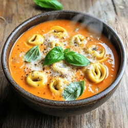 - 2 tablespoons olive oil - 1 medium onion, finely chopped - 3 cloves garlic, minced - 1 can (28 oz) crushed tomatoes - 4 cups vegetable broth - 1 teaspoon dried basil - 1 teaspoon dried oregano - 1/2 teaspoon red pepper flakes (optional) - 9 oz cheese tortellini (fresh or frozen) - 1 cup heavy cream - Salt to taste - Freshly ground black pepper to taste - Fresh basil leaves To make this creamy tomato tortellini soup, you need fresh and simple ingredients. The base starts with olive oil, onion, and garlic. These create a great flavor. Next, add crushed tomatoes and vegetable broth. Together, they create a rich, comforting base. For seasonings, dried basil and oregano bring a classic taste. If you like spice, toss in red pepper flakes. They add warmth without overpowering the soup. The key components are cheese tortellini and heavy cream. The tortellini provides a delicious bite, while the cream gives the soup its creamy texture. Don’t forget to season with salt and black pepper to bring everything together. For a bright finish, fresh basil leaves work wonders. They add a pop of color and flavor. You can find the full recipe above for exact measurements and steps. Enjoy creating this cozy dish! First, I heat 2 tablespoons of olive oil in a large pot over medium heat. I add 1 medium onion, finely chopped, and cook it for about 4-5 minutes. The onion should look soft and clear. Next, I stir in 3 cloves of minced garlic. I let it cook for 1 minute, just until it releases its lovely smell. Now, I pour in 1 can of crushed tomatoes and 4 cups of vegetable broth. I stir well to mix everything. This step helps create a nice, smooth base for the soup. Next, I sprinkle in 1 teaspoon of dried basil and 1 teaspoon of dried oregano. If I want some heat, I add 1/2 teaspoon of red pepper flakes. I bring this mix to a gentle simmer for about 5 minutes. This allows all the flavors to blend together. Then, I add 9 ounces of cheese tortellini to the pot. I cook it according to the package instructions. This typically takes about 5-7 minutes. The tortellini will float when it's ready. Once the tortellini is cooked, I lower the heat and stir in 1 cup of heavy cream. I let the soup warm through but avoid boiling it. After that, I taste and add salt and freshly ground black pepper to my liking. For a great look, I ladle the soup into shallow bowls. I top each bowl with fresh basil leaves and a sprinkle of Parmesan cheese. This adds a nice touch. I like to serve it with crusty bread for a filling meal. For the full recipe, check the details above. You can easily make this soup fit your needs. If you want a dairy-free option, use coconut milk instead of heavy cream. It gives a nice creaminess without dairy. For pasta, choose gluten-free tortellini or any small pasta. You can even use fresh pasta for a softer bite. Want to enhance the flavor? Try adding a splash of balsamic vinegar or a bit of lemon juice. These will brighten the soup. If you like spice, increase red pepper flakes. You can also add a pinch of smoked paprika for a smoky twist. Don’t be afraid to taste as you go! Short on time? Use pre-cooked tortellini. Just add it to the soup to warm it through. Canned tomatoes can also save you some prep time. They are just as tasty and make your life easier. This way, you can enjoy your creamy tomato tortellini soup in no time! For the full recipe, check the [Full Recipe] section. {{image_4}} You can make this soup even better by adding vegetables. Spinach, kale, and bell peppers are great choices. Just chop them up and add them to the pot while cooking. They will cook down quickly and add color and nutrition. You can use fresh or frozen veggies. Both work well and help make your soup heartier and more filling. Want to turn this soup into a meal? You can add protein! Cooked chicken, sausage, or beans work best. Simply shred the chicken or slice the sausage and stir it in. If you choose beans, use canned ones for ease. They add creaminess and fiber, making your soup more satisfying. You can change the taste of your soup by tweaking the spices. Try adding Italian herbs like thyme and parsley for a classic touch. If you like heat, add more red pepper flakes or some diced jalapeños. You can also add a splash of balsamic vinegar for a tangy twist. Each variation makes the soup unique and fun to explore. For the full recipe, check out Creamy Tomato Tortellini Soup! To keep your creamy tomato tortellini soup fresh, store it in an airtight container. Let the soup cool to room temperature before sealing it. Place it in the fridge within two hours of cooking. The soup stays good for about 3-4 days. When you reheat, heat it on the stove over low heat. Stir it often to keep it smooth and creamy. If you want to freeze soup, let it cool completely. Pour it into freezer-safe containers, leaving some space at the top for expansion. Seal tightly and label it with the date. You can freeze the soup for up to 3 months. To reheat, thaw it overnight in the fridge. Heat gently on the stove, stirring to maintain creaminess. For best taste and quality, consume your soup within 3-4 days when refrigerated. If frozen, use it within 3 months. Always check for any off smells or changes in color before eating. Following these best practices helps you enjoy every delicious bite of your creamy tomato tortellini soup! You can find the full recipe at the beginning of this article. Yes, you can make this soup ahead of time. Prepare the soup, but skip adding the cream and tortellini. Store the soup in the fridge for up to three days. When you are ready to eat, heat it on the stove. Add the cream and tortellini, and cook until the pasta is tender. This keeps the tortellini from getting mushy. You can use milk or coconut milk for a lighter soup. If you want a dairy-free option, try almond milk or cashew cream. Both will add creaminess without the dairy. Each option changes the taste slightly, so choose what you like best. If you want a thicker soup, there are a few ways to do this. You can blend a small amount of the soup and stir it back in. This gives a creamy texture. Another option is to add a cornstarch slurry. Mix one tablespoon of cornstarch with two tablespoons of cold water. Stir this into the soup and cook until it thickens. This soup pairs well with crusty bread or a fresh salad. A simple green salad with lemon vinaigrette adds a nice touch. You can also serve it with garlic bread for a hearty meal. For extra flavor, top each bowl with grated Parmesan cheese. Check out the Full Recipe for more ideas! In this blog post, we explored a creamy tomato tortellini soup from start to finish. We covered key ingredients like olive oil, garlic, and cheese tortellini, plus essential spices. I shared step-by-step instructions for making this comforting dish and offered tips for flavoring and ingredient swaps. You can even add extra veggies or protein for variety. Final thoughts: This soup is a fun and easy dish to make. Enjoy experimenting with flavors and sharing it with loved ones.