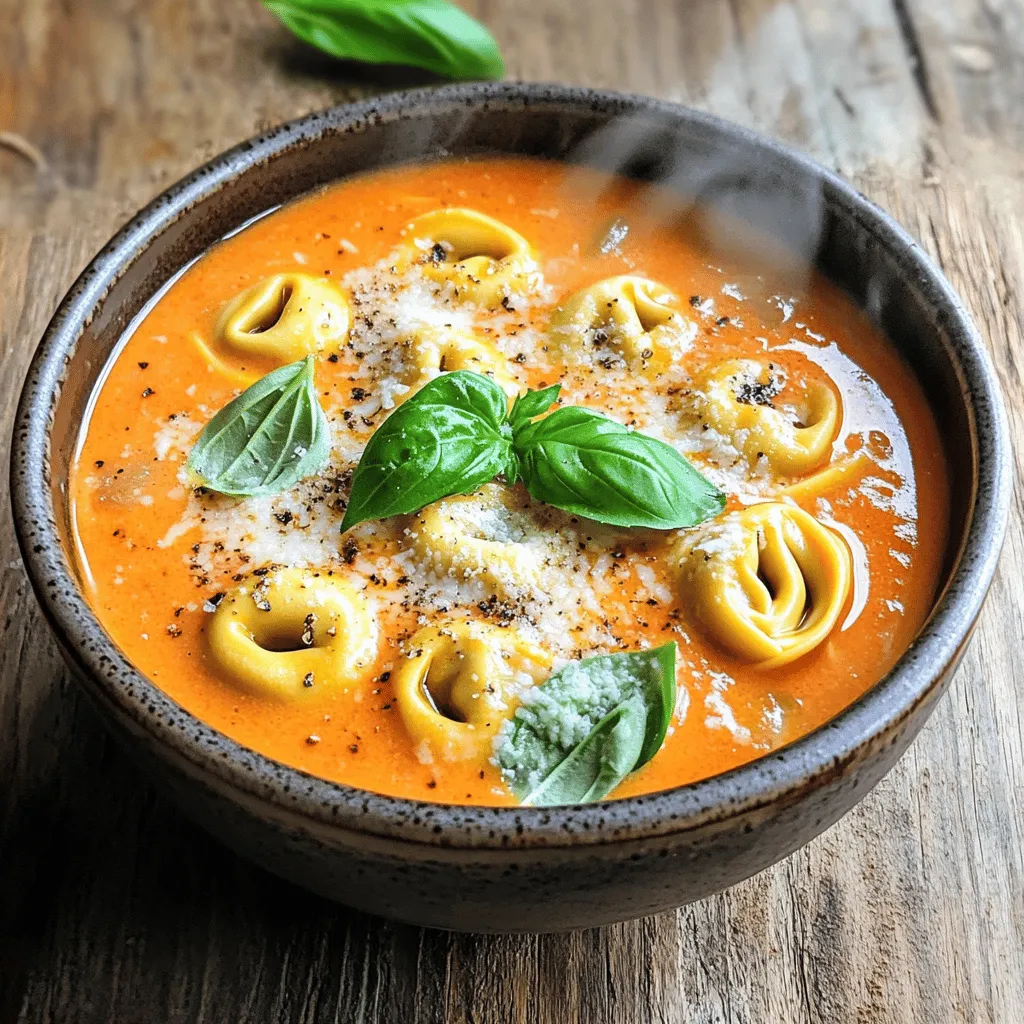- 2 tablespoons olive oil - 1 medium onion, finely chopped - 3 cloves garlic, minced - 1 can (28 oz) crushed tomatoes - 4 cups vegetable broth - 1 teaspoon dried basil - 1 teaspoon dried oregano - 1/2 teaspoon red pepper flakes (optional) - 9 oz cheese tortellini (fresh or frozen) - 1 cup heavy cream - Salt to taste - Freshly ground black pepper to taste - Fresh basil leaves To make this creamy tomato tortellini soup, you need fresh and simple ingredients. The base starts with olive oil, onion, and garlic. These create a great flavor. Next, add crushed tomatoes and vegetable broth. Together, they create a rich, comforting base. For seasonings, dried basil and oregano bring a classic taste. If you like spice, toss in red pepper flakes. They add warmth without overpowering the soup. The key components are cheese tortellini and heavy cream. The tortellini provides a delicious bite, while the cream gives the soup its creamy texture. Don’t forget to season with salt and black pepper to bring everything together. For a bright finish, fresh basil leaves work wonders. They add a pop of color and flavor. You can find the full recipe above for exact measurements and steps. Enjoy creating this cozy dish! First, I heat 2 tablespoons of olive oil in a large pot over medium heat. I add 1 medium onion, finely chopped, and cook it for about 4-5 minutes. The onion should look soft and clear. Next, I stir in 3 cloves of minced garlic. I let it cook for 1 minute, just until it releases its lovely smell. Now, I pour in 1 can of crushed tomatoes and 4 cups of vegetable broth. I stir well to mix everything. This step helps create a nice, smooth base for the soup. Next, I sprinkle in 1 teaspoon of dried basil and 1 teaspoon of dried oregano. If I want some heat, I add 1/2 teaspoon of red pepper flakes. I bring this mix to a gentle simmer for about 5 minutes. This allows all the flavors to blend together. Then, I add 9 ounces of cheese tortellini to the pot. I cook it according to the package instructions. This typically takes about 5-7 minutes. The tortellini will float when it's ready. Once the tortellini is cooked, I lower the heat and stir in 1 cup of heavy cream. I let the soup warm through but avoid boiling it. After that, I taste and add salt and freshly ground black pepper to my liking. For a great look, I ladle the soup into shallow bowls. I top each bowl with fresh basil leaves and a sprinkle of Parmesan cheese. This adds a nice touch. I like to serve it with crusty bread for a filling meal. For the full recipe, check the details above. You can easily make this soup fit your needs. If you want a dairy-free option, use coconut milk instead of heavy cream. It gives a nice creaminess without dairy. For pasta, choose gluten-free tortellini or any small pasta. You can even use fresh pasta for a softer bite. Want to enhance the flavor? Try adding a splash of balsamic vinegar or a bit of lemon juice. These will brighten the soup. If you like spice, increase red pepper flakes. You can also add a pinch of smoked paprika for a smoky twist. Don’t be afraid to taste as you go! Short on time? Use pre-cooked tortellini. Just add it to the soup to warm it through. Canned tomatoes can also save you some prep time. They are just as tasty and make your life easier. This way, you can enjoy your creamy tomato tortellini soup in no time! For the full recipe, check the [Full Recipe] section. {{image_4}} You can make this soup even better by adding vegetables. Spinach, kale, and bell peppers are great choices. Just chop them up and add them to the pot while cooking. They will cook down quickly and add color and nutrition. You can use fresh or frozen veggies. Both work well and help make your soup heartier and more filling. Want to turn this soup into a meal? You can add protein! Cooked chicken, sausage, or beans work best. Simply shred the chicken or slice the sausage and stir it in. If you choose beans, use canned ones for ease. They add creaminess and fiber, making your soup more satisfying. You can change the taste of your soup by tweaking the spices. Try adding Italian herbs like thyme and parsley for a classic touch. If you like heat, add more red pepper flakes or some diced jalapeños. You can also add a splash of balsamic vinegar for a tangy twist. Each variation makes the soup unique and fun to explore. For the full recipe, check out Creamy Tomato Tortellini Soup! To keep your creamy tomato tortellini soup fresh, store it in an airtight container. Let the soup cool to room temperature before sealing it. Place it in the fridge within two hours of cooking. The soup stays good for about 3-4 days. When you reheat, heat it on the stove over low heat. Stir it often to keep it smooth and creamy. If you want to freeze soup, let it cool completely. Pour it into freezer-safe containers, leaving some space at the top for expansion. Seal tightly and label it with the date. You can freeze the soup for up to 3 months. To reheat, thaw it overnight in the fridge. Heat gently on the stove, stirring to maintain creaminess. For best taste and quality, consume your soup within 3-4 days when refrigerated. If frozen, use it within 3 months. Always check for any off smells or changes in color before eating. Following these best practices helps you enjoy every delicious bite of your creamy tomato tortellini soup! You can find the full recipe at the beginning of this article. Yes, you can make this soup ahead of time. Prepare the soup, but skip adding the cream and tortellini. Store the soup in the fridge for up to three days. When you are ready to eat, heat it on the stove. Add the cream and tortellini, and cook until the pasta is tender. This keeps the tortellini from getting mushy. You can use milk or coconut milk for a lighter soup. If you want a dairy-free option, try almond milk or cashew cream. Both will add creaminess without the dairy. Each option changes the taste slightly, so choose what you like best. If you want a thicker soup, there are a few ways to do this. You can blend a small amount of the soup and stir it back in. This gives a creamy texture. Another option is to add a cornstarch slurry. Mix one tablespoon of cornstarch with two tablespoons of cold water. Stir this into the soup and cook until it thickens. This soup pairs well with crusty bread or a fresh salad. A simple green salad with lemon vinaigrette adds a nice touch. You can also serve it with garlic bread for a hearty meal. For extra flavor, top each bowl with grated Parmesan cheese. Check out the Full Recipe for more ideas! In this blog post, we explored a creamy tomato tortellini soup from start to finish. We covered key ingredients like olive oil, garlic, and cheese tortellini, plus essential spices. I shared step-by-step instructions for making this comforting dish and offered tips for flavoring and ingredient swaps. You can even add extra veggies or protein for variety. Final thoughts: This soup is a fun and easy dish to make. Enjoy experimenting with flavors and sharing it with loved ones.
