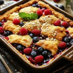 Here are the ingredients you need for this tasty berry cobbler: - 2 cups mixed berries (strawberries, blueberries, raspberries, blackberries) - 1 cup granulated sugar, divided - 2 tablespoons cornstarch - 1 teaspoon vanilla extract - 1 tablespoon fresh lemon juice - 1 teaspoon ground cinnamon - 1 cup all-purpose flour - 1 ½ teaspoons baking powder - ½ teaspoon salt - 1/3 cup unsalted butter, melted and slightly cooled - 1 cup milk - 1 pinch of ground nutmeg - 1 tablespoon rolled oats (optional topping) Gathering fresh and colorful berries makes this recipe special. You can use any mix of berries you love. Strawberries add sweetness, while blueberries give a deep flavor. Raspberries and blackberries bring a nice tartness. You can also try frozen berries if fresh ones are not available. Just make sure to thaw and drain them first. With these simple ingredients, you can create a warm and comforting dessert. Each bite will be filled with juicy berries and soft, buttery dough. Follow along with the full recipe to make this delightful dish! Set the oven to 350°F (175°C). This step prepares the oven for baking. A hot oven helps the cobbler cook evenly. Combine 2 cups of mixed berries with ½ cup of sugar, 2 tablespoons of cornstarch, 1 teaspoon of vanilla extract, 1 tablespoon of fresh lemon juice, and 1 teaspoon of ground cinnamon. Gently toss the mixture until all the berries are well-coated. This creates a sweet and tangy base for your cobbler. Transfer the berry mixture into a greased 8x8-inch baking dish. Spread it out evenly. In a large bowl, mix 1 cup of all-purpose flour, ½ cup of sugar, 1 ½ teaspoons of baking powder, ½ teaspoon of salt, and a pinch of ground nutmeg. Pour in ⅓ cup of melted butter and 1 cup of milk. Stir gently until just combined. It’s okay if the batter has a few lumps. This mixture forms the fluffy topping for your cobbler. Pour the batter over the berry mixture in the baking dish. Use a spatula to spread the batter evenly across the top. If you’d like, sprinkle 1 tablespoon of rolled oats over the batter. This adds a nice crunch and flavor. Place the baking dish in the preheated oven. Bake for 35-40 minutes. The cobbler should be golden brown and bubbling around the edges. This indicates that it’s ready to come out. After baking, remove the cobbler from the oven. Let it cool for about 10-15 minutes. This cooling time helps the filling to set slightly. It makes serving easier and keeps the filling from spilling out. Enjoy this delicious dessert warm! For the full recipe, check out the details above. To get the best texture in your cobbler, mix carefully. Use a whisk to blend your dry ingredients. Then, add the melted butter and milk. Stir until just combined. You want lumps in your batter. Overmixing makes it tough. Remember, a few lumps are okay! For a great taste, use a mix of berries. I love using strawberries, blueberries, raspberries, and blackberries. Each berry adds a unique flavor and texture. Strawberries give sweetness, while blueberries add juiciness. Raspberries bring a nice tartness, and blackberries add depth. You can also use frozen berries if fresh ones aren't available. Just thaw them first! Serve your berry cobbler warm for the best experience. A scoop of vanilla ice cream on top is a must! You can also try whipped cream for extra creaminess. For a fresh touch, add a sprig of mint on each plate. It makes the dish look pretty and adds flavor. If you want some crunch, sprinkle chopped nuts or oats on top before serving. Enjoy every bite! {{image_4}} You can make this berry cobbler gluten-free. Simply swap all-purpose flour with gluten-free flour. Look for blends that include rice flour, tapioca, and potato starch. These blends work well and keep the texture light. Just remember, some gluten-free flours absorb more liquid. You may need to adjust the milk in your recipe. If you want to cut back on sugar, try using honey or maple syrup. These natural sweeteners add flavor without being too sweet. You can also reduce the granulated sugar by one-fourth. The berries will still shine through. Another option is to use stevia or monk fruit for a no-calorie choice. Just be careful with the amounts, as they are much sweeter than sugar. You can boost the flavor of your cobbler by adding spices. A pinch of cardamom or ginger can add warmth. Try adding a dash of almond extract for a nutty vibe. You can also fold in lemon zest for a fresh twist. Each of these options brings out the berries' natural sweetness. Experiment and find your favorite mix. For the full recipe, check out the detailed instructions above! How do you store leftover cobbler in the fridge? To keep your cobbler fresh, let it cool first. Cover it with plastic wrap or aluminum foil. Place it in the fridge. It stays good for about three to four days. What are the guidelines for freezing cobbler? For longer storage, freeze your berry cobbler. First, let it cool completely. Wrap it tightly in plastic wrap, then aluminum foil. This helps prevent freezer burn. You can freeze it for up to three months. Thaw it in the fridge before reheating. What are the best methods to reheat cobbler? To reheat, place slices in the oven at 350°F (175°C). Bake for about 15-20 minutes until warm. You can also use the microwave. Heat on medium power for about 1-2 minutes. Check to avoid overheating. Enjoy your warm berry cobbler! To make berry cobbler from scratch, follow these simple steps: 1. Preheat your oven to 350°F (175°C). This ensures a hot start for your cobbler. 2. Prepare the fruit filling by mixing your berries with sugar, cornstarch, vanilla extract, lemon juice, and cinnamon. Coat the berries well, then place them in a greased baking dish. 3. Make the cobbler batter by combining flour, sugar, baking powder, salt, and nutmeg in a bowl. Mix in melted butter and milk until just combined. 4. Assemble the cobbler by pouring the batter over the berries. Spread it evenly for a nice finish. 5. Bake for 35-40 minutes until the top is golden brown and the berries bubble. 6. Cool and serve for the best taste. This method creates a warm and fruity dessert that everyone will love. For a detailed recipe, check the Full Recipe. Yes, you can use frozen berries for your cobbler. Here are some tips: - Do not thaw the berries before use. They can lose shape and juice. - Increase the cooking time by a few minutes. This helps the berries cook through. - Add a little more cornstarch to help thicken the filling. Frozen berries release more liquid as they cook. Using frozen berries is a great way to enjoy cobbler year-round, even when fresh berries are not in season. The best way to serve berry cobbler is warm. Here are some suggestions: - Top it with vanilla ice cream or a dollop of whipped cream. The cold cream pairs well with warm cobbler. - Add fresh mint leaves for a pop of color and flavor. This makes your dish more appealing. - Serve with a drizzle of honey or maple syrup for an extra touch of sweetness. These toppings enhance the flavors and make each bite a delight. You can tell the cobbler is done by checking these signs: - The top is golden brown. This means the batter has cooked properly. - Bubbles appear around the edges. This shows that the berries are bubbly and hot. - Insert a toothpick into the center. If it comes out clean or with a few crumbs, it’s ready. These simple checks ensure you serve a perfectly baked cobbler. In this blog post, we explored how to make a tasty berry cobbler from scratch. We covered ingredients, step-by-step instructions, and helpful tips. You learned about variations, storage, and common questions. Making cobbler at home is simple and fun. Use fresh or frozen berries for great results. Enjoy your warm cobbler with ice cream or whipped cream. It’s a dessert that everyone will love. Trust me, this recipe delivers joy with each bite. Get baking and enjoy the delicious outcome!