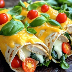 - 2 boneless, skinless chicken breasts - 1 cup shredded mozzarella cheese - 4 large whole wheat tortillas - 1/4 cup ranch dressing or sauce of your choice - Fresh basil leaves for garnish - 2 tablespoons extra virgin olive oil - 4 cloves garlic, finely minced - 1 teaspoon dried oregano - 1 teaspoon smoked paprika - Salt and pepper, to taste These ingredients create the base for your cheesy garlic chicken wraps. The chicken breasts add protein and flavor, while shredded mozzarella brings a creamy texture. Whole wheat tortillas provide a hearty wrap that holds everything together. For extra flavor, consider adding ranch dressing. It pairs well with the chicken and cheese. Fresh basil leaves add a nice touch and make your wraps look pretty. The spices are key. Extra virgin olive oil helps in cooking and adds richness. Garlic brings a strong aroma and taste, while oregano and smoked paprika add depth. Salt and pepper enhance all the flavors, bringing everything together. With these ingredients, you're ready to make a delicious meal. For the full recipe, check out the detailed steps. First, preheat your oven to 375°F (190°C). This will get it hot and ready for the wraps. Next, grab a medium-sized bowl. In this bowl, mix 2 tablespoons of olive oil, 4 minced garlic cloves, 1 teaspoon of dried oregano, 1 teaspoon of smoked paprika, salt, and pepper. Whisk these together until you see a nice blend. Take the two chicken breasts and put them in the bowl. Make sure they get coated well with the garlic mix. It’s important to let the chicken marinate for about 10 minutes. This step boosts the flavor of the chicken. Now, heat a non-stick skillet over medium-high heat. Add the marinated chicken breasts to the hot skillet. Cook them for about 5 to 7 minutes on each side. You want the chicken to be fully cooked through. The inside should not be pink, and the internal temperature should reach 165°F (75°C). After cooking, transfer the chicken to a cutting board. Let it rest for a few minutes, then slice it into thin strips. To start making the wraps, take one large tortilla and lay it flat on a clean surface. Spread about 1 tablespoon of ranch dressing evenly over the tortilla. Next, layer fresh spinach leaves on top. Then, add the sliced chicken, halved cherry tomatoes, and a sprinkle of mozzarella cheese. Now, carefully roll the tortilla tightly from one end to the other. Don’t forget to tuck in the sides as you go. This keeps all the yummy filling inside. Repeat this process for the rest of the tortillas and fillings. Once everything is rolled, place the wraps seam side down on a baking sheet lined with parchment paper. Place the baking sheet in the preheated oven. Bake for 10 to 15 minutes, or until the tortillas turn golden brown and the cheese melts beautifully. After baking, let the wraps cool slightly before slicing them in half. Garnish with fresh basil leaves to make it look nice. Enjoy your Cheesy Garlic Chicken Wraps! For the complete recipe, check out the [Full Recipe]. - Marinate the chicken for at least 10 minutes. This lets the flavors soak in well. You can marinate for up to an hour for even more taste. - Cook the chicken for 5-7 minutes on each side. Make sure it reaches 165°F (75°C) inside. This ensures the chicken is juicy and safe to eat. - To make the wraps crispy, bake them seam side down. This keeps the filling from spilling out. - For melting cheese, add it to the wraps before baking. The heat will melt it perfectly, making it gooey. You can also cover the wraps with foil for the first few minutes to trap steam. - Present the wraps on a large platter. Scatter cherry tomatoes and fresh basil around for a pop of color. - Serve with extra ranch dressing or your favorite dip on the side. This adds a nice touch and gives everyone a choice. Enjoy your meal! {{image_4}} You can easily switch up the cheese in these wraps. Try cheddar for a sharp taste or gouda for a smoky flavor. You can also change the protein. Use turkey for a leaner option or tofu for a plant-based choice. This lets you tailor the wraps to your taste and dietary needs. Want to spice things up? Add jalapeños or a splash of hot sauce for heat. You can also mix in different herbs and spices. Basil, cilantro, or even a pinch of cumin can totally change the taste. Experimenting with flavors keeps the wraps fresh and exciting every time you make them. If you need gluten-free options, choose gluten-free tortillas. Many brands offer great choices. For a lighter meal, consider low-calorie tortillas. These swaps help you enjoy the wraps without sacrificing your dietary goals. You can indulge while still keeping things healthy. For the full experience, check out the Full Recipe for Cheesy Garlic Chicken Wraps! To keep your cheesy garlic chicken wraps fresh, follow these steps. Place them in airtight containers. This helps keep moisture out and flavors locked in. If you plan to eat them within a few days, store them in the fridge. They can last for about 3 days. If you want to keep them longer, freeze them instead. Wrap each one tightly in plastic wrap, then place them in a freezer-safe bag. This way, they can stay good for up to 3 months. When it's time to enjoy the leftovers, reheating is key to keeping that delicious flavor. The best method is to use an oven. Preheat it to 350°F (175°C). Place the wraps on a baking sheet. Heat them for about 10-15 minutes. This warms them through and keeps them crispy. You can also use a microwave, but it may make them a bit soggy. If you use the microwave, heat for 1-2 minutes. Check to see if they are warm enough; if not, add more time in small increments. Enjoy your tasty wraps! Cheesy Garlic Chicken Wraps can last up to three days in the fridge. To keep them fresh, store them in an airtight container. If you want to prevent sogginess, place a paper towel inside the container. This will absorb extra moisture. Always check for any off smells or changes before eating. Yes, you can prepare the wraps in advance! Assemble the wraps but do not bake them. Wrap them tightly in plastic wrap or foil. Keep them in the fridge for up to 24 hours. When you are ready, just bake them as directed. This is great for busy weeknights. You can serve these wraps with many sides. Here are some ideas: - Fresh Salad: A simple green salad can add crunch. - Vegetable Sticks: Carrot and cucumber sticks are refreshing. - Sweet Potato Fries: They add a nice touch of sweetness. - Beverages: Pair with iced tea or sparkling water. These sides will complement the flavors nicely and make a complete meal. Cheesy Garlic Chicken Wraps are easy to make and delicious. You learned about the main ingredients, spices, and steps to cook. We covered perfecting flavors, serving ideas, and variations to suit your taste. Storage tips help keep your leftovers fresh. Remember, you can customize these wraps with different proteins or cheeses. Enjoy creating this dish for friends or family any time. Delicious meals should bring joy and fun to your kitchen!