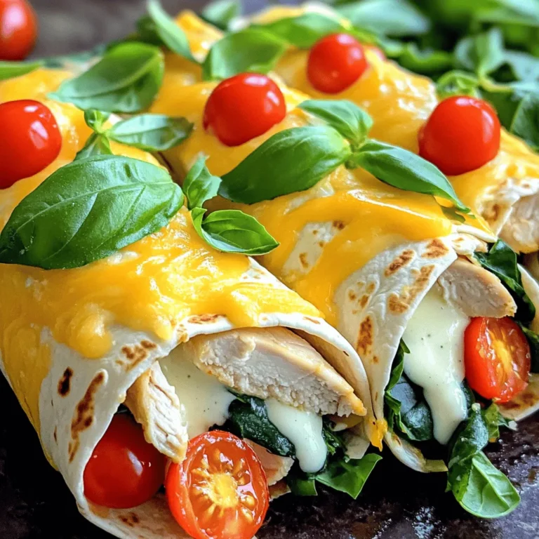 - 2 boneless, skinless chicken breasts - 1 cup shredded mozzarella cheese - 4 large whole wheat tortillas - 1/4 cup ranch dressing or sauce of your choice - Fresh basil leaves for garnish - 2 tablespoons extra virgin olive oil - 4 cloves garlic, finely minced - 1 teaspoon dried oregano - 1 teaspoon smoked paprika - Salt and pepper, to taste These ingredients create the base for your cheesy garlic chicken wraps. The chicken breasts add protein and flavor, while shredded mozzarella brings a creamy texture. Whole wheat tortillas provide a hearty wrap that holds everything together. For extra flavor, consider adding ranch dressing. It pairs well with the chicken and cheese. Fresh basil leaves add a nice touch and make your wraps look pretty. The spices are key. Extra virgin olive oil helps in cooking and adds richness. Garlic brings a strong aroma and taste, while oregano and smoked paprika add depth. Salt and pepper enhance all the flavors, bringing everything together. With these ingredients, you're ready to make a delicious meal. For the full recipe, check out the detailed steps. First, preheat your oven to 375°F (190°C). This will get it hot and ready for the wraps. Next, grab a medium-sized bowl. In this bowl, mix 2 tablespoons of olive oil, 4 minced garlic cloves, 1 teaspoon of dried oregano, 1 teaspoon of smoked paprika, salt, and pepper. Whisk these together until you see a nice blend. Take the two chicken breasts and put them in the bowl. Make sure they get coated well with the garlic mix. It’s important to let the chicken marinate for about 10 minutes. This step boosts the flavor of the chicken. Now, heat a non-stick skillet over medium-high heat. Add the marinated chicken breasts to the hot skillet. Cook them for about 5 to 7 minutes on each side. You want the chicken to be fully cooked through. The inside should not be pink, and the internal temperature should reach 165°F (75°C). After cooking, transfer the chicken to a cutting board. Let it rest for a few minutes, then slice it into thin strips. To start making the wraps, take one large tortilla and lay it flat on a clean surface. Spread about 1 tablespoon of ranch dressing evenly over the tortilla. Next, layer fresh spinach leaves on top. Then, add the sliced chicken, halved cherry tomatoes, and a sprinkle of mozzarella cheese. Now, carefully roll the tortilla tightly from one end to the other. Don’t forget to tuck in the sides as you go. This keeps all the yummy filling inside. Repeat this process for the rest of the tortillas and fillings. Once everything is rolled, place the wraps seam side down on a baking sheet lined with parchment paper. Place the baking sheet in the preheated oven. Bake for 10 to 15 minutes, or until the tortillas turn golden brown and the cheese melts beautifully. After baking, let the wraps cool slightly before slicing them in half. Garnish with fresh basil leaves to make it look nice. Enjoy your Cheesy Garlic Chicken Wraps! For the complete recipe, check out the [Full Recipe]. - Marinate the chicken for at least 10 minutes. This lets the flavors soak in well. You can marinate for up to an hour for even more taste. - Cook the chicken for 5-7 minutes on each side. Make sure it reaches 165°F (75°C) inside. This ensures the chicken is juicy and safe to eat. - To make the wraps crispy, bake them seam side down. This keeps the filling from spilling out. - For melting cheese, add it to the wraps before baking. The heat will melt it perfectly, making it gooey. You can also cover the wraps with foil for the first few minutes to trap steam. - Present the wraps on a large platter. Scatter cherry tomatoes and fresh basil around for a pop of color. - Serve with extra ranch dressing or your favorite dip on the side. This adds a nice touch and gives everyone a choice. Enjoy your meal! {{image_4}} You can easily switch up the cheese in these wraps. Try cheddar for a sharp taste or gouda for a smoky flavor. You can also change the protein. Use turkey for a leaner option or tofu for a plant-based choice. This lets you tailor the wraps to your taste and dietary needs. Want to spice things up? Add jalapeños or a splash of hot sauce for heat. You can also mix in different herbs and spices. Basil, cilantro, or even a pinch of cumin can totally change the taste. Experimenting with flavors keeps the wraps fresh and exciting every time you make them. If you need gluten-free options, choose gluten-free tortillas. Many brands offer great choices. For a lighter meal, consider low-calorie tortillas. These swaps help you enjoy the wraps without sacrificing your dietary goals. You can indulge while still keeping things healthy. For the full experience, check out the Full Recipe for Cheesy Garlic Chicken Wraps! To keep your cheesy garlic chicken wraps fresh, follow these steps. Place them in airtight containers. This helps keep moisture out and flavors locked in. If you plan to eat them within a few days, store them in the fridge. They can last for about 3 days. If you want to keep them longer, freeze them instead. Wrap each one tightly in plastic wrap, then place them in a freezer-safe bag. This way, they can stay good for up to 3 months. When it's time to enjoy the leftovers, reheating is key to keeping that delicious flavor. The best method is to use an oven. Preheat it to 350°F (175°C). Place the wraps on a baking sheet. Heat them for about 10-15 minutes. This warms them through and keeps them crispy. You can also use a microwave, but it may make them a bit soggy. If you use the microwave, heat for 1-2 minutes. Check to see if they are warm enough; if not, add more time in small increments. Enjoy your tasty wraps! Cheesy Garlic Chicken Wraps can last up to three days in the fridge. To keep them fresh, store them in an airtight container. If you want to prevent sogginess, place a paper towel inside the container. This will absorb extra moisture. Always check for any off smells or changes before eating. Yes, you can prepare the wraps in advance! Assemble the wraps but do not bake them. Wrap them tightly in plastic wrap or foil. Keep them in the fridge for up to 24 hours. When you are ready, just bake them as directed. This is great for busy weeknights. You can serve these wraps with many sides. Here are some ideas: - Fresh Salad: A simple green salad can add crunch. - Vegetable Sticks: Carrot and cucumber sticks are refreshing. - Sweet Potato Fries: They add a nice touch of sweetness. - Beverages: Pair with iced tea or sparkling water. These sides will complement the flavors nicely and make a complete meal. Cheesy Garlic Chicken Wraps are easy to make and delicious. You learned about the main ingredients, spices, and steps to cook. We covered perfecting flavors, serving ideas, and variations to suit your taste. Storage tips help keep your leftovers fresh. Remember, you can customize these wraps with different proteins or cheeses. Enjoy creating this dish for friends or family any time. Delicious meals should bring joy and fun to your kitchen!