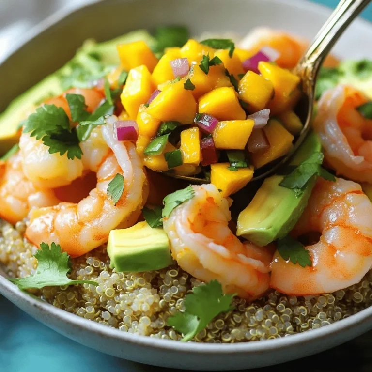 - 1 lb fresh shrimp, peeled and deveined - 2 ripe avocados, diced - 1 cup cooked quinoa (1/2 cup uncooked) - 1 tablespoon olive oil - 1 teaspoon garlic powder - Juice of 1 lime - Salt and pepper to taste - Fresh cilantro, chopped (for garnish) - 1 ripe mango, diced - 1/2 red onion, finely chopped - 1 jalapeño, finely minced (optional for added heat) - 1 tablespoon lime juice - Salt to taste The main ingredients form the base of this dish. Fresh shrimp brings a sweet flavor and a firm texture. Avocados add creaminess and healthy fats. Quinoa serves as a nice, nutty base to hold all the flavors together. For seasonings, olive oil helps in cooking the shrimp and adds richness. Garlic powder gives a savory kick. Lime juice brightens the entire dish, while salt and pepper elevate the taste. Fresh cilantro adds a pop of color and flavor at the end. Mango salsa is the star of this bowl. Diced mango provides sweetness, while red onion adds crunch. The jalapeño can spice things up if you like heat. Lime juice keeps the salsa fresh, and salt brings all the flavors together. You can find the full recipe in the article. Enjoy creating this vibrant and tasty dish! Combine diced mango, red onion, minced jalapeño, lime juice, and a pinch of salt. Stir gently to mix everything well. Set aside to let the flavors meld while you prepare the other parts of the dish. This salsa adds a fresh and zesty touch to our bowl. First, rinse 1/2 cup of quinoa under cold water. This step helps remove any bitterness. Next, put the rinsed quinoa in a pot with 1 cup of water. Bring it to a boil over medium-high heat. Once boiling, lower the heat to low, cover, and let it simmer for about 15 minutes. When all the water is absorbed, fluff the quinoa gently with a fork. Let it cool for a bit. In a large skillet, heat 1 tablespoon of olive oil over medium heat. Add the peeled and deveined shrimp. Season with garlic powder, salt, and pepper. Cook the shrimp for 3-4 minutes, turning them until they turn pink and opaque. Before taking them off the heat, squeeze the juice of 1 lime over the shrimp and toss them to coat evenly. Start by layering the fluffy quinoa in serving bowls. Next, add diced avocado on top. Arrange the sautéed shrimp over the avocado, making sure each bowl gets shrimp. Finally, spoon a generous helping of mango salsa over the shrimp. This layering makes your bowl look colorful and inviting. Sprinkle freshly chopped cilantro over each bowl for a pop of color and flavor. Serve immediately to enjoy the freshest tastes. Each bite will be a delightful mix of flavors and textures. For the complete recipe, check the [Full Recipe]. How to choose the freshest shrimp: When selecting shrimp, look for a few key signs. Fresh shrimp should have a mild ocean smell, not a strong fishy scent. The shells should be shiny and firm, while the flesh should be translucent. If possible, buy shrimp from a trusted local fishmonger or market. Cooking shrimp to the right level of doneness: Cook shrimp until they turn pink and opaque. This usually takes about 3-4 minutes over medium heat. Avoid overcooking, as it makes shrimp tough. Always check for a slight curl in the shrimp. This means they are perfectly cooked! Common mistakes to avoid when cooking quinoa: One common mistake is skipping the rinsing step. Rinsing removes bitterness. Another mistake is not using enough water. Always use a 2:1 water-to-quinoa ratio for best results. Lastly, don’t forget to fluff the quinoa after cooking. This helps separate the grains. How to enhance flavor in quinoa: You can add flavor to quinoa by cooking it in broth instead of water. Consider adding herbs or spices to the cooking liquid. A bay leaf or garlic clove can add depth. Another option is to mix in lime juice after cooking for a fresh twist. Alternative ingredients for salsa: If you want to switch it up, try using pineapple or peaches instead of mango. You can also add bell peppers for crunch or swap red onion for green onions. This adds a fresh twist to your salsa. Tips on adjusting spice levels: To adjust the spice level in your salsa, add more or less jalapeño. You can also include chopped serrano peppers for extra heat. If you prefer a milder salsa, remove the seeds from the jalapeño before adding. {{image_4}} You can switch shrimp for chicken or tofu. Chicken gives a different taste, but it works well. Cook it the same way as shrimp, seasoning it with garlic powder, salt, and pepper. Tofu is a great vegan option. Just press it to remove water and cut it into cubes. Sauté the tofu until golden and crispy. You can also use scallops or fish. Scallops cook quickly and have a sweet flavor. Fish like salmon or tilapia adds a nice twist. Cook fish until it flakes easily with a fork, and season just like shrimp. Add toppings to make your bowl exciting. Try fresh corn, black beans, or diced tomatoes. You could also add crunchy tortilla chips for texture. Serve the dish as a salad for a lighter meal. Just mix the shrimp, mango salsa, and avocado with leafy greens. You can wrap the filling in a tortilla for a tasty lunch. This gives you a fun way to enjoy the flavors on the go. To make this dish gluten-free, ensure all ingredients are labeled as gluten-free. Quinoa is naturally gluten-free, so you’re already good there! For a vegetarian or vegan version, just use tofu or beans instead of shrimp. You can also use a plant-based yogurt for creaminess. Swap the honey in the salsa for agave syrup if you want sweetness without animal products. To keep your Shrimp Avocado Bowls fresh, store leftovers in airtight containers. This helps maintain their taste and texture. Place the shrimp, avocado, and quinoa in separate containers. This way, you prevent the avocado from browning. Consume leftovers within two days for the best flavor. You can freeze shrimp, but avoid freezing assembled bowls. Freezing affects the texture of the avocado and quinoa. Instead, freeze shrimp and quinoa separately. Wrap shrimp tightly in plastic wrap, then place in a freezer bag. Cooked quinoa can go into a freezer-safe container. Use within three months for the best quality. To reheat shrimp, use a skillet over low heat. This method helps keep them juicy. For quinoa, add a splash of water and cover the pan. Heat on low until warm. Avoid high heat to keep the quinoa from becoming mushy. Enjoy your reheated Shrimp Avocado Bowls just like they were fresh! For the full recipe, you can refer to the earlier sections. Shrimp cook quickly. It usually takes about 3 to 4 minutes. You know they are done when they turn pink and opaque. If you overcook them, they can become tough. So, watch them closely. Yes, you can make mango salsa ahead of time. I recommend preparing it a few hours before serving. Store it in the fridge to keep it fresh. The flavors will blend even better if you let it sit. You can pair your shrimp avocado bowls with many sides. Some great options include: - Corn on the cob - Mixed green salad - Tortilla chips - Light white wine or sparkling water These choices will enhance your meal. Yes, you can use frozen shrimp. Just make sure to thaw them first. You can thaw shrimp by placing them in the fridge overnight. If you’re in a hurry, run them under cold water for about 10 minutes. This method works well and keeps the shrimp juicy. If you want to replace quinoa, try these options: - Brown rice - Couscous - Cauliflower rice These alternatives will still give you a delicious base for your bowl. Yes, this recipe is great for meal prep. You can store the shrimp, quinoa, and salsa separately. This helps keep everything fresh. Use airtight containers for best results. When you’re ready to eat, just assemble your bowl! This blog post shared a simple and tasty recipe for shrimp avocado bowls. You learned about the key ingredients, from shrimp and quinoa to mango salsa. Step-by-step instructions guided you through preparing each part. We covered tips for perfect shrimp and cooking quinoa too. In the end, these bowls offer a fresh meal, easy to customize. Remember, cooking is about fun, so feel free to experiment. Enjoy your healthy, tasty dish!