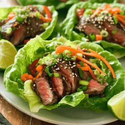 To make savory Steak & Sriracha Lettuce Wraps, you need simple and fresh ingredients. Here’s what you will need: - 1 lb flank steak, thinly sliced - 2 tablespoons soy sauce - 1 tablespoon sesame oil - 2 tablespoons Sriracha sauce - 1 tablespoon brown sugar - 1 teaspoon garlic powder - 1 teaspoon ginger powder - 1 head of butter lettuce or romaine - 1 cup shredded carrots - 1 red bell pepper, thinly sliced - 1/4 cup chopped green onions - Sesame seeds for garnish - Lime wedges for serving This mix of flavors makes the wraps tasty and fun to eat. You can adjust the Sriracha to control the heat. The fresh veggies add crunch, while the steak brings a hearty bite. I love the way this recipe comes together to create a meal that feels special yet easy to make. For the full recipe, check out the details above. To start, I combine the soy sauce, sesame oil, Sriracha, brown sugar, garlic powder, and ginger powder in a bowl. I whisk these ingredients together until smooth. This marinade adds great flavor to the steak. Next, I coat the flank steak in the marinade. It’s important to cover all sides well. I then cover the bowl with plastic wrap. Refrigerating for 30 minutes to 2 hours helps the steak absorb the flavors. I heat my skillet or grill pan on medium-high heat. Once hot, I add the marinated steak in a single layer. Cooking it for 3-4 minutes on each side gives it a nice sear. After cooking, I let the steak rest for a few minutes. Resting helps keep the juices inside. While the steak rests, I arrange the lettuce leaves on a serving platter. I like to use butter lettuce or romaine. The large leaves make perfect little wraps. After resting, I slice the steak into bite-sized pieces. I take a lettuce leaf and place some steak in the center. Then, I add shredded carrots, slices of red bell pepper, and chopped green onions. For an extra kick, I drizzle some of the leftover marinade over the top. Finally, I top the wraps with sesame seeds for a nice crunch. I serve them with lime wedges on the side. A squeeze of lime adds a fresh touch. You can find the full recipe [here](#). For the best flavor, marinate the steak for at least 30 minutes. If you have time, aim for 2 hours. This longer time helps the flavors soak in. If you like it spicy, adjust the Sriracha. Start with 1 tablespoon for mild heat. Add more Sriracha to increase the spice level. The best way to cook flank steak is on a grill or in a hot skillet. Heat your skillet to medium-high. This high heat gives a nice sear. Cook the steak for about 3-4 minutes on each side. This will give you a tender steak. To check doneness, use a meat thermometer. Aim for 130°F for medium-rare. Make your wraps look great. Use large lettuce leaves for easy wrapping. Lay them out on a platter. Arrange them in a circle for a fun look. Place the lime wedges around the wraps. This adds color and makes it inviting. Enjoy the eye-catching display as much as the taste! {{image_4}} You can switch up the protein in these wraps. If you want a lighter touch, use chicken breast. Just slice it thinly like the flank steak. For a vegetarian option, try tofu. Press the tofu to remove water, then cut it into pieces. Adjust the marinade for these proteins by using the same amounts of soy sauce and sesame oil. Feel free to add extra spices to suit your taste. Feel free to get creative with your veggies. You can add sliced cucumbers, shredded cabbage, or even avocado. Each one brings a new taste and crunch. Don't be shy about trying different sauces too. A peanut sauce or sweet chili sauce can add a fun twist. Just remember to drizzle lightly so it doesn't overpower the other flavors. If you need a gluten-free version, look for gluten-free soy sauce. It works just as well as regular soy sauce in the marinade. For wraps, use lettuce like butter or romaine. You can also try rice paper for a different texture. Topping with fresh herbs like cilantro can add a burst of flavor, too. To keep your Steak & Sriracha Lettuce Wraps fresh, cool them quickly after serving. Place any leftover wraps in a shallow container. This helps them cool evenly. Use airtight containers to keep moisture in and air out. It’s best to eat leftovers within two days for optimal taste. When reheating steak, use a skillet over low heat. This keeps the meat juicy. You can also microwave the steak for quick heating, but do it in short bursts. Wraps can lose their crunch, so eat them fresh. If needed, prepare new lettuce leaves for the best experience. You can freeze marinated steak before cooking. Place it in a freezer bag, removing as much air as possible. When you’re ready, take it out and thaw overnight in the fridge. After thawing, cook it as per the Full Recipe. Enjoy a quick meal without loss of flavor! To make your wraps spicier, you can add more Sriracha. Start with a little extra and taste. You can also mix in chili flakes for more heat. If you want a smoky flavor, try chipotle sauce. Always adjust to fit your heat level. Yes, you can use different lettuce types! Butter lettuce and romaine are great choices. They hold fillings well and add a nice crunch. You could also use green leaf or iceberg lettuce for a lighter wrap. Choose what you like best. Serve these wraps with fresh veggies or rice. Sliced cucumbers and radishes make a nice side. You can also pair them with a tangy dip like peanut sauce or a light soy sauce. These sides add flavor and texture. For the best flavor, marinate the steak for at least 30 minutes. You can go up to 2 hours for a deeper taste. Avoid marinating for too long, as the meat might become too soft. Just stick to that time frame for great results. If you lack Sriracha, use another hot sauce. Try a chili garlic sauce or even a homemade chili paste. You can also mix hot sauce with a bit of honey for sweetness. Always taste and adjust to find the right heat for your wraps. For the complete recipe, check the Full Recipe section above. The Steak & Sriracha Lettuce Wraps offer a tasty mix of flavors and textures. You’ve learned how to marinate the steak and create a fresh and appealing dish. With tips on cooking and presentations, you can impress your friends and family. Don't hesitate to try different proteins and vegetables to suit your taste. These wraps are fun to make and share. Enjoy experimenting with recipes, and have a great time cooking!