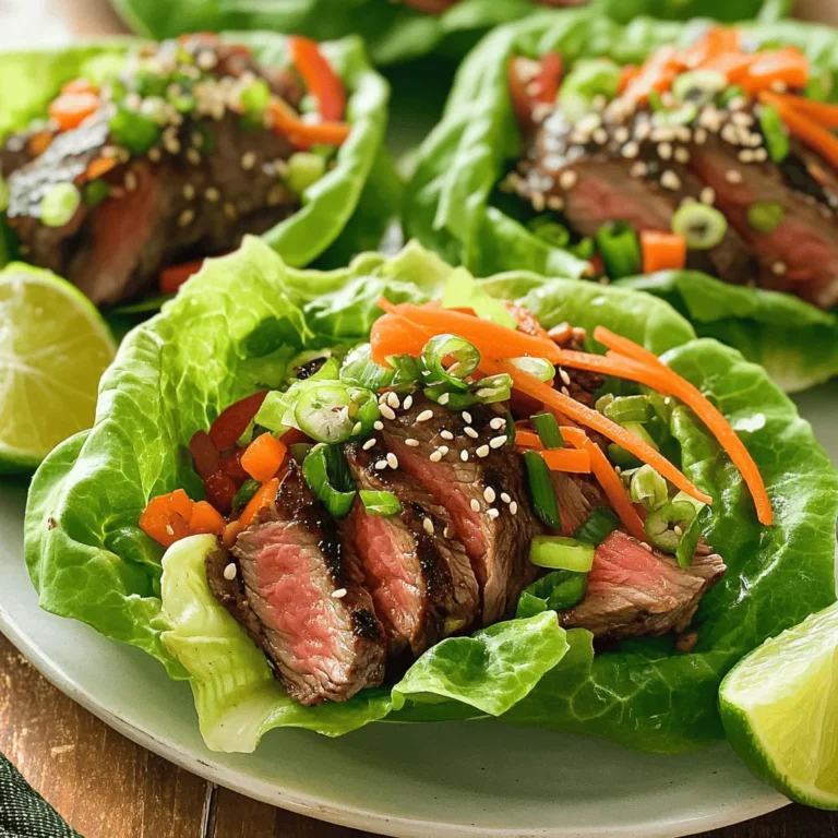 To make savory Steak & Sriracha Lettuce Wraps, you need simple and fresh ingredients. Here’s what you will need: - 1 lb flank steak, thinly sliced - 2 tablespoons soy sauce - 1 tablespoon sesame oil - 2 tablespoons Sriracha sauce - 1 tablespoon brown sugar - 1 teaspoon garlic powder - 1 teaspoon ginger powder - 1 head of butter lettuce or romaine - 1 cup shredded carrots - 1 red bell pepper, thinly sliced - 1/4 cup chopped green onions - Sesame seeds for garnish - Lime wedges for serving This mix of flavors makes the wraps tasty and fun to eat. You can adjust the Sriracha to control the heat. The fresh veggies add crunch, while the steak brings a hearty bite. I love the way this recipe comes together to create a meal that feels special yet easy to make. For the full recipe, check out the details above. To start, I combine the soy sauce, sesame oil, Sriracha, brown sugar, garlic powder, and ginger powder in a bowl. I whisk these ingredients together until smooth. This marinade adds great flavor to the steak. Next, I coat the flank steak in the marinade. It’s important to cover all sides well. I then cover the bowl with plastic wrap. Refrigerating for 30 minutes to 2 hours helps the steak absorb the flavors. I heat my skillet or grill pan on medium-high heat. Once hot, I add the marinated steak in a single layer. Cooking it for 3-4 minutes on each side gives it a nice sear. After cooking, I let the steak rest for a few minutes. Resting helps keep the juices inside. While the steak rests, I arrange the lettuce leaves on a serving platter. I like to use butter lettuce or romaine. The large leaves make perfect little wraps. After resting, I slice the steak into bite-sized pieces. I take a lettuce leaf and place some steak in the center. Then, I add shredded carrots, slices of red bell pepper, and chopped green onions. For an extra kick, I drizzle some of the leftover marinade over the top. Finally, I top the wraps with sesame seeds for a nice crunch. I serve them with lime wedges on the side. A squeeze of lime adds a fresh touch. You can find the full recipe [here](#). For the best flavor, marinate the steak for at least 30 minutes. If you have time, aim for 2 hours. This longer time helps the flavors soak in. If you like it spicy, adjust the Sriracha. Start with 1 tablespoon for mild heat. Add more Sriracha to increase the spice level. The best way to cook flank steak is on a grill or in a hot skillet. Heat your skillet to medium-high. This high heat gives a nice sear. Cook the steak for about 3-4 minutes on each side. This will give you a tender steak. To check doneness, use a meat thermometer. Aim for 130°F for medium-rare. Make your wraps look great. Use large lettuce leaves for easy wrapping. Lay them out on a platter. Arrange them in a circle for a fun look. Place the lime wedges around the wraps. This adds color and makes it inviting. Enjoy the eye-catching display as much as the taste! {{image_4}} You can switch up the protein in these wraps. If you want a lighter touch, use chicken breast. Just slice it thinly like the flank steak. For a vegetarian option, try tofu. Press the tofu to remove water, then cut it into pieces. Adjust the marinade for these proteins by using the same amounts of soy sauce and sesame oil. Feel free to add extra spices to suit your taste. Feel free to get creative with your veggies. You can add sliced cucumbers, shredded cabbage, or even avocado. Each one brings a new taste and crunch. Don't be shy about trying different sauces too. A peanut sauce or sweet chili sauce can add a fun twist. Just remember to drizzle lightly so it doesn't overpower the other flavors. If you need a gluten-free version, look for gluten-free soy sauce. It works just as well as regular soy sauce in the marinade. For wraps, use lettuce like butter or romaine. You can also try rice paper for a different texture. Topping with fresh herbs like cilantro can add a burst of flavor, too. To keep your Steak & Sriracha Lettuce Wraps fresh, cool them quickly after serving. Place any leftover wraps in a shallow container. This helps them cool evenly. Use airtight containers to keep moisture in and air out. It’s best to eat leftovers within two days for optimal taste. When reheating steak, use a skillet over low heat. This keeps the meat juicy. You can also microwave the steak for quick heating, but do it in short bursts. Wraps can lose their crunch, so eat them fresh. If needed, prepare new lettuce leaves for the best experience. You can freeze marinated steak before cooking. Place it in a freezer bag, removing as much air as possible. When you’re ready, take it out and thaw overnight in the fridge. After thawing, cook it as per the Full Recipe. Enjoy a quick meal without loss of flavor! To make your wraps spicier, you can add more Sriracha. Start with a little extra and taste. You can also mix in chili flakes for more heat. If you want a smoky flavor, try chipotle sauce. Always adjust to fit your heat level. Yes, you can use different lettuce types! Butter lettuce and romaine are great choices. They hold fillings well and add a nice crunch. You could also use green leaf or iceberg lettuce for a lighter wrap. Choose what you like best. Serve these wraps with fresh veggies or rice. Sliced cucumbers and radishes make a nice side. You can also pair them with a tangy dip like peanut sauce or a light soy sauce. These sides add flavor and texture. For the best flavor, marinate the steak for at least 30 minutes. You can go up to 2 hours for a deeper taste. Avoid marinating for too long, as the meat might become too soft. Just stick to that time frame for great results. If you lack Sriracha, use another hot sauce. Try a chili garlic sauce or even a homemade chili paste. You can also mix hot sauce with a bit of honey for sweetness. Always taste and adjust to find the right heat for your wraps. For the complete recipe, check the Full Recipe section above. The Steak & Sriracha Lettuce Wraps offer a tasty mix of flavors and textures. You’ve learned how to marinate the steak and create a fresh and appealing dish. With tips on cooking and presentations, you can impress your friends and family. Don't hesitate to try different proteins and vegetables to suit your taste. These wraps are fun to make and share. Enjoy experimenting with recipes, and have a great time cooking!
